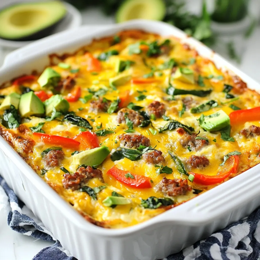 - 8 large eggs - 1 cup milk (or a dairy-free alternative) - 1 cup shredded sharp cheddar cheese - 1 cup diced bell peppers (red, yellow, and green) - 1 cup fresh spinach, chopped - 1 cup cooked and crumbled breakfast sausage - 1 small onion, finely diced - 1 teaspoon garlic powder - 1 teaspoon salt - ½ teaspoon black pepper - ½ teaspoon smoked paprika - 6 slices of whole-grain bread, cut into cubes These ingredients create a tasty and filling breakfast casserole. The eggs provide protein, while cheese adds richness. The colorful bell peppers and spinach give vitamins and a fresh taste. The sausage brings a savory flavor that many love. - Chopped tomatoes - Sliced mushrooms - Zucchini, diced - Fresh herbs (like basil or chives) - Hot sauce for a spicy kick Feel free to add your favorite veggies or herbs. This flexibility helps you make the dish your own. Each added option can change the taste and texture to suit your family’s likes. - Use almond or oat milk for dairy-free needs. - Swap breakfast sausage with plant-based sausage for a vegetarian option. - Choose gluten-free bread for a gluten-free casserole. These swaps let everyone enjoy this breakfast dish. Adjusting the ingredients helps meet different dietary needs without losing flavor. {{ingredient_image_2}} Start by preheating your oven to 375°F (190°C). Grease a 9x13 inch baking dish with non-stick spray or olive oil. In a large bowl, whisk together 8 large eggs and 1 cup of milk. Add 1 teaspoon of salt, ½ teaspoon of black pepper, 1 teaspoon of garlic powder, and ½ teaspoon of smoked paprika. Mix until the eggs are frothy and well combined. Now, take the cubed whole-grain bread and spread it evenly across the bottom of the baking dish. This will soak up all the tasty flavors. Next, layer 1 cup of cooked breakfast sausage, 1 cup of diced bell peppers, 1 cup of chopped spinach, and 1 small diced onion over the bread. Make it colorful and nutritious! Carefully pour the egg mixture over the layers, ensuring it coats everything. Finally, sprinkle 1 cup of shredded cheddar cheese on top. Cover the dish with aluminum foil and refrigerate for at least 30 minutes, or overnight if you can wait. This helps the flavors blend. When ready, place the covered dish in the oven and bake for 30 minutes. After that, remove the foil and bake for another 15-20 minutes until it's puffed and golden brown. When it's done, let it rest for a few minutes before slicing. This helps you serve perfect squares. Enjoy your easy family delight! To get the best texture for your casserole, use fresh bread. Whole-grain bread adds a nice chew. Cut it into cubes and let it soak up the egg mix. Refrigerating the casserole helps the bread absorb flavors. Bake it until golden brown for a crisp top. Let it rest before slicing. This step keeps the pieces intact. One mistake is not greasing the pan well. If the dish sticks, it’s hard to serve. Another is overbaking, which can dry out the casserole. Keep an eye on the time. Also, don’t skip the resting time after baking. This makes slicing easier and helps flavors settle. Add fresh herbs like parsley or chives on top for a burst of freshness. You can also mix in different spices like cumin or chili powder for warmth. For a cheesy twist, try adding feta or goat cheese. Top with sliced avocado or fresh fruit for a balanced plate. Pro Tips Prep Ahead: Prepare the casserole the night before and let it sit in the fridge overnight. This will enhance the flavors and make your morning prep a breeze. Customize Your Veggies: Feel free to swap in your favorite vegetables or whatever you have on hand. Zucchini, mushrooms, or tomatoes can add delicious variations. Cheese Variations: Experiment with different types of cheese such as feta, mozzarella, or pepper jack to create unique flavor profiles. Serving Suggestions: Serve with a side of fresh fruit or a light salad to balance out the richness of the casserole. {{image_4}} You can easily make this casserole vegetarian or vegan. For a vegetarian dish, skip the sausage or use plant-based sausage. For a vegan version, replace the eggs with a mix of tofu and turmeric. Use almond or oat milk to keep it creamy. Nutritional yeast can add a cheesy flavor without dairy. If you want to switch up the protein, there are many options. You can use diced cooked chicken or turkey for a heartier meal. Tempeh or seitan work well for a meat-like texture in vegan recipes. Beans like black beans or chickpeas also add protein and flavor. Think about adding different spices and herbs for variety. Try adding fresh herbs like basil or cilantro for a fresh taste. You can also use salsa or hot sauce to spice things up. Adding sun-dried tomatoes or olives can give a Mediterranean twist. Use different cheeses, like feta or pepper jack, for added depth. Store leftover breakfast casserole in an airtight container. This keeps it fresh and tasty. Let it cool fully before sealing. Try to eat leftovers within three days for best flavor. To reheat, place a slice on a microwave-safe plate. Heat it for about one minute. Check if it’s warm enough; if not, heat for an additional 30 seconds. You can also reheat it in the oven at 350°F (175°C) for about 15–20 minutes. Cover it with foil to keep it moist. You can freeze the casserole before baking. Wrap it tightly in plastic wrap, then foil. This helps avoid freezer burn. When ready to eat, thaw it overnight in the fridge. Bake it straight from the fridge or let it sit at room temperature for 30 minutes before baking. Cooking it from frozen may take longer, around 50–60 minutes. To make this casserole gluten-free, swap the whole-grain bread for gluten-free bread. Look for bread labeled gluten-free at your local store. You can also use gluten-free bread crumbs. This change keeps the dish tasty and safe for those with gluten allergies. Yes, you can use egg substitutes to make this dish vegan or egg-free. Good options include flax eggs or chia seeds. To make one flax egg, mix one tablespoon of flaxseed meal with three tablespoons of water. Let it sit for a few minutes until it thickens. Use the same amount as you would for eggs. Your breakfast casserole can last in the fridge for about 3 to 5 days. Make sure to cover it tightly with foil or plastic wrap. This helps keep it fresh and moist. When ready to eat, simply reheat it in the oven or microwave. Serve your casserole with fresh fruit for a sweet touch. Sliced avocado pairs well, too. You can also add yogurt or a light salad. These sides bring color and balance to the meal, making it even more delightful. This article covered key ingredients for your breakfast casserole, with options to customize to fit your needs. I shared step-by-step instructions for mixing, layering, and baking your dish. We also looked at tips to perfect texture and flavor, as well as various dietary options and storage methods. In summary, make this casserole your own by playing with flavors and ingredients. Enjoy your cooking and impress your family and friends with this delicious meal!