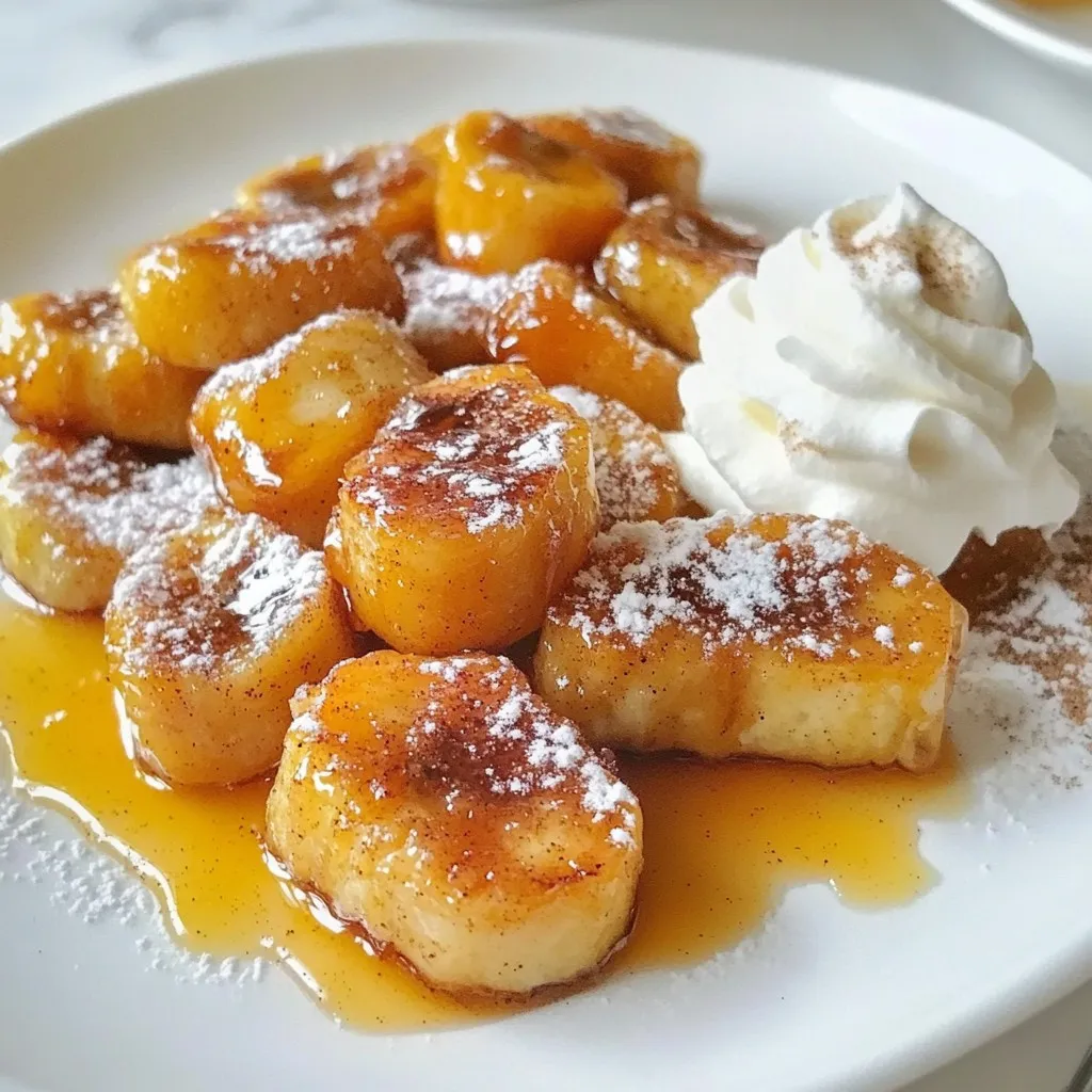 - 2 ripe bananas, sliced into 1/2-inch rounds - 2 tablespoons unsalted butter - 3 tablespoons packed brown sugar - 1 teaspoon ground cinnamon - A pinch of salt - Optional toppings: Whipped cream or vanilla ice cream To make Cinnamon Sugar Pan Fried Bananas, you need just a few ingredients. First, grab two ripe bananas. The riper the bananas, the sweeter they will be. Slice them into rounds that are about half an inch thick. Next, you need some unsalted butter. You will use two tablespoons to help cook the bananas and add richness. For sweetness and flavor, gather three tablespoons of packed brown sugar. This will caramelize beautifully when heated. You also need one teaspoon of ground cinnamon. This spice gives the dish its warm, comforting taste. Lastly, add a pinch of salt. This little bit enhances the flavors and balances the sweetness. If you want to take it up a notch, consider optional toppings. Whipped cream or vanilla ice cream pairs perfectly with the warm bananas. These ingredients come together to create a delightful treat that feels special and tastes amazing. {{ingredient_image_2}} In a small bowl, combine three tablespoons of brown sugar, one teaspoon of ground cinnamon, and a pinch of salt. Mix them well until they blend nicely. This mixture adds a sweet and spicy flavor to our dish. Next, place a large skillet over medium heat. Add two tablespoons of unsalted butter to the pan. Let it melt slowly, keeping an eye on it. You want the butter to foam slightly, but do not let it turn brown. That can change the taste. Once the butter is melted, add the sliced bananas to the skillet. Make sure to lay them out in a single layer. Cook them for about one to two minutes. You want them to soften but still hold their shape. Now, sprinkle half of your cinnamon sugar mixture over the bananas. Using a spatula, gently flip the bananas to coat them in sugar. Let them cook for another one to two minutes. This will help them caramelize and turn a lovely golden brown. Carefully take the bananas out of the skillet and place them on a serving plate. Sprinkle the remaining cinnamon sugar mixture over the warm bananas. This extra touch intensifies the flavor and makes them even more delicious. Enjoy your warm cinnamon sugar pan-fried bananas right away. For an extra treat, add a fluffy dollop of whipped cream or a scoop of vanilla ice cream. This makes your dessert even more special and fun to eat! For the best taste, use ripe bananas. They should be yellow with a few brown spots. This ripeness means they are sweet and soft. Overripe bananas will be mushy, while underripe bananas will not taste as good. You want bananas that are firm yet can be easily sliced. This balance gives your dish great flavor and texture. When cooking, keep the heat at medium. If the butter gets too hot, it will brown. Brown butter has a nutty taste, which can change the flavor of your dish. Watch the butter closely. When it foams but does not brown, it's ready. This careful step ensures your bananas cook perfectly without any burnt taste. Serve your pan-fried bananas warm. They are delicious on their own, but toppings can make them even better. Try adding a scoop of vanilla ice cream or a dollop of whipped cream. This adds creaminess and richness to the dish. You can also drizzle the leftover melted butter from the pan over the bananas for extra flavor. A sprinkle of extra cinnamon can make your dish look fancy and taste amazing! Pro Tips Choose the Right Bananas: Opt for ripe bananas that are slightly speckled for the best flavor and sweetness. Monitor the Heat: Keep the skillet on medium heat to avoid burning the sugar while caramelizing the bananas. Experiment with Spices: Try adding a pinch of nutmeg or vanilla extract to the cinnamon sugar for a unique twist. Serving Suggestions: For an extra indulgent experience, serve with a drizzle of chocolate sauce or a sprinkle of chopped nuts. {{image_4}} You can make your cinnamon sugar pan-fried bananas even better. Try adding nuts like walnuts or almonds. They give a nice crunch. You can also add other fruits. Sliced strawberries or apples can bring new flavors. Mix and match to find your favorite. Want to change up the taste? Try adding spices like nutmeg or allspice. A pinch can make a big difference. Nutmeg adds warmth, while allspice brings a hint of sweetness. Don't be afraid to play around. You might create your new favorite treat! You can make this treat a bit healthier. Use coconut oil instead of butter for a lighter option. For less sugar, try using honey or maple syrup. These swaps can lower calories while keeping the flavor. Enjoy a tasty dessert without the guilt! To keep your cinnamon sugar pan-fried bananas fresh, store them in an airtight container. Place them in the fridge. They will stay tasty for up to two days. Make sure to let them cool to room temperature before sealing them up. This way, you prevent extra moisture that can make them mushy. When you're ready to enjoy leftovers, reheat them on the stove for the best taste. Use a small pan over low heat. Add a little butter to the pan to help with flavor. Heat for about 2-3 minutes until warm. This keeps the bananas soft and tasty, without losing their charm. Can you freeze cinnamon sugar pan-fried bananas? Yes, but they may change in texture. If you want to freeze them, place the bananas in a single layer on a baking sheet. Freeze for a few hours, then transfer them to a freezer bag. They can last up to a month. When you’re ready to use them, thaw them in the fridge overnight. They may not be as firm, but they will still taste great! You can use frozen bananas, but they change texture. Fresh bananas keep their shape and firmness when cooked. Frozen ones become mushy. If you use frozen, thaw them first. Drain any extra liquid. This helps avoid a soggy dish. If you want a dairy-free option, use coconut oil or vegan butter. Both give a nice flavor. You can also use olive oil for a different taste. Just measure the same amount as butter. This still keeps your bananas rich and tasty. To cut the sweetness, reduce the brown sugar. Use just one tablespoon instead of three. You can also add a splash of lemon juice. This balances the flavors. If you like spice, try adding nutmeg or ginger for extra flavor without more sugar. This recipe for cinnamon sugar pan-fried bananas is easy and fun. You learned the key steps: sautéing ripe bananas and mixing in sugar and spice. Remember, picking ripe bananas makes a big difference. You can even try add-ins for more flavor. Storing leftovers is simple too. Whether you enjoy them warm or topped with ice cream, this treat satisfies. Happy cooking, and enjoy your sweet creation!