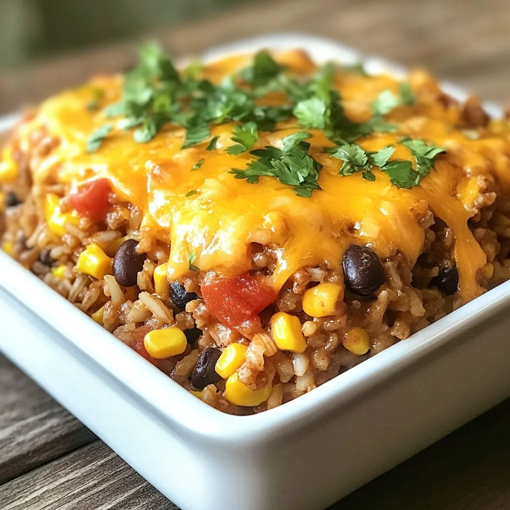- 1 pound ground beef - 1 cup uncooked brown rice - 1 medium onion, finely diced - 2 cloves garlic, minced - 1 can (14.5 oz) diced tomatoes with green chilies (do not drain) - 1 can (15 oz) black beans, thoroughly rinsed and drained - 1 cup corn (can be frozen or canned) - 2 cups beef broth - 2 cups shredded cheddar cheese, divided - 1 teaspoon chili powder - 1 teaspoon ground cumin - Salt and pepper to taste - Fresh cilantro, chopped (for garnish) This casserole shines with its simple yet hearty ingredients. Ground beef gives it a rich flavor that pairs well with the chewy brown rice. The diced tomatoes add a kick, while the black beans boost protein. Corn adds sweetness, making each bite satisfying. You’ll want two cups of cheddar cheese for that creamy, gooey finish. The chili powder and cumin bring warmth and depth, making every bite a delight. Don’t forget to season with salt and pepper for balance. Garnishing with fresh cilantro adds a pop of color and freshness. These ingredients come together for a meal everyone will love. {{ingredient_image_2}} - Preheat the oven to 350°F (175°C). - In a large skillet, brown 1 pound of ground beef over medium heat. Drain excess fat. - Sauté 1 medium onion, finely diced, and 2 cloves of minced garlic until soft. - Add 1 cup uncooked brown rice, 1 can of diced tomatoes, 1 can of black beans, and 1 cup of corn. Pour in 2 cups of beef broth, then stir in 1 teaspoon of chili powder, 1 teaspoon of ground cumin, and salt and pepper to taste. Bring this mixture to a simmer. - Stir in 1 cup of shredded cheddar cheese until melted. - Transfer the mixture to a greased 9x13 inch baking dish. Top with the remaining cheese. - Bake for 15-20 minutes, until the cheese is bubbly and golden. - Use uncooked rice for the best texture. - Stir the mix now and then to stop it from sticking. - Add spices like paprika or cayenne for more zest. - Try different cheeses like Monterey Jack or pepper jack for variety. - Serve it with crunchy tortilla chips for a fun texture. - Top with fresh cilantro to add color and taste. Pro Tips Use Lean Ground Beef: Opt for lean ground beef to reduce the fat content in your casserole, making it a healthier option without sacrificing flavor. Customize Your Cheese: Feel free to mix different types of cheese, such as pepper jack or Monterey Jack, for a unique twist on the cheesy topping. Make It Ahead: Prepare the casserole a day in advance and store it in the fridge. Just bake it when you're ready to serve for a quick meal. Add More Veggies: Incorporate additional vegetables like bell peppers or zucchini to boost nutrition and add more texture to the dish. {{image_4}} - Substitute ground turkey for a lighter option. - Use quinoa or cauliflower rice for a healthier twist. These swaps keep the dish tasty but can change the nutrition. Ground turkey has less fat than beef. Quinoa and cauliflower rice add fiber and nutrients. They also work great with cheese and spices. - Create a vegetarian version by omitting beef and using more beans. - Make it gluten-free by ensuring broth and other ingredients are certified. By skipping beef, you can use beans like black or kidney for protein. This change makes it filling and yummy. Always check labels for gluten-free options. - Add diced bell peppers or jalapeños for extra heat. - Incorporate a splash of hot sauce for a spicy kick. Bell peppers add crunch and color. Jalapeños give a nice burn. Hot sauce can make every bite exciting. Try these to customize your casserole to your taste. After you enjoy the casserole, let it cool completely. This helps keep the texture nice. Then, place it in an airtight container. You can keep it in the fridge for up to 4 days. This way, you can enjoy the flavors again later. If you want to save some for later, freeze portions in freezer-safe containers. This dish lasts up to 3 months in the freezer. When you're ready to eat, thaw it in the fridge overnight. This keeps the texture and taste intact. For the best results, reheat the casserole in the oven. Preheat it to 350°F (175°C). Before baking, add a splash of beef broth. This helps keep the casserole moist and flavorful. Enjoy your meal again as if it were fresh out of the oven! Prep time is 15 minutes. The total time is 50 minutes. This recipe serves 6 people. Yes, you can use white rice. Just remember that white rice cooks faster. This casserole pairs well with a fresh green salad. You can also serve it with tortilla chips for extra crunch. This blog post shared an easy recipe for Cheesy Hamburger Rice Casserole. You learned about the main ingredients, step-by-step cooking instructions, tips to enhance flavor, and variations for different diets. You can store leftovers or freeze portions too. Enjoy making this dish as it is filling and fun! With its tasty flavors and simple steps, you'll want to share it with friends and family. Happy cooking!