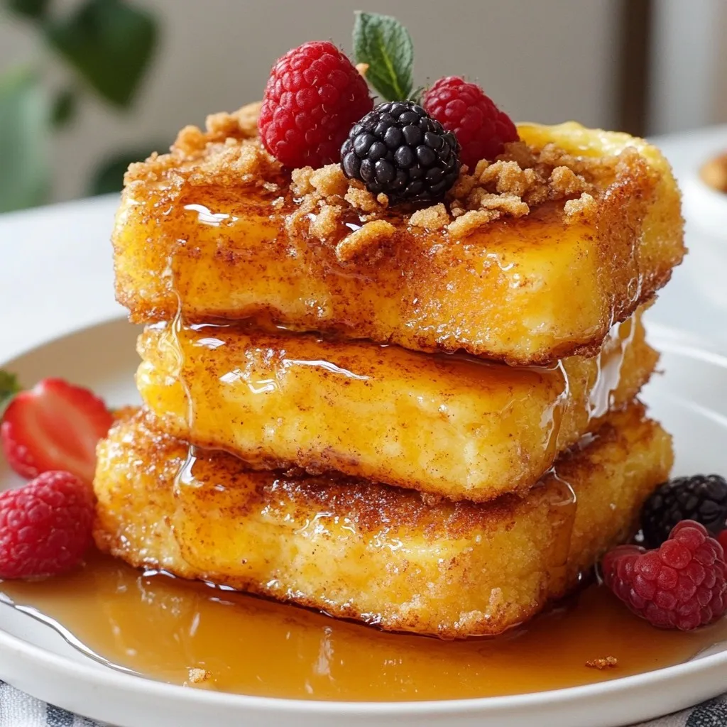 To make Fluffy Cinnamon Crunch French Toast, you'll need the following ingredients: - 4 slices thick-cut brioche or challah bread - 2 large eggs - 1/2 cup milk (you can choose whole or almond) - 1 teaspoon vanilla extract - 1 teaspoon ground cinnamon - 1/4 teaspoon ground nutmeg - 1 tablespoon granulated sugar - A pinch of salt - 1 cup cornflakes, crushed into smaller pieces - 2 tablespoons unsalted butter (for frying) - Maple syrup, for drizzling - Fresh berries (strawberries or blueberries, for garnish - optional) Each of these ingredients plays a key role. The brioche or challah gives the dish its fluffy texture. The eggs and milk create a rich soak that flavors each slice. Vanilla, cinnamon, and nutmeg add warmth and depth. The crushed cornflakes provide a delightful crunch. Butter adds richness while cooking, and maple syrup and berries make the dish extra special. When you gather these items, make sure they are fresh. Quality matters for the best flavor. Enjoy the process of preparing this tasty treat! {{ingredient_image_2}} Start by cracking the eggs into a shallow bowl. Add the milk, vanilla extract, ground cinnamon, nutmeg, sugar, and a pinch of salt. Use a whisk to mix everything together. Make sure to whisk until the mixture is smooth and well combined. You want a nice, creamy texture. This mixture gives the French toast its rich flavor. Next, grab a cup of cornflakes. Place them in a zip-top bag and crush them into smaller pieces. You can use a rolling pin or your hands. Spread the crushed cornflakes evenly on a plate. This will be the crunchy coating that makes the toast special. Now, it’s time to cook! Preheat your skillet or griddle over medium heat. Add 1 tablespoon of butter and let it melt, swirling it around to coat the pan. Dip a slice of brioche into the egg mixture. Make sure both sides are coated but not too soggy. Let any extra mixture drip off. Then, press the soaked bread into the crushed cornflakes. Ensure an even coating for a delicious crunch. Carefully place the bread slices on the hot skillet. Cook for about 3-4 minutes on each side. Look for a golden brown color and a crispy exterior. Add more butter for flavor as needed. Once cooked, stack the slices neatly on a plate. Enjoy your Fluffy Cinnamon Crunch French Toast warm, drizzled with maple syrup and topped with fresh berries if you like! To make fluffy French toast, start with the right bread. Thick-cut brioche or challah works best. These breads soak up the egg mixture well without falling apart. Next, focus on the egg soaking technique. Whisk the eggs and milk until smooth. Dip each bread slice into this mixture. Make sure both sides are coated but not too soggy. Let any extra egg drip off. This helps keep the toast fluffy. For a great crunch, pay attention to the cornflake coating. Crush the cornflakes into smaller pieces, but not too fine. You want a nice texture. When coating the bread, press down gently to ensure even coverage. Cooking temperature is key as well. Make sure your skillet is hot, but not too hot. Medium heat works best. This lets the cornflakes crisp up while the inside remains fluffy. Choosing the right syrup can make a difference. Maple syrup is a classic choice. It pairs well with the cinnamon flavor. You can also try berry syrup for a fruity twist. For garnishing, fresh berries add color and taste. Strawberries or blueberries work great. Stack the French toast high on the plate. Drizzle with syrup and add berries on top for a beautiful presentation. Pro Tips Use Day-Old Bread: For the best texture, use day-old brioche or challah. This helps the bread absorb the egg mixture without becoming too soggy. Customize Your Crunch: Experiment with different cereals like Fruity Pebbles or Rice Krispies for a unique flavor twist on the crunchy exterior. Perfecting the Flip: Use a spatula to gently lift the French toast before flipping. This prevents tearing and ensures a beautiful presentation. Add Spice Variations: Feel free to mix in other spices such as cardamom or allspice for a more complex flavor profile in your egg mixture. {{image_4}} You can add more flavor to your French toast. Try mixing in a bit of nutmeg or cardamom. Both spices bring warmth and depth. Nutmeg adds a sweet, earthy taste. Cardamom gives a spicy, citrusy kick. You can also use different extracts. Almond extract works well for a unique twist. Vanilla is classic, but almond can surprise your taste buds. Get creative with your crunchy toppings! Instead of cornflakes, try crushed nuts. Almonds or pecans add a nice crunch. Granola is another tasty option. It gives extra texture and flavor. You can also experiment with different cereals. Cocoa puffs or even rice cereal can work. Each choice adds a new layer of fun and taste. If you need gluten-free options, use gluten-free bread. Many brands offer great choices that taste good. For a dairy-free version, swap out milk for almond or oat milk. These options keep your French toast creamy without dairy. You can still enjoy all the flavors while accommodating dietary needs. To store your Fluffy Cinnamon Crunch French Toast, first let it cool down. Place the slices in a single layer on a plate. Cover them with plastic wrap or foil. If you have more than one layer, separate them with parchment paper to avoid sticking. Store in the fridge for up to three days. You can reheat the French toast in several ways. For the oven, preheat it to 350°F (175°C). Place the slices on a baking sheet and heat for about 10-15 minutes. For the skillet, use medium heat and add a little butter. Cook each side for about 2-3 minutes. If you use the microwave, heat on high for 30 seconds to 1 minute. To keep the outside crispy, I suggest the oven or skillet method. To freeze your French toast, let it cool completely. Wrap each slice in plastic wrap or foil. Place them in a freezer-safe bag or container. They can stay in the freezer for up to two months. When you're ready to enjoy, remove a slice from the freezer. Reheat it directly from frozen. Use the oven or skillet methods mentioned above. It may take a bit longer, but it will taste fresh! To make this dish vegan, you can use substitutes for eggs and milk. For eggs, use 1/4 cup of unsweetened applesauce or a flax egg (1 tablespoon flaxseed meal mixed with 2.5 tablespoons water). For milk, almond milk or oat milk works well. These swaps keep the flavor and texture nice. Yes, you can prepare some parts ahead of time. Whisk the egg mixture and store it in the fridge. You can also crush the cornflakes and keep them in a separate container. When you’re ready to cook, just dip the bread and fry it up. Thick-cut brioche or challah bread is best. These breads soak up the egg mix well and stay soft inside. You can also try sourdough or Texas toast for a different flavor and texture. Choose bread that is fresh for the best results. This blog post covered how to make delicious Fluffy Cinnamon Crunch French Toast. I shared key ingredients, step-by-step instructions, and helpful tips. With variations for everyone, even dietary needs, you can customize this treat. Don’t forget about storage and reheating methods for leftovers; they help keep your meals fresh. Try experimenting with flavors and toppings to make it truly yours. Enjoy every bite and happy cooking!