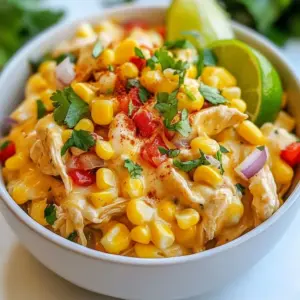 - 2 lbs boneless, skinless chicken breasts - 1 cup frozen corn kernels - 1 cup diced red bell pepper - 1 cup diced red onion - 1 jalapeño, seeded and finely chopped - 1 cup cream cheese, softened - 1 cup shredded mozzarella cheese - 1 tablespoon chili powder - 1 teaspoon cumin - 2 teaspoons garlic powder - Salt and pepper, to taste - Fresh cilantro, for garnish - Lime wedges, for serving The main ingredients in Slow Cooker Street Corn Chicken bring warmth and comfort. I love using boneless chicken breasts as they cook evenly and shred easily. The combination of frozen corn, red bell pepper, and red onion adds color and crunch. The jalapeño gives a nice kick, but you can adjust it based on your spice level. The creamy mixture is where the magic happens. Softened cream cheese blends with shredded mozzarella to create a rich, velvety sauce. This mix makes the dish feel special and comforting. For seasoning, I use a simple blend. Chili powder and cumin add warmth. Garlic powder adds depth. Salt and pepper enhance all the flavors. Fresh cilantro brightens the dish, and lime wedges add a zesty touch when serving. These ingredients come together to make a dish that's not just tasty but also fun to eat! {{ingredient_image_2}} To start making Slow Cooker Street Corn Chicken, I first place 2 lbs of boneless, skinless chicken breasts at the bottom of my slow cooker. I make sure they lay flat. This helps them cook evenly. Next, I layer 1 cup of frozen corn, 1 cup of diced red bell pepper, and 1 cup of diced red onion on top of the chicken. I also add 1 finely chopped jalapeño for a bit of heat. This mix of colorful veggies makes the dish bright and tasty. Now, I move on to the creamy mixture. In a medium bowl, I blend 1 cup of softened cream cheese with 1 cup of shredded mozzarella cheese. I stir until smooth. Then, I add 1 tablespoon of chili powder, 1 teaspoon of cumin, and 2 teaspoons of garlic powder. I season with salt and pepper to taste. This mixture adds rich flavor to our dish. Next, I carefully pour the creamy mixture over the layered chicken and veggies. It’s important to cover everything evenly. This ensures that each bite is full of flavor. After that, I secure the lid on the slow cooker. I can choose to cook on low for 6-7 hours or high for 3-4 hours. I like the low setting for more tender chicken. Once the cooking time is up, I use two forks to shred the chicken right in the slow cooker. Shredding while it is still hot makes it easier. After shredding, I mix everything together well. This combines the chicken, veggies, and creamy sauce into a delicious blend. Before serving, I taste the dish and adjust the seasoning with more salt or pepper if needed. When it’s ready, I ladle the warm street corn chicken into bowls. I add a generous sprinkle of fresh cilantro on top and serve with lime wedges. The lime adds a zesty touch that makes the meal pop! To ensure even cooking, always lay the chicken breasts flat in the slow cooker. This allows heat to circulate properly. Layer the corn and veggies evenly over the chicken. The more balanced your layers are, the better the flavors mix. Before serving, taste your dish. If it needs more flavor, add salt or pepper. You want it to be tasty and satisfying. A small change can make a big difference! When you serve the street corn chicken, use bowls to present it nicely. Ladle the chicken into bowls and add lime wedges on the side. This adds a bright touch. For extra flair, sprinkle chopped cilantro on top. It not only looks good but also adds fresh flavor. Pair this dish with some warm tortillas or rice. These sides soak up the delicious sauce and make every bite better. One common mistake is overcrowding the slow cooker. If you add too much food, it won’t cook evenly. Stick to the recipe amounts for the best results. Another mistake is not using enough seasoning. The spices and herbs are key to a great flavor. Don’t be shy to taste and adjust as you go. Your taste buds will thank you! Pro Tips Use Fresh Ingredients: Whenever possible, use fresh corn and vegetables to enhance the flavor and texture of the dish. Adjust Spice Level: If you prefer a milder dish, reduce the amount of jalapeño or omit it altogether. For more heat, leave the seeds in. Serve with Sides: Consider pairing this dish with tortilla chips or warm tortillas for a more complete meal experience. Make It Ahead: This recipe can be prepared in advance and stored in the refrigerator. Reheat it on the stove or in the microwave before serving. {{image_4}} You can switch proteins to fit your taste. Try using turkey or beef instead of chicken. These changes still give great flavor. For a dairy-free option, swap cream cheese for a nut-based cheese. This keeps your dish creamy and tasty. To boost the taste, add different spices. Smoked paprika adds a nice kick. Oregano brings a fresh twist. You can also try different cheeses. Pepper jack cheese gives a spicy twist to the dish. Each cheese choice can change the flavor. How you serve this dish can change your meal. Serve it over rice for a hearty bowl. You can also place it on tortillas for tasty wraps. Making street corn chicken tacos is a fun option too. Just spoon the mix into tortillas and enjoy! To store leftovers, let the dish cool first. Place it in an airtight container. This helps keep it fresh and tasty. You can store it in the fridge for up to three days. For reheating, use the microwave or stovetop. If using the microwave, heat in short bursts. Stir in between to ensure even heating. On the stovetop, warm it on low heat. Add a splash of water if it gets too thick. For meal prep, you can freeze Slow Cooker Street Corn Chicken. Use a freezer-safe container or bag. Make sure to remove as much air as possible. Label it with the date for easy tracking. It can last in the freezer for up to three months. When ready to eat, thaw it overnight in the fridge. To reheat, warm it in a pot on low heat or in the microwave. Stir well to mix the ingredients as they heat. In the fridge, your dish stays good for about three days. If frozen, it can last for three months. Remember to check for signs of spoilage before eating. If it smells off or looks strange, it’s best to discard it. Enjoy your Slow Cooker Street Corn Chicken while it's fresh for the best taste! Slow Cooker Street Corn Chicken is a tasty dish that brings a burst of flavor. It features juicy chicken, sweet corn, and fresh veggies. The cream cheese and mozzarella make it rich and creamy. The spices add a nice kick. You will love how all the flavors blend together in the slow cooker. Yes, you can make this dish ahead of time! You can prepare the ingredients the night before. Just place the chicken and veggies in the slow cooker. Mix the cream cheese mixture, cover, and refrigerate overnight. In the morning, set the slow cooker and go about your day. This makes meal prep easy for busy schedules. This dish pairs well with many sides. Here are some great options: - Rice or quinoa for a hearty base - Tortillas for tasty wraps - A fresh salad to balance the meal - Roasted vegetables for added color and flavor These sides will complement the dish and make your meal even better. You learned how to make a delicious Slow Cooker Street Corn Chicken. This dish features tender chicken, sweet corn, and vibrant peppers. With easy steps, you can enjoy great flavors without much fuss. Remember to adjust seasonings to your taste. You can even try different proteins and added spices for variety. Storing leftovers is simple too, so enjoy this meal for days. Look for ways to make it your own and share with friends. This recipe is a great find for a busy weeknight!
