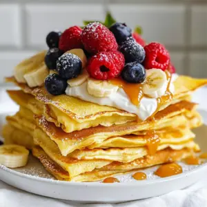 To make delicious protein crepes, you need a few key ingredients. Here’s what you will gather: - 1 cup almond flour - 1 cup egg whites (about 8 large eggs) - 1 tablespoon protein powder (vanilla flavor) - 1 teaspoon baking powder - 1/4 teaspoon sea salt - 1 tablespoon melted coconut oil - 1/2 cup unsweetened almond milk (or milk of your choice) These ingredients work together to create a light, fluffy texture that is also good for you. Protein crepes can be filled and topped in many tasty ways. Here are some fun ideas: - Greek yogurt - Fresh berries (like strawberries, blueberries, or raspberries) - Nut butter (like almond or peanut butter) - Sliced bananas Feel free to mix and match these toppings based on your taste. Each ingredient adds unique nutrients to your protein crepes. Here’s a quick look: - Almond flour: This is low in carbs and high in healthy fats. It also gives you fiber. - Egg whites: They are a great source of protein with minimal calories and fat. - Protein powder: This boosts the protein in your meal, helping you feel full longer. - Baking powder: It makes the crepes light and airy. - Sea salt: This adds flavor and helps balance the other ingredients. - Coconut oil: This provides healthy fats and adds a subtle taste. - Almond milk: It is low in calories and dairy-free, making it a good choice for many diets. With these ingredients, you create not just a meal, but a nutritious option for breakfast or a snack. {{ingredient_image_2}} To make the batter, start by mixing the dry ingredients. Grab a large bowl and add: - 1 cup almond flour - 1 tablespoon protein powder (vanilla flavor) - 1 teaspoon baking powder - 1/4 teaspoon sea salt Stir these well to avoid lumps. In another bowl, whisk together the wet ingredients: - 1 cup egg whites (about 8 large eggs) - 1/2 cup unsweetened almond milk (or milk of your choice) Mix this until smooth. Now, pour the wet mixture into the dry ingredients. Next, add 1 tablespoon of melted coconut oil. Stir until the batter is smooth. Let it rest for about 10 minutes. This helps the batter thicken and mix well. Heat a non-stick frying pan over medium heat. Lightly coat it with a bit of coconut oil. Once hot, pour about 1/4 cup of batter into the pan. Quickly tilt the pan to spread the batter into a thin layer. Cook for 2-3 minutes. Look for the edges to lift and the bottom to turn golden brown. Gently flip the crepe and cook for another 1-2 minutes. Transfer the cooked crepe to a plate. Repeat this until all the batter is used. Stack the crepes on the plate to keep them warm and soft. Now, it’s time to fill your crepes! You can choose from many tasty options. Here are some favorites: - Greek yogurt - Fresh berries - Nut butter - Sliced bananas Spread your choice of filling on each crepe. You can fold or roll them up. Serve warm for the best taste. For a nice touch, add extra fresh berries on top or drizzle some honey. Enjoy your protein-packed meal! To make a smooth batter, mix the dry and wet parts well. Start with the dry mix. In a big bowl, combine the almond flour, protein powder, baking powder, and sea salt. Stir until there are no lumps. Next, whisk the egg whites and almond milk in another bowl. Pour this wet mix into the dry mix. This helps blend everything nicely. Add melted coconut oil at the end. Let the batter rest for about ten minutes. This will help it thicken. Use a non-stick pan for easy flipping. Heat the pan over medium heat. Lightly grease the pan with coconut oil. Pour about 1/4 cup of batter into the pan. Quickly swirl the pan to spread the batter evenly. Cook for 2-3 minutes until the edges lift. Flip the crepe gently and cook for another 1-2 minutes. This way, you get a golden, soft crepe. One common mistake is not waiting for the batter to rest. This step is key for texture. Also, avoid using too much heat. If the pan is too hot, the crepes can burn. Using too little oil can also cause sticking. Finally, don’t crowd the pan; cook one crepe at a time for best results. Pro Tips Use Fresh Ingredients: Always opt for fresh eggs and quality ingredients to enhance the flavor and nutritional value of your crepes. Perfect Heat Control: Ensure your pan is at the right temperature before pouring in the batter; too hot will burn the crepes, while too cool will make them soggy. Rest the Batter: Allowing the batter to rest for at least 10 minutes helps achieve a smoother texture and better consistency in your crepes. Experiment with Fillings: Don’t hesitate to try different fillings like nut butters, cottage cheese, or even savory options like spinach and cheese for a unique twist! {{image_4}} To make vegan protein crepes, swap out the egg whites. Use 1 cup of silken tofu blended until smooth. Replace the almond milk with plant-based milk, like oat or soy. Add 1 tablespoon of ground flaxseed mixed with 3 tablespoons of water as a binding agent. This mix will create a great texture. Follow the same steps to cook the crepes. You’ll have tasty vegan crepes that are still full of protein! For gluten-free protein crepes, stick with almond flour. Make sure your protein powder is gluten-free too. You can use rice flour or coconut flour instead of almond flour if you prefer. The key is to keep the ratios balanced. Mix dry ingredients well and use the same amounts of liquid. This way, you’ll have thin, gluten-free crepes that are just as good! You can change the taste of your crepes by using different protein powders. Try chocolate, strawberry, or peanut butter flavors. Each type adds its own twist to the crepes. For a sweeter touch, add a bit of vanilla extract or almond extract. Mix in spices like cinnamon or cocoa powder for extra flavor. Experiment with these variations to find your favorite combination! If you have extra crepes, store them properly. Place them in a stack between layers of parchment paper. This prevents them from sticking. Wrap the stack tightly in plastic wrap. Store them in the fridge for up to three days. To reheat crepes, use a non-stick pan. Heat the pan over medium heat. Place a crepe in the pan for about 30 seconds on each side. You can also use a microwave. Heat the crepe for 15-20 seconds on a plate. This keeps them soft and warm. You can freeze crepes for later. Stack the cooled crepes with parchment paper between each one. Wrap the stack in plastic wrap, then place it in a freezer bag. They can last up to two months in the freezer. Thaw them in the fridge overnight before reheating. Yes, you can use whole eggs. However, using egg whites keeps the crepes lighter. Whole eggs add more fat and calories. If you want a richer taste, go for whole eggs. For a protein boost, stick with egg whites. The best toppings include: - Greek yogurt - Fresh berries - Nut butter - Sliced bananas These toppings add flavor and nutrition. You can mix and match to find your favorite combo. For a sweeter touch, drizzle honey or maple syrup on top. To make these crepes dairy-free, use almond milk instead of regular milk. Almond milk keeps the taste light and fresh. You can also try coconut milk for a creamier texture. Just ensure your protein powder is dairy-free, too. You can increase protein by adding more protein powder. Try 2 tablespoons instead of 1. Another option is to fill the crepes with cottage cheese or more Greek yogurt. This adds protein without changing the flavor much. In this blog post, we explored how to make tasty protein crepes. We covered key ingredients and how each adds nutrition. I shared step-by-step instructions, tips, and tricks for perfect results. You learned about variations, storage, and answered common questions. Protein crepes are easy to make and customize. With practice, you can enjoy them anytime. Now, you have the knowledge to whip up these healthy delights. Enjoy your cooking journey!