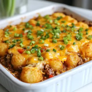 - 1 pound ground beef (or turkey for a leaner option) - 1 can (15 oz) of your favorite chili (choose with or without beans based on preference) - 1 cup shredded sharp cheddar cheese - 1 cup shredded pepper jack cheese - 1 bag (32 oz) frozen tater tots - 1 can (10.5 oz) cream of mushroom soup - 1 tablespoon taco seasoning (or more for extra flavor) - 1/2 cup onion, finely diced - 1/2 cup bell pepper, finely diced - 1 tablespoon olive oil - Salt and pepper, to taste - 1/4 cup fresh green onions, chopped (for garnish) - Sour cream or guacamole {{ingredient_image_2}} - Preheat the oven to 400°F (200°C). This step is key for even cooking. - Grease a 9x13 inch baking dish to keep the casserole from sticking. - In a skillet, heat 1 tablespoon of olive oil on medium heat. - Add 1/2 cup of diced onion and 1/2 cup of diced bell pepper. Cook them until soft, about 5 minutes. - Next, add 1 pound of ground beef or turkey. Cook until browned, around 7 to 10 minutes. Break it apart as it cooks. - Drain any extra fat. Then, stir in 1 tablespoon of taco seasoning and cook for another minute. - In a large bowl, mix the cooked meat, 1 can of chili, and 1 can of cream of mushroom soup. - Add half of the shredded cheddar and pepper jack cheese. Stir well to combine. - Spread this mixture evenly in the prepared baking dish. - Take a bag of frozen tater tots and layer them over the beef mixture in a single row. - Finally, sprinkle the rest of the shredded cheese on top of the tater tots. - Bake in the preheated oven for 25 to 30 minutes. Look for a golden-brown color on the tater tots for doneness. - Let the casserole cool for a few minutes before serving. Garnish with chopped green onions for a fresh touch. Enjoy! To avoid soggy tater tots, keep a few things in mind. First, use a baking dish that isn’t too deep. This helps the heat circulate. Next, bake at the right temperature. Preheat your oven to 400°F (200°C) for an even cook. Finally, don’t cover the casserole with foil while it bakes. This keeps the tots crispy. For browning meat, make sure your skillet is hot. This helps the meat sear well. Break the meat into small pieces. This allows it to brown evenly. Stir often but not too much. Let it sit for a minute to get a nice brown crust. Want to boost flavors? Try adding seasonings like garlic powder or smoked paprika. These add depth to your dish. You can also stir in some diced jalapeños for extra heat. When it comes to cheese, feel free to mix it up. Use gouda for a creamy touch or mozzarella for a chewy bite. Each cheese gives a different taste, so have fun with it! Serving for a gathering? Cut the casserole into squares and place them on a large platter. This makes it easy for guests to help themselves. For garnishing, sprinkle chopped green onions on top. You can also add a dollop of sour cream or guacamole to each serving. This adds color and a creamy texture. Using a colorful plate can make your dish pop even more! Pro Tips Use Fresh Ingredients: Fresh onions and bell peppers can enhance the flavor of your casserole, so consider chopping them just before cooking for maximum taste. Experiment with Cheese: Feel free to mix different types of cheese like Monterey Jack or Gouda for a unique twist and to cater to your cheese preferences. Make it Spicy: If you enjoy heat, add diced jalapeños or a dash of hot sauce to the beef mixture for an extra kick. Leftover Storage: Store any leftovers in an airtight container in the fridge and reheat in the oven or microwave for a quick meal later. {{image_4}} You can easily make this dish vegetarian. Use vegetarian chili instead of regular chili. This swap keeps the flavor rich without meat. You can also substitute plant-based meat for the ground beef. There are many tasty options available in stores now. These choices let you enjoy the casserole without losing taste. If you're looking for a healthier dish, try using low-fat ingredients. Choose lean ground turkey instead of beef. You can also use low-fat cheese to cut calories. Adding vegetables boosts the nutrition of the meal. Consider mixing in chopped bell peppers or spinach. These veggies add color and taste. Want to spice things up? You can add jalapeños for heat. Slice them thin and mix them into the beef. If you prefer a sweet taste, try barbecue sauce. Mixing barbecue sauce with chili creates a unique flavor. Each variation brings out new tastes and makes this dish fun! To store your leftovers, let the casserole cool down first. Place it in an airtight container. This will keep it fresh in the fridge. I recommend using glass or plastic containers with tight lids. They help prevent the casserole from absorbing other smells in the fridge. Leftovers can last 3 to 4 days when stored properly. Make sure to label the containers with the date. You can freeze the casserole before baking. To do this, assemble the dish as directed but skip the baking. Cover it tightly with foil or plastic wrap. It can last up to 3 months in the freezer. When you’re ready to enjoy it, thaw it in the fridge overnight. Then, bake it at 400°F (200°C) for 30 to 35 minutes. Check that it's heated all the way through. In the fridge, your Chili Cheese Tater Tot Casserole lasts about 3 to 4 days. Always check for signs of spoilage. If it smells off or has a strange color, it's best to toss it. Keeping track of the date is key to enjoying this dish safely. You can serve this dish with many sides. Here are some tasty ideas: - Cornbread: Soft and sweet, it pairs well with the casserole. - Coleslaw: Crunchy and fresh, it adds a nice contrast. - Green salad: A simple salad with greens and vinaigrette balances the meal. For dips, consider: - Salsa: Fresh salsa adds a nice kick. - Guacamole: Creamy and rich, it enhances the flavors. - Sour cream: A dollop on top offers coolness. Yes, you can prep this dish before cooking. Here are some tips: - Prepare the filling: Cook the meat and mix it with the other ingredients. Store in the fridge. - Assemble: If you want, you can layer the tater tots on top before baking. For reheating: - Preheat your oven to 350°F (175°C). - Cover the casserole with foil to keep it moist. - Bake for 20 to 25 minutes until hot. This casserole can be gluten-free with some changes. Here are some tips: - Chili: Choose a brand that is gluten-free. Check the label. - Cream of mushroom soup: Look for gluten-free versions or make your own. - Tater tots: Many brands are gluten-free, but check the packaging. Avoid any ingredients that contain wheat or gluten. This blog post covered a tasty recipe for Chili Cheese Tater Tot Casserole. We explored the key ingredients, like ground beef and cheese, and extra toppings. I provided step-by-step instructions for cooking and shared helpful tips for the best results. You learned about variations, storage tips, and answers to common questions. Now, you can enjoy this simple and fun dish. It’s perfect for gatherings or a cozy night in. Give it a try and savor the flavors!