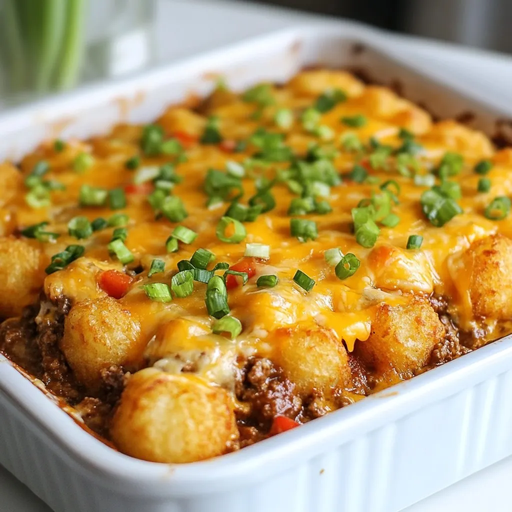 - 1 pound ground beef (or turkey for a leaner option) - 1 can (15 oz) of your favorite chili (choose with or without beans based on preference) - 1 cup shredded sharp cheddar cheese - 1 cup shredded pepper jack cheese - 1 bag (32 oz) frozen tater tots - 1 can (10.5 oz) cream of mushroom soup - 1 tablespoon taco seasoning (or more for extra flavor) - 1/2 cup onion, finely diced - 1/2 cup bell pepper, finely diced - 1 tablespoon olive oil - Salt and pepper, to taste - 1/4 cup fresh green onions, chopped (for garnish) - Sour cream or guacamole {{ingredient_image_2}} - Preheat the oven to 400°F (200°C). This step is key for even cooking. - Grease a 9x13 inch baking dish to keep the casserole from sticking. - In a skillet, heat 1 tablespoon of olive oil on medium heat. - Add 1/2 cup of diced onion and 1/2 cup of diced bell pepper. Cook them until soft, about 5 minutes. - Next, add 1 pound of ground beef or turkey. Cook until browned, around 7 to 10 minutes. Break it apart as it cooks. - Drain any extra fat. Then, stir in 1 tablespoon of taco seasoning and cook for another minute. - In a large bowl, mix the cooked meat, 1 can of chili, and 1 can of cream of mushroom soup. - Add half of the shredded cheddar and pepper jack cheese. Stir well to combine. - Spread this mixture evenly in the prepared baking dish. - Take a bag of frozen tater tots and layer them over the beef mixture in a single row. - Finally, sprinkle the rest of the shredded cheese on top of the tater tots. - Bake in the preheated oven for 25 to 30 minutes. Look for a golden-brown color on the tater tots for doneness. - Let the casserole cool for a few minutes before serving. Garnish with chopped green onions for a fresh touch. Enjoy! To avoid soggy tater tots, keep a few things in mind. First, use a baking dish that isn’t too deep. This helps the heat circulate. Next, bake at the right temperature. Preheat your oven to 400°F (200°C) for an even cook. Finally, don’t cover the casserole with foil while it bakes. This keeps the tots crispy. For browning meat, make sure your skillet is hot. This helps the meat sear well. Break the meat into small pieces. This allows it to brown evenly. Stir often but not too much. Let it sit for a minute to get a nice brown crust. Want to boost flavors? Try adding seasonings like garlic powder or smoked paprika. These add depth to your dish. You can also stir in some diced jalapeños for extra heat. When it comes to cheese, feel free to mix it up. Use gouda for a creamy touch or mozzarella for a chewy bite. Each cheese gives a different taste, so have fun with it! Serving for a gathering? Cut the casserole into squares and place them on a large platter. This makes it easy for guests to help themselves. For garnishing, sprinkle chopped green onions on top. You can also add a dollop of sour cream or guacamole to each serving. This adds color and a creamy texture. Using a colorful plate can make your dish pop even more! Pro Tips Use Fresh Ingredients: Fresh onions and bell peppers can enhance the flavor of your casserole, so consider chopping them just before cooking for maximum taste. Experiment with Cheese: Feel free to mix different types of cheese like Monterey Jack or Gouda for a unique twist and to cater to your cheese preferences. Make it Spicy: If you enjoy heat, add diced jalapeños or a dash of hot sauce to the beef mixture for an extra kick. Leftover Storage: Store any leftovers in an airtight container in the fridge and reheat in the oven or microwave for a quick meal later. {{image_4}} You can easily make this dish vegetarian. Use vegetarian chili instead of regular chili. This swap keeps the flavor rich without meat. You can also substitute plant-based meat for the ground beef. There are many tasty options available in stores now. These choices let you enjoy the casserole without losing taste. If you're looking for a healthier dish, try using low-fat ingredients. Choose lean ground turkey instead of beef. You can also use low-fat cheese to cut calories. Adding vegetables boosts the nutrition of the meal. Consider mixing in chopped bell peppers or spinach. These veggies add color and taste. Want to spice things up? You can add jalapeños for heat. Slice them thin and mix them into the beef. If you prefer a sweet taste, try barbecue sauce. Mixing barbecue sauce with chili creates a unique flavor. Each variation brings out new tastes and makes this dish fun! To store your leftovers, let the casserole cool down first. Place it in an airtight container. This will keep it fresh in the fridge. I recommend using glass or plastic containers with tight lids. They help prevent the casserole from absorbing other smells in the fridge. Leftovers can last 3 to 4 days when stored properly. Make sure to label the containers with the date. You can freeze the casserole before baking. To do this, assemble the dish as directed but skip the baking. Cover it tightly with foil or plastic wrap. It can last up to 3 months in the freezer. When you’re ready to enjoy it, thaw it in the fridge overnight. Then, bake it at 400°F (200°C) for 30 to 35 minutes. Check that it's heated all the way through. In the fridge, your Chili Cheese Tater Tot Casserole lasts about 3 to 4 days. Always check for signs of spoilage. If it smells off or has a strange color, it's best to toss it. Keeping track of the date is key to enjoying this dish safely. You can serve this dish with many sides. Here are some tasty ideas: - Cornbread: Soft and sweet, it pairs well with the casserole. - Coleslaw: Crunchy and fresh, it adds a nice contrast. - Green salad: A simple salad with greens and vinaigrette balances the meal. For dips, consider: - Salsa: Fresh salsa adds a nice kick. - Guacamole: Creamy and rich, it enhances the flavors. - Sour cream: A dollop on top offers coolness. Yes, you can prep this dish before cooking. Here are some tips: - Prepare the filling: Cook the meat and mix it with the other ingredients. Store in the fridge. - Assemble: If you want, you can layer the tater tots on top before baking. For reheating: - Preheat your oven to 350°F (175°C). - Cover the casserole with foil to keep it moist. - Bake for 20 to 25 minutes until hot. This casserole can be gluten-free with some changes. Here are some tips: - Chili: Choose a brand that is gluten-free. Check the label. - Cream of mushroom soup: Look for gluten-free versions or make your own. - Tater tots: Many brands are gluten-free, but check the packaging. Avoid any ingredients that contain wheat or gluten. This blog post covered a tasty recipe for Chili Cheese Tater Tot Casserole. We explored the key ingredients, like ground beef and cheese, and extra toppings. I provided step-by-step instructions for cooking and shared helpful tips for the best results. You learned about variations, storage tips, and answers to common questions. Now, you can enjoy this simple and fun dish. It’s perfect for gatherings or a cozy night in. Give it a try and savor the flavors!
