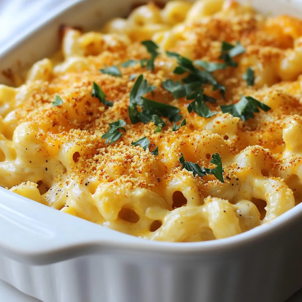 To create this dish, you need these ingredients: - 8 oz whole grain elbow macaroni - 2 cups low-fat cottage cheese - 1 cup shredded low-fat cheddar cheese - 1/2 cup Greek yogurt - 1/4 cup nutritional yeast - 1 teaspoon garlic powder - 1 teaspoon onion powder - 1/2 teaspoon smoked paprika - Salt and pepper, to taste These ingredients work together to give you a creamy and cheesy flavor while keeping it healthy. You can add a few extra touches to make your mac and cheese even better: - Fresh parsley, chopped for garnish - A sprinkle of smoked paprika for extra flavor - Sautéed vegetables like spinach or bell peppers - Crumbled turkey bacon for a savory kick These additions will not only enhance the taste but also boost the meal's nutrition. Every ingredient in this recipe has health benefits: - Whole grain elbow macaroni: Offers fiber and keeps you full longer. - Low-fat cottage cheese: Packed with protein and calcium, it helps build muscle. - Low-fat cheddar cheese: Adds flavor and calcium without too much fat. - Greek yogurt: Provides probiotics for gut health and extra protein. - Nutritional yeast: A great source of B vitamins and adds a cheesy flavor. - Garlic powder: Supports your immune system and adds taste. - Onion powder: Contains antioxidants and adds depth to your dish. - Smoked paprika: Adds a unique flavor and some antioxidants. - Salt and pepper: Enhances the overall taste without adding calories. Using these ingredients not only makes your mac and cheese tasty but also supports your health goals. {{ingredient_image_2}} First, grab 8 oz of whole grain elbow macaroni. Follow the package instructions for cooking time. Aim for an al dente texture. This means the pasta should be firm but not hard. Once cooked, drain the pasta in a colander. Let it cool for a few minutes while you prep the cheese mixture. In a large bowl, add 2 cups of low-fat cottage cheese. Then, add 1 cup of shredded low-fat cheddar cheese. Next, mix in 1/2 cup of Greek yogurt for creaminess. Add 1/4 cup of nutritional yeast for a cheesy flavor without extra fat. Now, sprinkle in 1 teaspoon of garlic powder, 1 teaspoon of onion powder, and 1/2 teaspoon of smoked paprika. Season with salt and pepper to taste. Use a blender or food processor to mix everything until smooth and creamy. Preheat your oven to 350°F (175°C). In the large bowl, fold in the cooked macaroni. Stir well to coat every piece with the creamy cheese mixture. Next, grease a 9x13 inch baking dish lightly. Pour the macaroni and cheese mixture into the dish. Spread it out evenly with a spatula. Place the dish in the oven and bake for about 20 minutes. Watch for the cheese to bubble and turn golden brown. After baking, let it cool for a few minutes before serving. Sprinkle with fresh parsley for a pop of color. To make your mac and cheese extra creamy, use fresh ingredients. Blend the cottage cheese and Greek yogurt well. This makes a smooth base. Adding a bit more Greek yogurt can boost creaminess too. For a twist, try a splash of low-fat milk. This will help it mix better. If you lack some ingredients, don’t worry! You can swap low-fat cottage cheese for ricotta. It tastes great and is still healthy. If you can’t find nutritional yeast, try a small amount of grated Parmesan. It adds a nice flavor. For a dairy-free option, use cashew cream instead of yogurt or cottage cheese. To get the best crust, preheat your oven well. Bake at 350°F until golden. If you want an even crunchier top, sprinkle some extra cheddar on top before baking. You can also broil it for a minute at the end. Just watch closely, so it doesn’t burn. A good crust will make your dish look and taste great! Pro Tips Cook Pasta Al Dente: Ensure your elbow macaroni is cooked al dente, as it will continue to cook when baked, preventing a mushy texture. Customize Your Cheese: Feel free to mix and match different types of low-fat cheese or add a sprinkle of your favorite cheese on top before baking for extra flavor. Add Vegetables: Boost the nutrition factor by mixing in steamed broccoli, spinach, or peas before baking for a colorful and healthy twist. Let It Rest: Allow the mac and cheese to cool for a few minutes after baking; this helps it set and makes serving easier. {{image_4}} You can easily add veggies to your mac and cheese. Spinach, broccoli, or peas work great. Add them to the pasta during cooking. This way, they become tender. You can also mix in roasted bell peppers or zucchini. They add color and flavor. Adding vegetables gives you more vitamins and minerals. It makes the dish more filling and balanced. If you want more protein, try adding cooked chicken or turkey. You can also use canned tuna or shrimp. These options make your meal heartier. For a vegetarian boost, consider adding black beans or lentils. They are rich in protein and keep it healthy. You can also use extra Greek yogurt or cottage cheese in the sauce. This keeps your dish creamy while upping the protein content. Cheese is key to a tasty mac and cheese. While low-fat cheddar is great, you can switch it up. Try mozzarella for a stretchy texture or gouda for a smoky flavor. Parmesan adds a salty kick while feta brings a tangy note. Mixing cheeses can create fun new flavors. Don’t be afraid to experiment! Just remember to keep the cheese low-fat for a healthier dish. To keep your Skinny High-Protein Mac & Cheese fresh, store it in an airtight container. This helps prevent the dish from drying out or absorbing odors from the fridge. Let it cool down to room temperature before sealing. It's best to eat leftovers within three to four days for optimal taste and safety. Reheating is simple. Just take your leftovers from the fridge. Place them in a microwave-safe bowl. Cover it with a damp paper towel to keep moisture in. Heat for 1 to 2 minutes, stirring halfway through. If you prefer the oven, preheat to 350°F (175°C). Bake for about 15 minutes until warm and bubbly. You can freeze this mac and cheese for longer storage. Place it in a freezer-safe container. Make sure to leave some space at the top for expansion. It can last for up to three months in the freezer. When ready to eat, thaw it in the fridge overnight. Reheat as usual for a quick meal. To make this recipe vegan, swap out the dairy ingredients. Use plant-based cheese instead of the low-fat cheddar. Replace cottage cheese with a vegan alternative, like cashew cream or tofu blended until smooth. For Greek yogurt, use a coconut or almond yogurt. Nutritional yeast adds a cheesy flavor, so keep that in the mix. This way, you can enjoy a tasty vegan version of mac and cheese. This dish pairs well with many sides. A fresh salad adds color and crunch. Try a simple green salad with a lemon vinaigrette. Roasted vegetables also work great. Think about broccoli, Brussels sprouts, or carrots for added nutrition. You can also serve it with grilled chicken or shrimp for extra protein. These sides make a complete and balanced meal. Cooking the macaroni takes about 8 to 10 minutes. Follow the package instructions for the best results. Aim for an al dente texture, which means the pasta is firm but cooked through. After cooking, drain and let it cool slightly. This step helps the pasta hold its shape when mixed with the sauce. This blog post covered how to make Skinny High-Protein Mac & Cheese. We discussed the key ingredients, step-by-step cooking instructions, and tips for a great dish. I shared ways to add veggies and protein while ensuring extra creaminess. You can store leftovers and even make it vegan. Remember, this dish is tasty and healthy. Experiment with different cheese combinations to find your favorite. Enjoy making this meal that fits your lifestyle. Happy cooking!