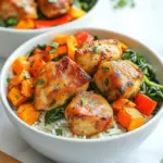 - 1 lb boneless, skinless chicken thighs, cut into bite-sized pieces - 2 medium sweet potatoes, peeled and diced into 1-inch cubes - 1 cup jasmine rice, rinsed - 2 teaspoons smoked paprika - 1 teaspoon garlic powder - 1 teaspoon onion powder - 1 red bell pepper, thinly sliced - 1 cup fresh spinach leaves, roughly chopped - 2 tablespoons olive oil, divided To make Chicken Sweet Potato Rice Bowls, you need a mix of tasty and healthy ingredients. First, the chicken thighs add protein. They cook up tender and juicy. Sweet potatoes bring a sweet flavor and a nice texture. The jasmine rice serves as a fluffy base. Next, the seasonings kick up the taste. Smoked paprika gives a warm, smoky flavor. Garlic powder adds a punch, while onion powder brings a savory depth. These three seasonings work together for a full flavor. You can add even more by including red bell pepper and fresh spinach. These optional ingredients boost color and nutrition. Olive oil helps cook and adds a rich taste. This simple list of ingredients makes meal prep easy. You can mix and match based on your taste. Enjoy creating your bowls! {{ingredient_image_2}} - Preheat the oven to 400°F (200°C). - In a bowl, mix diced sweet potatoes with 1 tablespoon of olive oil. - Add 2 teaspoons of smoked paprika, 1 teaspoon of garlic powder, 1 teaspoon of onion powder, salt, and pepper. - Toss until the sweet potatoes are coated evenly. - Spread the seasoned sweet potatoes on a baking sheet. - Bake for 20-25 minutes, flipping halfway, until tender and caramelized. - While baking, rinse 1 cup of jasmine rice under cold water until it runs clear. - In a saucepan, add the rinsed rice and 2 cups of chicken broth. - Bring to a boil, cover, and reduce heat to low. - Simmer for 15 minutes, then let it sit for 5 minutes off the heat. - Heat 1 tablespoon of olive oil in a large skillet over medium-high heat. - Add 1 lb of chicken thighs cut into bite-sized pieces. - Season with salt and pepper, cooking for 6-8 minutes until golden brown. - Add 1 sliced red bell pepper and 1 cup of chopped spinach to the skillet. - Stir and cook for 2-3 minutes until vegetables soften and spinach wilts. To make perfect rice, rinse it well. This removes extra starch. Rinse until the water is clear. Next, cook the rice in chicken broth. This adds flavor. Bring it to a boil, cover, then simmer on low. Let it rest after cooking for fluffier rice. For sweet potatoes, cut them into equal-sized cubes. This helps them cook evenly. Toss the cubes in olive oil and spices. Bake them at 400°F (200°C) for 20-25 minutes. Flip them halfway for even caramelization. Look for a golden-brown color on the outside. You can change the seasoning for fun flavors. Try adding chili powder for heat or cumin for earthiness. Fresh herbs like thyme or rosemary can also add zest. Experiment with lemon juice for a bright taste. For garnishing, sprinkle fresh parsley or cilantro over each bowl. You can also add sliced green onions or a dollop of yogurt. These add color and freshness to your meal. A good serving size is about one cup of rice, topped with chicken and veggies. This makes a balanced meal. Pair your bowl with a tangy sauce like tahini or a yogurt dressing. A drizzle of hot sauce adds a nice kick too. Pro Tips Perfectly Fluffy Rice: Rinsing the jasmine rice until the water runs clear removes excess starch, preventing it from becoming gummy and ensuring a light, fluffy texture. Sweet Potato Secrets: To enhance the sweetness of the sweet potatoes, try adding a pinch of cinnamon or a drizzle of honey before baking. Chicken Browning: For the best flavor, let the chicken sit for a few minutes after seasoning before cooking. This helps develop a nice sear and enhances the taste. Colorful Garnish: Fresh herbs like parsley or cilantro not only add a pop of color but also elevate the dish's flavor profile, making it even more delicious. {{image_4}} You can easily make this dish vegetarian. Instead of chicken, use chickpeas or tofu. Both add protein and texture. For vegetables, try adding zucchini or broccoli. These choices give you great flavor and nutrients. If you want a change from jasmine rice, consider using quinoa or brown rice. Quinoa cooks faster, about 15 minutes, while brown rice takes longer, about 40 minutes. Adjust the liquid based on your choice of grain. Mix things up with different spices! For a Southwest flavor, use cumin and chili powder. For an Asian twist, add soy sauce and sesame oil. These changes will give your meal a fun new taste! Store your Chicken Sweet Potato Rice Bowls in the fridge. Use airtight containers to keep them fresh. They will last for about 3-4 days. If you want to freeze them, let the bowls cool down first. Place each serving in a freezer-safe container. They can stay in the freezer for up to 3 months. When you’re ready to eat, just thaw them in the fridge overnight. For reheating, use the microwave for quick results. Place the bowl in the microwave and cover it with a damp paper towel. Heat for 1-2 minutes. Stir halfway through to ensure even warming. If you want to keep the texture crisp, use a skillet. Heat on medium for about 5-7 minutes, stirring gently. This method helps keep the sweet potatoes nice and soft. Batch cooking is a great way to save time. Cook double the amount of chicken and sweet potatoes. Portion them into your containers with rice. This makes it easy for quick weeknight meals. You can also mix and match veggies for variety. Try adding peas or corn for a change! Each bowl becomes a balanced meal, ready to go. Chicken Sweet Potato Rice Bowls can last for about 4 days in the fridge. To keep them fresh, store the bowls in airtight containers. Make sure the food cools down before sealing. This helps to prevent sogginess and keeps flavors intact. Yes, you can use brown rice instead of jasmine rice. Brown rice has a nuttier taste and adds fiber to your meal. However, it cooks longer than jasmine rice. Expect about 40-50 minutes for brown rice to be tender. Adjust the liquid to 2.5 cups for best results. You can use butternut squash or regular potatoes as substitutes for sweet potatoes. Both options provide a similar texture and flavor. If you prefer a lower-carb option, try cauliflower rice. It will change the dish, but it’s tasty and healthy. Absolutely! This recipe is great for meal prep. You can cook everything in advance and store it in portions. Just reheat the bowls when you are ready to eat. This makes lunch or dinner super easy during busy days. Yes, you can easily make this dish gluten-free. Use gluten-free chicken broth instead of regular broth. Make sure all other ingredients are gluten-free as well. This ensures everyone can enjoy a delicious meal without worry. This blog post covers how to make a tasty chicken sweet potato rice bowl. You learned about key ingredients like chicken thighs, sweet potatoes, and jasmine rice. I shared step-by-step cooking tips to help you succeed in the kitchen. You also learned ways to customize this dish for every taste. Finally, I explained how to store leftovers and meal prep ideas. Enjoy creating a variety of delicious bowls that suit your needs!