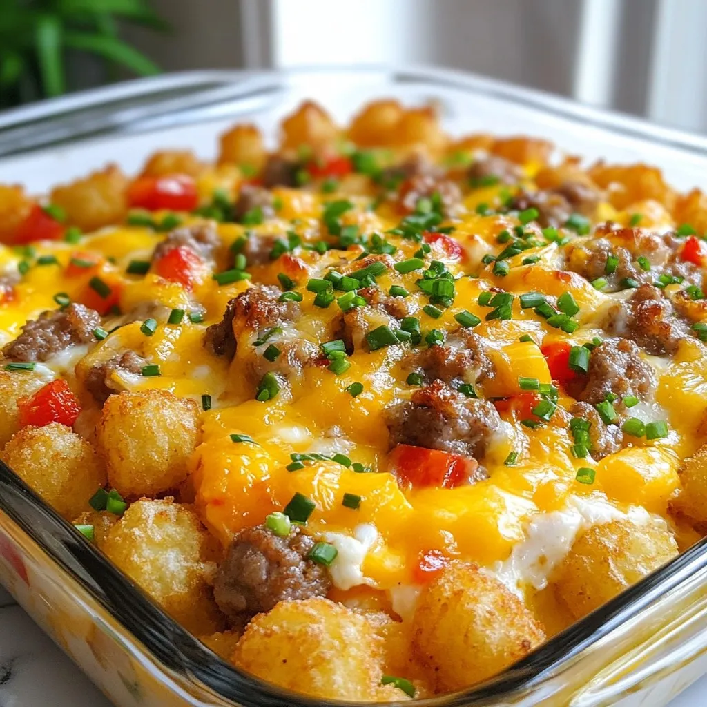 Here’s what you need for the Tater Tot Sausage Breakfast Casserole: - 1 bag (32 oz) frozen tater tots - 1 lb breakfast sausage, crumbled - 6 large eggs - 1 cup milk - 1 cup shredded cheddar cheese - 1 cup diced bell peppers (a mix of red and green) - 1/2 cup diced onion - 1 teaspoon garlic powder - 1 teaspoon smoked paprika - Salt and freshly ground black pepper to taste - Fresh chives, finely chopped (for garnish, optional) These simple ingredients combine to create a hearty dish. The frozen tater tots form a crispy base that holds all the flavors. The sausage adds a savory touch, while the eggs and milk create a fluffy texture. Cheese melts into gooey goodness, making each bite delightful. Fresh vegetables like bell peppers and onion add color and crunch. Spices like garlic powder and smoked paprika bring warmth and depth. Feel free to experiment with other veggies or cheeses to make this dish your own. Using what you have on hand can lead to tasty surprises. {{ingredient_image_2}} Start by preheating your oven to 350°F (175°C). This helps your casserole cook evenly. In a large skillet over medium heat, add 1 pound of crumbled breakfast sausage. Cook it for about 6-8 minutes. Make sure it is browned and no longer pink. Once done, remove it from heat and set it aside to cool. In a mixing bowl, whisk together 6 large eggs and 1 cup of milk. Add 1 teaspoon of garlic powder, 1 teaspoon of smoked paprika, and a good pinch of salt and pepper. Mix until everything is blended well. Grease a 9x13 inch baking dish with cooking spray or a little butter. Spread half of the frozen tater tots on the bottom. This creates a sturdy base for your casserole. Evenly scatter the cooked sausage over the tater tots. Next, add 1 cup of diced bell peppers and 1/2 cup of diced onion. Make sure to distribute these well for great flavor in each bite. Carefully pour the egg mixture over the sausage and veggies. Ensure it covers everything evenly. This helps the flavors blend together while baking. Top off the casserole with the remaining tater tots. Arrange them evenly. Then, sprinkle 1 cup of shredded cheddar cheese on top, covering every corner for a cheesy finish. Place the dish in your preheated oven. Bake for 45-50 minutes. You know it’s done when the cheese is bubbly and golden brown, and the tater tots are crispy. After baking, let the casserole cool for a few minutes. This makes it easier to slice. Serve each square with a sprinkle of fresh chives for a tasty touch, if you like. Cook the sausage in a hot skillet. Use medium heat for even cooking. Crumble the sausage as it cooks. This helps it brown nicely. Make sure there is no pink left. This usually takes about 6-8 minutes. Once cooked, let it cool slightly before adding it to the casserole. This prevents extra moisture in your dish. For crispy tater tots, start with frozen ones. Do not thaw them before baking. Layer half of them at the bottom of the dish. This creates a crunchy base. When you add more on top, it helps keep the texture. Bake them until golden brown on top. This usually takes about 45-50 minutes. You can change the flavors to fit your taste. Try adding different spices like cumin or chili powder. You can also switch the cheese. Pepper jack cheese adds a nice kick. For a veggie boost, add spinach or mushrooms. Mix in more bell peppers for color. Each tweak creates a fun twist on the dish. Pro Tips Use Fresh Ingredients: Whenever possible, opt for fresh bell peppers and onions instead of frozen. This adds a vibrant flavor and crunch to your casserole. Customize Your Cheese: Feel free to mix different types of cheese, like pepper jack or mozzarella, for a unique flavor twist. Just ensure they melt well! Make It Ahead: Prepare the casserole the night before and store it in the refrigerator. Just bake it in the morning for a hassle-free breakfast. Check for Doneness: If your casserole is browning too quickly, cover it loosely with aluminum foil to prevent burning while the inside cooks through. {{image_4}} You can make a vegetarian version of this dish easily. Replace the breakfast sausage with a plant-based sausage. This keeps the flavor and texture. Look for brands that crumble like meat. You can also use lentils or black beans for protein. These add a nice texture and taste. Cheese adds creaminess and flavor. While cheddar is classic, you can switch it up! Try mozzarella for a milder, stretchy cheese. Feta brings a tangy flavor that works great. You can even use pepper jack for a spicy kick. Mix and match cheeses for a fun twist! Want to boost the nutrition? Add more veggies! Spinach adds color and nutrients without strong flavors. Zucchini or mushrooms can add moisture and texture. Just be sure to chop them small. This way, they cook well and mix in. Make your casserole colorful and tasty! To keep your Tater Tot Sausage Breakfast Casserole fresh, store it in an airtight container. Allow the casserole to cool completely before sealing it up. This helps prevent moisture buildup. Place it in the fridge if you plan to eat it within a few days. When you're ready to enjoy leftovers, preheat your oven to 350°F (175°C). Place the casserole in an oven-safe dish. Cover it with foil to retain moisture. Heat for about 20-25 minutes until warm. For a crispier top, remove the foil during the last 5 minutes of reheating. You can freeze the casserole if you have extra. Cut it into portions for easier thawing. Wrap each piece tightly in plastic wrap and then in aluminum foil. Label them with the date. You can freeze it for up to three months. When ready to eat, thaw overnight in the fridge before reheating. Yes, you can use fresh potatoes. Just slice them thin. Parboil the slices until slightly tender. This keeps them from being too hard in the casserole. Replace the tater tots with a layer of these fresh slices in the dish. The texture will be different, but it can taste great! To make this casserole gluten-free, choose gluten-free sausage. Many brands offer this option. Also, check the tater tots for gluten-free certification. Most frozen tater tots are naturally gluten-free. This way, you keep all the flavor without gluten. You can serve a fresh fruit salad or crispy bacon. A side of mixed greens adds crunch and color. If you want something warm, serve with toast or biscuits. These sides balance the meal and add variety. Leftovers will last about 3 to 4 days in the fridge. Store them in an airtight container to keep them fresh. Reheat in the microwave or oven until warm. Enjoy them for breakfast, lunch, or dinner! You now have a complete guide to making a tasty Tater Tot Sausage Breakfast Casserole. We covered the ingredients, step-by-step instructions, and helpful tips. You learned about variations to suit different diets and how to store leftovers. This dish is easy and fun for everyone. You can enjoy a warm, hearty breakfast with family or friends. Get creative with your own flavors and toppings. Try it out and make it your new favorite meal!