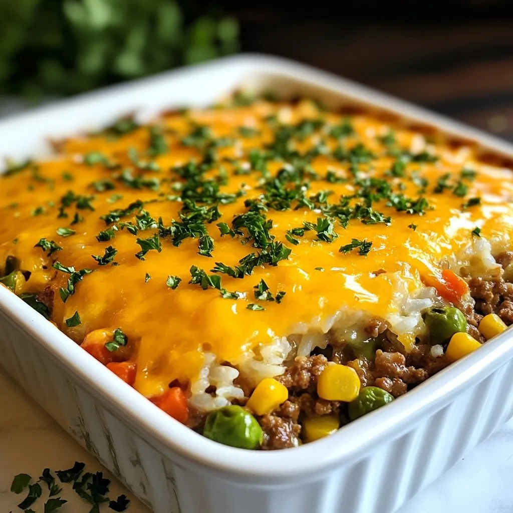 To make Easy Hobo Ground Beef Casserole, gather these simple ingredients: - 1 pound ground beef - 1 medium onion, finely diced - 2 cloves garlic, minced - 1 can (15 oz) diced tomatoes, with juice - 2 cups mixed vegetables (corn, peas, carrots) - 2 cups cooked rice (or cauliflower rice for low-carb) - 1 teaspoon dried oregano - 1 teaspoon paprika - Salt and pepper, to taste - 1 cup shredded cheddar cheese - Fresh parsley, chopped These ingredients work great together. The ground beef offers a hearty base. Diced tomatoes add moisture and flavor. Mixed vegetables bring in color and nutrients. You can use cauliflower rice if you want a low-carb option. The spices, like oregano and paprika, enhance the dish. They add warmth and depth. Cheddar cheese on top creates a perfect golden crust. When you prepare this dish, make sure to use fresh parsley. It adds a burst of freshness and color. This simple yet delicious recipe is a perfect choice for a family dinner. {{ingredient_image_2}} Start by setting your oven to 350°F (175°C). This temperature is perfect for cooking the casserole evenly. In a large skillet, add 1 pound of ground beef. Heat it over medium heat. Once the meat starts to brown, add a finely diced medium onion and 2 minced garlic cloves. Stir and cook for 5-7 minutes until the meat is fully browned and the onion is soft. Drain any extra fat from the skillet. Now, it’s time to make the dish come together. Add a 15 oz can of diced tomatoes, including the juice. Next, toss in 2 cups of mixed vegetables like corn, peas, and carrots. Follow this with 2 cups of cooked rice. For a low-carb option, use cauliflower rice. Add 1 teaspoon of dried oregano, 1 teaspoon of paprika, and season with salt and pepper. Mix everything well. Grease a 9x13 inch baking dish. Pour the beef and vegetable mix into the dish, spreading it evenly. Take 1 cup of shredded cheddar cheese and sprinkle it generously over the top of the casserole. Make sure the cheese covers the mixture well, creating that delicious, melty layer. - Cover and Bake: Cover the dish tightly with aluminum foil. Place it in the oven and bake for 25 minutes. - Uncover and Finish Baking: After 25 minutes, remove the foil. Bake for another 10 minutes. This will allow the cheese to bubble and turn golden. When done, take the casserole out of the oven. Let it cool for a few minutes. Before serving, sprinkle some chopped fresh parsley on top for a pop of color and flavor. You can serve it straight from the dish or plate it up for a nice presentation. Enjoy! To make a great casserole, keep a few tips in mind. First, always brown your meat well. This adds flavor and depth. Use a large skillet to ensure even cooking. Stir the meat often to avoid burning. Next, mix the ingredients thoroughly. This helps each bite taste great. Finally, don't skip the cheese! It adds creaminess and a nice texture. Soggy rice can ruin your casserole. To prevent this, make sure your rice is fully cooked before adding it. If you use leftover rice, let it cool first. You can also avoid sogginess by not adding too much liquid. The canned tomatoes have juice, so drain a bit if needed. This keeps the rice fluffy and perfect. This casserole pairs well with simple sides. A fresh salad adds crunch and color. You might serve steamed broccoli or green beans on the side. If you want something warm, garlic bread is a tasty choice. Each of these sides complements the flavors of your casserole. Pro Tips Brown the Meat Well: Ensure the ground beef is browned thoroughly to develop a rich flavor. Don't rush this step; letting it brown properly enhances the overall taste of the casserole. Customize Your Veggies: Feel free to swap in your favorite vegetables! This recipe is versatile, so you can use bell peppers, zucchini, or whatever you have on hand. Cheese Variations: Experiment with different types of cheese for a unique twist. Try using mozzarella for a stretchier texture or pepper jack for a bit of heat. Make Ahead Tip: Prepare the casserole ahead of time and store it in the fridge for up to 24 hours. Just add a few extra minutes to the baking time when you're ready to cook it! {{image_4}} You can make this casserole low-carb with a simple swap. Instead of regular rice, use cauliflower rice. Cauliflower rice has fewer carbs and gives a similar texture. Just cook it lightly before adding it to the mix. You can also use zucchini or spaghetti squash as a base. Both options work well and add unique flavors. To create a vegetarian hobo casserole, replace the ground beef with a mix of beans. Black beans or kidney beans work great. Add extra veggies like bell peppers and mushrooms for more flavor. You can also use lentils for a protein boost. This version is hearty and full of nutrients. Cheese is key for flavor. While cheddar is classic, feel free to experiment. You can use mozzarella for a milder taste, or pepper jack for heat. Feta cheese adds a nice tang, while gouda gives a smoky flavor. Mixing different cheeses can create a unique taste profile that suits your family's preference. To store leftovers, let the casserole cool first. Place it in an airtight container. This keeps it fresh and safe. You can store it in the fridge for up to four days. Make sure to label it with a date. This way, you know when to eat it. When you're ready to eat the leftovers, preheat your oven to 350°F (175°C). Place the casserole in a baking dish. Cover it with foil to keep it moist. Heat for about 20 minutes or until it is hot. You can also microwave it. Use a microwave-safe dish and heat in one-minute bursts, stirring in between. If you want to freeze the casserole, let it cool completely first. Cut it into portions for easy thawing. Wrap each portion tightly with plastic wrap and then foil. This helps prevent freezer burn. You can freeze it for up to three months. To reheat, thaw it in the fridge overnight before warming it in the oven or microwave. Yes, you can use other types of meat. Ground turkey, chicken, or pork work well. Each meat gives a unique flavor. Just ensure you cook it until it is no longer pink. This keeps your dish safe and tasty. This casserole lasts about 3 to 4 days in the fridge. Make sure to store it in an airtight container. This helps keep the flavors fresh. Always check for any signs of spoilage before eating. Yes, you can prepare this dish in advance. You can assemble it the night before and store it in the fridge. Just cover it well with plastic wrap or foil. When you're ready to bake, remove the cover and let it sit for 20 minutes. This helps with even cooking. You can add or replace many vegetables in this casserole. Bell peppers, zucchini, or green beans work great. You can also use frozen mixed vegetables for convenience. Just make sure they are chopped into small pieces for even cooking. To spice up this casserole, try adding chili powder or cumin. You can also mix in some hot sauce or pepper flakes. For a fresh kick, add chopped jalapeños or green onions. Adjust the spices to fit your taste! This casserole combines simple ingredients for a tasty meal. We discussed every step, from browning the meat to baking. You learned tips to perfect it, various versions, and how to store leftovers. Feel free to swap ingredients to fit your taste. This dish is easy, versatile, and fun to make. Try it for your next meal, and enjoy the smiles it brings. Cooking can bring joy and fill your home with warmth. Happy cooking!