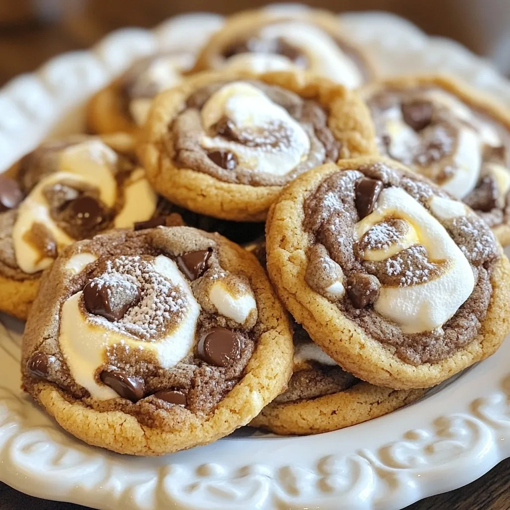 To make Chocolate Marshmallow Swirl Cookies, you need simple yet delightful ingredients. Here’s the list: - 1 cup unsalted butter, softened - 1 cup granulated sugar - 1/2 cup packed brown sugar - 2 large eggs - 1 teaspoon pure vanilla extract - 2 cups all-purpose flour - 1/2 cup unsweetened cocoa powder - 1 teaspoon baking soda - 1/4 teaspoon salt - 1 cup semi-sweet chocolate chips - 1 cup mini marshmallows - 1/2 cup marshmallow fluff Each ingredient plays a key role in making these cookies taste amazing. The butter gives them a rich flavor. The sugars add sweetness and a soft texture. Eggs help bind everything together for a perfect cookie. Vanilla brings a warm aroma that makes your kitchen smell heavenly. Flour and cocoa powder form the base, creating a soft and chocolatey dough. Baking soda gives the cookies a nice rise while keeping them chewy. The chocolate chips add extra bursts of chocolatey goodness. Mini marshmallows and marshmallow fluff create that fun swirl and a gooey texture. Gather these ingredients before you start. Having everything ready makes baking easier and more fun! {{ingredient_image_2}} First, set your oven to 350°F (175°C). This step is key for even baking. Next, line two baking sheets with parchment paper. This makes cleanup easy and helps prevent sticking. In a large bowl, beat 1 cup of softened butter with 1 cup of granulated sugar and 1/2 cup of packed brown sugar. Use an electric mixer for about 3-4 minutes. You want it creamy and light, so keep mixing until you see a fluffy texture. Now, add 2 large eggs, one at a time. Mix well after each egg goes in. Then, pour in 1 teaspoon of pure vanilla extract. This adds a lovely flavor to your cookies. Grab another bowl and sift together 2 cups of all-purpose flour, 1/2 cup of unsweetened cocoa powder, 1 teaspoon of baking soda, and 1/4 teaspoon of salt. This helps the dry ingredients blend smoothly into the wet mix. Gradually add your dry mix to the wet mix. Use low speed on your mixer. Stop as soon as you see no dry flour. Overmixing can make your cookies tough, and we want them soft and chewy! With a spatula, gently fold in 1 cup of semi-sweet chocolate chips and 1 cup of mini marshmallows. Make sure they are evenly spread throughout the dough. This will give you sweet bites in every cookie. Using a spoon or cookie scoop, drop heaping tablespoonfuls of dough onto the baking sheets. Space them about 2 inches apart. Next, take 1/2 cup of swirlable marshmallow fluff and place small dollops on top of the dough mounds. Bake your cookies for 10-12 minutes. They are done when the edges look set and the tops are slightly cracked. They might seem soft, but they will firm up as they cool. Once baked, take the cookies out of the oven. Let them cool on the baking sheet for about 5 minutes. After that, move them to wire racks to cool completely. This ensures they stay soft and delicious! To get soft and chewy cookies, use room-temperature butter. Beat it well with the sugars. This helps incorporate air. Mix the dough gently when adding dry ingredients. Overmixing can lead to tough cookies. Bake just until the edges set; this keeps the center soft. Store cookies in an airtight container. This keeps them fresh for up to a week. For longer storage, freeze them. Place cooled cookies in a freezer bag. They can last up to three months in the freezer. Thaw at room temperature when ready to enjoy. Use a stand mixer for easy mixing. A rubber spatula helps fold in ingredients gently. Use a cookie scoop for even dough portions. Parchment paper on baking sheets makes cleanup simple. A toothpick is great for swirling the marshmallow fluff. Arrange cookies on a colorful platter for a fun display. Drizzle melted chocolate over the top for flair. You can also sprinkle powdered sugar for sweetness. Serve with cold milk for the perfect pairing. This adds to the fun and makes them irresistible! Pro Tips Use Room Temperature Ingredients: Ensure your butter and eggs are at room temperature for better incorporation and a smoother dough. Don’t Overmix the Dough: Mix the dry ingredients into the wet just until combined to keep the cookies tender and chewy. Chill the Dough: For thicker cookies, consider chilling the dough for 30 minutes before baking to prevent excessive spreading. Experiment with Flavors: Feel free to add a pinch of cinnamon or espresso powder to the dough for an extra depth of flavor. {{image_4}} You can make these cookies your own! Here are some swaps: - Use coconut oil for butter if you want a dairy-free option. - Try brown sugar for the granulated sugar. It gives a richer flavor. - Swap all-purpose flour for almond flour for a gluten-free treat. - For a vegan cookie, replace eggs with flax eggs (1 tablespoon flaxseed meal + 2.5 tablespoons water). Want to change the flavor? Here are some ideas: - Add 1/2 cup of peanut butter for a nutty twist. - Mix in 1 teaspoon of cinnamon for a warm spice note. - Add orange zest for a bright, fresh flavor. - Incorporate some instant coffee granules for a mocha-style cookie. Top your cookies with fun extras: - Sprinkle chopped nuts like walnuts or pecans on top. - Add colorful candy pieces for a festive touch. - Use crushed graham crackers for a s'mores effect. - Drizzle melted chocolate over the cookies for extra sweetness. Feel free to mix and match these suggestions. Your cookies will be unique and tasty! To keep your Chocolate Marshmallow Swirl Cookies fresh, store them in an airtight container. Line the bottom with parchment paper to absorb moisture. This method helps maintain their soft texture. Keep the container at room temperature, away from direct sunlight. If you want to save some cookies for later, freezing is a great option. First, let the cookies cool completely. Then, place them in a single layer on a baking sheet. Freeze for about two hours until firm. After that, transfer them to a freezer bag. Make sure to squeeze out as much air as possible. They can last up to three months in the freezer. To enjoy your cookies warm, preheat your oven to 350°F (175°C). Place the cookies on a baking sheet and heat for about 5 minutes. This will bring back their soft and chewy texture. You can also use a microwave for quick reheating. Just warm each cookie for about 10-15 seconds. To make cookies chewy, use more brown sugar than white sugar. Brown sugar adds moisture. You can also chill the dough before baking. This helps prevent spreading. Bake them just until the edges are set. The centers should look soft. Avoid overbaking, as they will firm up while cooling. Yes, you can use any kind of chocolate you like. Dark chocolate, white chocolate, or milk chocolate work well. Each type will change the flavor and sweetness. If you want a richer taste, go for dark chocolate. For a sweeter option, try milk chocolate. Mix and match for fun flavors! You can use melted marshmallows instead of fluff. Just melt them gently in the microwave. Another option is to use mini marshmallows. You can add them directly without melting. Cream cheese mixed with powdered sugar also makes a good spread. This adds a nice twist to your cookies. These cookies stay fresh for about one week at room temperature. Store them in an airtight container. For longer storage, place them in the fridge. They can last up to two weeks there. You can also freeze them for up to three months. Just thaw before serving! This blog post covered all you need to make delicious cookies. We explored key ingredients, from butter to chocolate chips. I shared clear steps to help you bake perfectly every time. You learned tips for texture and storage, plus fun ways to change flavors. Now you're ready to impress everyone with your cookie skills. Bake, share, and enjoy every bite!