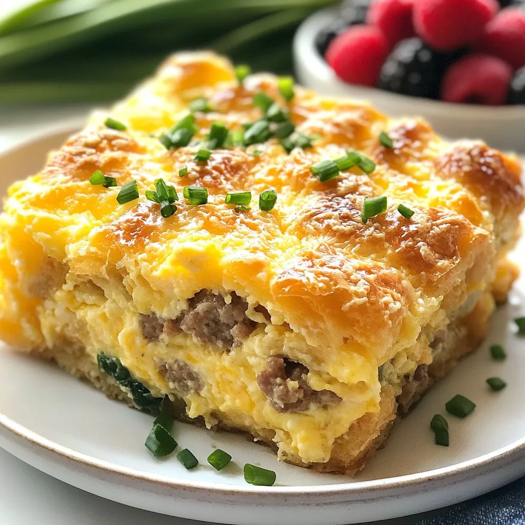 To make this tasty Overnight Croissant Breakfast Casserole, gather these simple ingredients: - 4 large buttery croissants, torn into bite-sized pieces - 6 large eggs - 2 cups whole milk - 1 cup shredded Gruyère cheese - 1 cup cooked breakfast sausage, crumbled (or a vegetarian alternative) - 1 cup baby spinach, roughly chopped - 1/2 teaspoon garlic powder - 1/2 teaspoon fine sea salt - 1/4 teaspoon freshly ground black pepper - 1/4 teaspoon ground nutmeg - Fresh chives, finely chopped for garnish Not all of these ingredients may be available. No problem! Here are some easy swaps: - Croissants: Use any flaky bread like brioche or puff pastry. - Gruyère cheese: Try Swiss or cheddar for a different flavor. - Breakfast sausage: Use crumbled tofu or mushrooms for a veggie option. - Whole milk: Almond milk or oat milk can work in a pinch. - Baby spinach: Kale or Swiss chard also make great choices. Using the right tools makes cooking easier. Here’s what you need: - Large mixing bowl - Whisk for beating eggs - 9x13 inch baking dish - Non-stick spray or softened butter for greasing - Plastic wrap or aluminum foil for overnight soaking - Oven for baking These simple tools will help you create a wonderful dish! {{ingredient_image_2}} Start by cracking six large eggs into a big mixing bowl. Use a whisk to mix them well. Add two cups of whole milk to make the eggs creamy. Sprinkle in half a teaspoon of garlic powder, half a teaspoon of fine sea salt, a quarter teaspoon of black pepper, and a quarter teaspoon of nutmeg. Keep whisking until it is smooth and well blended. This egg mixture is the heart of your casserole. Grease a 9x13 inch baking dish with non-stick spray or butter. Tear four large buttery croissants into bite-sized pieces. Spread these pieces evenly across the bottom of the dish. Next, sprinkle one cup of crumbled breakfast sausage over the croissants. If you want a vegetarian option, skip the sausage. Add one cup of roughly chopped baby spinach on top of the sausage. The greens will add color and nutrition. Now, carefully pour the egg mixture over the layers in the dish. Use a spoon to push down any croissant pieces that float up. This helps them soak up all the egg goodness. Finish by sprinkling one cup of shredded Gruyère cheese over everything. This cheese melts beautifully and adds rich flavor. Cover the dish tightly with plastic wrap or foil. Place it in the fridge overnight. This step allows the flavors to blend and makes the croissants soft. The next morning, take the casserole out of the fridge while you preheat your oven to 350°F (175°C). Bake the casserole uncovered for about 40 to 45 minutes. Look for the egg to be fully set and the top to be golden brown. Let it rest for a few minutes before slicing. Garnish each slice with fresh chives for a pop of color and flavor. Enjoy this delightful dish with your family and friends! To make your casserole great, follow these steps. First, use fresh croissants. They should be buttery and soft. Tear them into bite-sized pieces for even soaking. Next, whisk the eggs well. Combine them with milk until smooth. This makes a rich base. Add the spices for flavor. Garlic and nutmeg really enhance the taste. Layer the ingredients carefully. Start with croissants, then sausage, and spinach. This helps each bite taste amazing. Finally, pour the egg mix slowly. This ensures every piece soaks well overnight. One common mistake is not using enough eggs. Six large eggs give the right texture. Another mistake is skipping the overnight soak. This step allows flavors to blend. If you rush and bake right away, the dish may turn out dry. Make sure to cover the dish tightly. This keeps moisture in. Also, avoid using low-fat milk. Whole milk gives a creamier finish. Lastly, don’t forget to let it rest after baking. This helps the casserole set before slicing. To get a creamy texture, use whole milk instead of skim. You can also mix in some heavy cream for extra richness. When whisking the eggs, go for a light and airy mix. This helps add fluffiness. Consider adding an extra layer of cheese. Gruyère melts beautifully and adds creaminess. If you want, fold in some cream cheese into the egg mix. It creates a delightful texture. Lastly, let the casserole cool for a few minutes before serving. This helps maintain its creamy feel as you slice it. Pro Tips Use Day-Old Croissants: For the best texture, use croissants that are at least a day old. They will absorb the egg mixture better without becoming too mushy. Add Flavor Variations: Feel free to experiment with different cheeses, such as cheddar or feta, or add herbs like thyme or basil for extra flavor. Make It Ahead: This casserole is perfect for meal prep. Assemble it a day in advance and bake it fresh in the morning for an effortless breakfast. Check for Doneness: To ensure the casserole is fully cooked, use a toothpick or knife in the center; it should come out clean when the casserole is done. {{image_4}} You can easily make a vegetarian version of this casserole. Instead of using breakfast sausage, simply swap it out for plant-based sausage or mushrooms. Both options add great flavor and texture. You can also add more veggies like bell peppers or zucchini for extra nutrition. Mixing in some diced tomatoes can also brighten the dish. To make your casserole even more exciting, try adding different spices and herbs. Fresh herbs like rosemary or thyme can elevate the taste. A pinch of cayenne pepper can add a nice kick. You might also consider adding some sun-dried tomatoes for a burst of flavor. If you love sweet and savory, a handful of berries mixed in can surprise your taste buds. Gruyère is fantastic, but feel free to experiment with different cheeses. Cheddar adds a sharp flavor, while feta brings a creamy texture. For a unique twist, try goat cheese or mozzarella. You can also mix in other fillings like cooked bacon, ham, or even artichokes. The key is to choose flavors that you enjoy and that complement each other. To store leftover casserole, let it cool completely. Once cooled, cover it tightly with plastic wrap or aluminum foil. You can also transfer it to an airtight container. This helps keep it fresh. Store it in the fridge for up to three days. If you want to freeze the casserole, cut it into portions first. Wrap each piece in plastic wrap, then foil. This prevents freezer burn. Store it in the freezer for up to three months. To reheat, thaw it overnight in the fridge. Bake the thawed casserole at 350°F (175°C) until heated through, about 25-30 minutes. Use glass or plastic containers with tight-fitting lids for storage. These keep air out and moisture in. If you plan to freeze, choose freezer-safe containers. For easy portioning, consider using individual serving dishes. This way, you can grab just what you need. Yes, you can make this casserole without eggs. Use a mix of silken tofu or a plant-based egg substitute. This will keep the creamy texture. For best results, blend the tofu until smooth and mix it with milk and seasonings. This way, you still get a rich flavor. You can store the casserole in the fridge for up to three days. Make sure to cover it tightly with plastic wrap or foil. If you notice any changes in smell or appearance, it's best to toss it out. Freshness matters for taste and safety. This dish goes well with fresh fruit. Mixed berries add a bright touch. You can also serve it with a light salad for crunch. A dollop of yogurt on the side makes it feel special. These sides balance the richness of the casserole and enhance your meal. In this blog post, we covered every aspect of making an Overnight Croissant Breakfast Casserole. We discussed key ingredients, cooking tools, and step-by-step instructions. I shared tips for perfecting your casserole and ways to avoid common mistakes. You can even explore fun variations and get guidance on storing leftovers. Now, you have the knowledge to create this delicious dish. Enjoy making it and sharing it with others! Your breakfast will never be the same again.