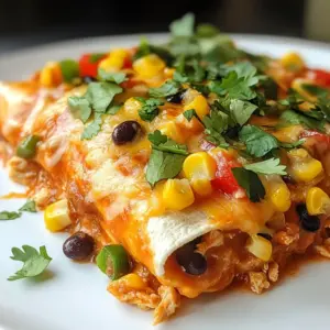 To make tasty chicken enchiladas, gather these key ingredients: - 2 cups shredded cooked chicken (rotisserie works great!) - 1 cup black beans, rinsed and drained - 1 cup corn kernels (fresh, frozen, or canned) - 1 cup bell peppers, chopped (mix of red and green for color) - 1 teaspoon ground cumin - 1 teaspoon chili powder - ½ teaspoon garlic powder - ½ teaspoon onion powder - 1 cup enchilada sauce (store-bought or homemade) - 8 small flour or corn tortillas - 1 cup shredded cheese (cheddar or Monterey Jack) - Fresh cilantro, chopped (for garnish) - Sour cream (for serving) These ingredients create a vibrant flavor. The chicken and beans provide protein, while the corn and peppers add sweetness and crunch. You can enhance your enchiladas with some fun garnishes and sides: - Sliced jalapeños for heat - Avocado or guacamole for creaminess - Lime wedges for a zesty kick - Mexican rice or refried beans as side dishes - A fresh salad to balance the meal These options can add more flavor and texture to your dish. Mix and match to find your favorite combos! To make the cooking process smooth, here are some tools you will need: - Large mixing bowl for combining ingredients - Baking dish to hold enchiladas while baking - Measuring cups and spoons for accurate portions - Wooden spoon or spatula for mixing - Aluminum foil to cover the dish while baking Having the right tools makes cooking easier and more fun. You’ll be ready to whip up these enchiladas in no time! {{ingredient_image_2}} First, preheat your oven to 375°F (190°C). This heats the oven for baking. In a large bowl, mix 2 cups of shredded cooked chicken, 1 cup of black beans, 1 cup of corn, and 1 cup of chopped bell peppers. Add 1 teaspoon of ground cumin, 1 teaspoon of chili powder, ½ teaspoon of garlic powder, and ½ teaspoon of onion powder. Stir well until everything is combined. Grab a tortilla and place about ¼ cup of the chicken mixture in the center. Roll the tortilla tightly and place it seam-side down in a greased baking dish. Repeat this for all the tortillas. After arranging the rolled tortillas, pour 1 cup of enchilada sauce over them. Make sure each tortilla is covered. Next, sprinkle 1 cup of shredded cheese over the top. Cover the dish with aluminum foil to avoid burning. Bake the enchiladas for 20 minutes. After that, remove the foil and bake for another 10 minutes. This helps the cheese melt and turn golden. Once done, take the dish out and let it cool for a few minutes. Before serving, sprinkle fresh cilantro on top for a burst of flavor. Serve the enchiladas on a colorful plate. Drizzle with extra enchilada sauce and add a dollop of sour cream. This makes the dish look great and taste even better! Enjoy your meal! To keep your enchiladas moist, use enough sauce. Pour it over the tortillas before baking. This step is key. You want every tortilla to soak up the flavor. If you like, add some sauce inside the tortillas too. It makes each bite juicy and delicious. Rolling tortillas can be tricky. First, warm them slightly to make them flexible. This helps prevent tearing. Lay down about ¼ cup of the chicken mixture. Start at one end and roll tightly. Make sure to tuck in the sides as you roll. Place the seam side down in the baking dish. This keeps them from unrolling. Watch out for overfilling your tortillas. If they are too full, they won’t roll well. Also, don’t skip the sauce on top. It adds moisture and flavor. Lastly, avoid baking them too long. They should be bubbly and slightly golden but not dried out. Pay attention to these tips for the best enchiladas! Pro Tips Use Rotisserie Chicken: For a quick and flavorful option, shredded rotisserie chicken saves time and adds delicious seasoning to your enchiladas. Mix Your Cheeses: Combining cheddar and Monterey Jack cheese not only enhances the flavor but also creates a melty texture that pulls perfectly when served. Customize Your Fillings: Feel free to add other ingredients like diced zucchini, mushrooms, or jalapeños for a personal twist on the classic recipe. Let Them Rest: Allow the enchiladas to cool for a few minutes before serving; this helps the flavors meld and makes them easier to serve. {{image_4}} You can change the filling for your chicken enchiladas. Here are some ideas: - Vegetarian Option: Use black beans, corn, and extra veggies like zucchini or mushrooms. - Spicy Kick: Add diced jalapeños or hot sauce to the chicken mix. - Cheesy Goodness: Mix in cream cheese or ricotta for a creamy filling. - Protein Swap: Try ground turkey or beef for a different meat flavor. You can mix and match to find your favorite combination! The sauce can make or break your enchiladas. Here are some alternatives: - Green Sauce: Use green salsa or tomatillo sauce for a fresh taste. - Creamy Sauce: Try a white cheese sauce for a rich twist. - BBQ Sauce: For a fun fusion, use barbecue sauce instead of enchilada sauce. These sauces can add a unique flavor to your dish! You can easily adapt this recipe to fit various diets: - Gluten-Free: Use corn tortillas instead of flour ones. - Dairy-Free: Swap cheese for a dairy-free cheese or skip it altogether. - Low-Carb: Use lettuce wraps instead of tortillas for a lighter meal. These adjustments make it easy to enjoy enchiladas no matter your diet! To keep your leftover enchiladas fresh, place them in an airtight container. Make sure they cool down first. You can store them in the fridge for up to four days. If you want to keep them longer, freezing is a great option. To freeze enchiladas, let them cool completely. Wrap each one tightly in plastic wrap. Then, place them in a freezer-safe container or bag. They can last for up to three months in the freezer. When you are ready to eat them, just thaw in the fridge overnight. For the best taste, reheat enchiladas in the oven. Preheat the oven to 350°F (175°C). Place the enchiladas in a baking dish and cover with foil. Heat for about 20 minutes, or until they are warmed through. You can also microwave them, but the oven gives a better texture. Yes, you can use various tortillas. Flour tortillas are soft and easy to roll. Corn tortillas have a nice flavor but can break. If you want a gluten-free option, choose corn. They both work well in this recipe. You might need to warm corn tortillas first. This helps them stay intact while you roll them. To add heat, use spicy enchilada sauce. You can also mix in diced jalapeños or hot sauce. Adding more chili powder boosts spice too. If you like, sprinkle crushed red pepper on top before serving. Remember, start with a little spice. You can always add more! Many sides go great with chicken enchiladas. Consider serving them with rice or beans. A fresh salad adds a nice crunch. Guacamole or chips with salsa are popular choices too. You can also serve sour cream on the side. This helps cool down any heat from the enchiladas. You learned how simple it is to make easy chicken enchiladas. We discussed the best ingredients, Cooking tools, and step-by-step instructions. I shared tips to keep your enchiladas moist and tricks to avoid common mistakes. You can customize them or freeze leftovers for later. Explore different tortillas and sauces to make them your own. Now, you are ready to impress family and friends with your cooking skills and tasty meal. Enjoy every bite and have fun in the kitchen!