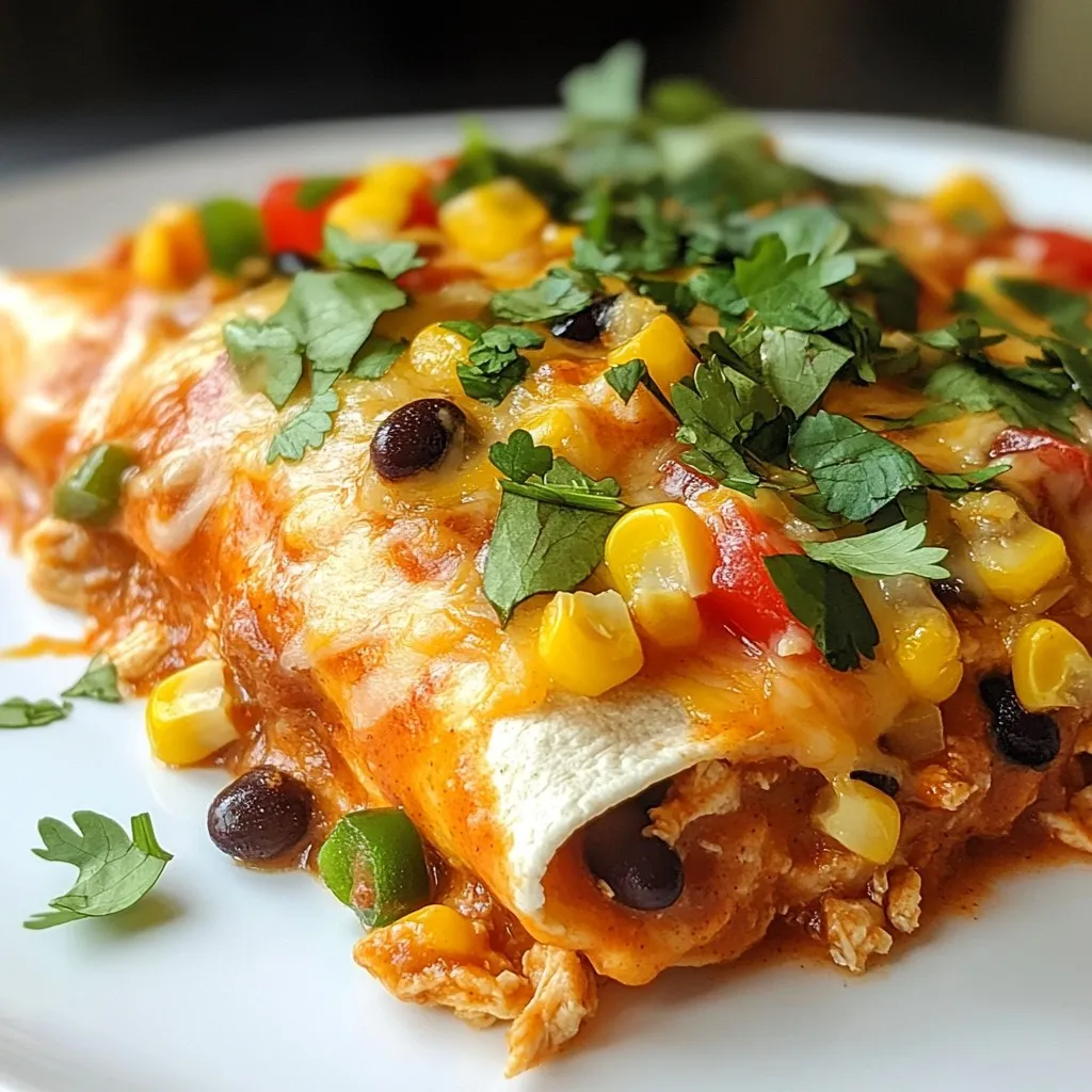 To make tasty chicken enchiladas, gather these key ingredients: - 2 cups shredded cooked chicken (rotisserie works great!) - 1 cup black beans, rinsed and drained - 1 cup corn kernels (fresh, frozen, or canned) - 1 cup bell peppers, chopped (mix of red and green for color) - 1 teaspoon ground cumin - 1 teaspoon chili powder - ½ teaspoon garlic powder - ½ teaspoon onion powder - 1 cup enchilada sauce (store-bought or homemade) - 8 small flour or corn tortillas - 1 cup shredded cheese (cheddar or Monterey Jack) - Fresh cilantro, chopped (for garnish) - Sour cream (for serving) These ingredients create a vibrant flavor. The chicken and beans provide protein, while the corn and peppers add sweetness and crunch. You can enhance your enchiladas with some fun garnishes and sides: - Sliced jalapeños for heat - Avocado or guacamole for creaminess - Lime wedges for a zesty kick - Mexican rice or refried beans as side dishes - A fresh salad to balance the meal These options can add more flavor and texture to your dish. Mix and match to find your favorite combos! To make the cooking process smooth, here are some tools you will need: - Large mixing bowl for combining ingredients - Baking dish to hold enchiladas while baking - Measuring cups and spoons for accurate portions - Wooden spoon or spatula for mixing - Aluminum foil to cover the dish while baking Having the right tools makes cooking easier and more fun. You’ll be ready to whip up these enchiladas in no time! {{ingredient_image_2}} First, preheat your oven to 375°F (190°C). This heats the oven for baking. In a large bowl, mix 2 cups of shredded cooked chicken, 1 cup of black beans, 1 cup of corn, and 1 cup of chopped bell peppers. Add 1 teaspoon of ground cumin, 1 teaspoon of chili powder, ½ teaspoon of garlic powder, and ½ teaspoon of onion powder. Stir well until everything is combined. Grab a tortilla and place about ¼ cup of the chicken mixture in the center. Roll the tortilla tightly and place it seam-side down in a greased baking dish. Repeat this for all the tortillas. After arranging the rolled tortillas, pour 1 cup of enchilada sauce over them. Make sure each tortilla is covered. Next, sprinkle 1 cup of shredded cheese over the top. Cover the dish with aluminum foil to avoid burning. Bake the enchiladas for 20 minutes. After that, remove the foil and bake for another 10 minutes. This helps the cheese melt and turn golden. Once done, take the dish out and let it cool for a few minutes. Before serving, sprinkle fresh cilantro on top for a burst of flavor. Serve the enchiladas on a colorful plate. Drizzle with extra enchilada sauce and add a dollop of sour cream. This makes the dish look great and taste even better! Enjoy your meal! To keep your enchiladas moist, use enough sauce. Pour it over the tortillas before baking. This step is key. You want every tortilla to soak up the flavor. If you like, add some sauce inside the tortillas too. It makes each bite juicy and delicious. Rolling tortillas can be tricky. First, warm them slightly to make them flexible. This helps prevent tearing. Lay down about ¼ cup of the chicken mixture. Start at one end and roll tightly. Make sure to tuck in the sides as you roll. Place the seam side down in the baking dish. This keeps them from unrolling. Watch out for overfilling your tortillas. If they are too full, they won’t roll well. Also, don’t skip the sauce on top. It adds moisture and flavor. Lastly, avoid baking them too long. They should be bubbly and slightly golden but not dried out. Pay attention to these tips for the best enchiladas! Pro Tips Use Rotisserie Chicken: For a quick and flavorful option, shredded rotisserie chicken saves time and adds delicious seasoning to your enchiladas. Mix Your Cheeses: Combining cheddar and Monterey Jack cheese not only enhances the flavor but also creates a melty texture that pulls perfectly when served. Customize Your Fillings: Feel free to add other ingredients like diced zucchini, mushrooms, or jalapeños for a personal twist on the classic recipe. Let Them Rest: Allow the enchiladas to cool for a few minutes before serving; this helps the flavors meld and makes them easier to serve. {{image_4}} You can change the filling for your chicken enchiladas. Here are some ideas: - Vegetarian Option: Use black beans, corn, and extra veggies like zucchini or mushrooms. - Spicy Kick: Add diced jalapeños or hot sauce to the chicken mix. - Cheesy Goodness: Mix in cream cheese or ricotta for a creamy filling. - Protein Swap: Try ground turkey or beef for a different meat flavor. You can mix and match to find your favorite combination! The sauce can make or break your enchiladas. Here are some alternatives: - Green Sauce: Use green salsa or tomatillo sauce for a fresh taste. - Creamy Sauce: Try a white cheese sauce for a rich twist. - BBQ Sauce: For a fun fusion, use barbecue sauce instead of enchilada sauce. These sauces can add a unique flavor to your dish! You can easily adapt this recipe to fit various diets: - Gluten-Free: Use corn tortillas instead of flour ones. - Dairy-Free: Swap cheese for a dairy-free cheese or skip it altogether. - Low-Carb: Use lettuce wraps instead of tortillas for a lighter meal. These adjustments make it easy to enjoy enchiladas no matter your diet! To keep your leftover enchiladas fresh, place them in an airtight container. Make sure they cool down first. You can store them in the fridge for up to four days. If you want to keep them longer, freezing is a great option. To freeze enchiladas, let them cool completely. Wrap each one tightly in plastic wrap. Then, place them in a freezer-safe container or bag. They can last for up to three months in the freezer. When you are ready to eat them, just thaw in the fridge overnight. For the best taste, reheat enchiladas in the oven. Preheat the oven to 350°F (175°C). Place the enchiladas in a baking dish and cover with foil. Heat for about 20 minutes, or until they are warmed through. You can also microwave them, but the oven gives a better texture. Yes, you can use various tortillas. Flour tortillas are soft and easy to roll. Corn tortillas have a nice flavor but can break. If you want a gluten-free option, choose corn. They both work well in this recipe. You might need to warm corn tortillas first. This helps them stay intact while you roll them. To add heat, use spicy enchilada sauce. You can also mix in diced jalapeños or hot sauce. Adding more chili powder boosts spice too. If you like, sprinkle crushed red pepper on top before serving. Remember, start with a little spice. You can always add more! Many sides go great with chicken enchiladas. Consider serving them with rice or beans. A fresh salad adds a nice crunch. Guacamole or chips with salsa are popular choices too. You can also serve sour cream on the side. This helps cool down any heat from the enchiladas. You learned how simple it is to make easy chicken enchiladas. We discussed the best ingredients, Cooking tools, and step-by-step instructions. I shared tips to keep your enchiladas moist and tricks to avoid common mistakes. You can customize them or freeze leftovers for later. Explore different tortillas and sauces to make them your own. Now, you are ready to impress family and friends with your cooking skills and tasty meal. Enjoy every bite and have fun in the kitchen!