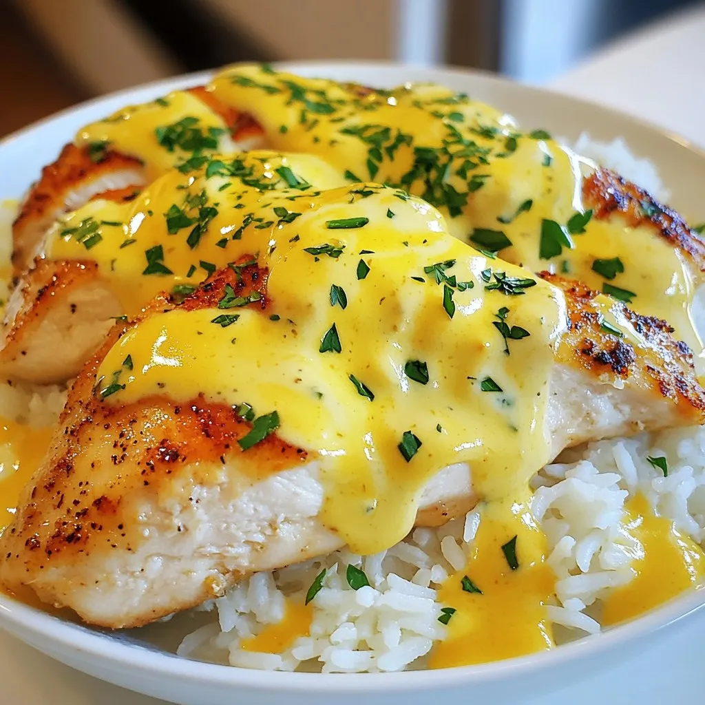 Chicken and Rice Components - 4 boneless, skinless chicken breasts - 1 cup long-grain rice - 2 cups chicken broth Seasoning and Aromatics - 1 medium onion, finely chopped - 3 cloves garlic, minced - 1 teaspoon paprika - 1 teaspoon dried thyme - Salt and freshly cracked black pepper, to taste Additional Items for Garnish - 1 cup heavy cream - 1 cup shredded sharp cheddar cheese - 2 tablespoons olive oil - Fresh parsley, finely chopped (for garnish) When I prepare Creamy Smothered Chicken & Rice, I make sure to gather these ingredients. The chicken breasts are the star of the show, while the rice acts as a fluffy base. Seasonings like paprika and thyme add depth to the dish. Fresh garlic and onion bring a lovely aroma. The heavy cream and cheddar cheese create the rich sauce we all love. Finally, I sprinkle fresh parsley on top for color and freshness. Each ingredient plays a key role in creating a delightful dinner. {{ingredient_image_2}} Cooking the Rice in Chicken Broth To cook the rice, start by pouring chicken broth into a medium saucepan. Bring the broth to a rolling boil over high heat. Once it bubbles, add one cup of long-grain rice. Stir it briefly, then cover the pot with a lid. Reduce the heat to low and let it simmer for 15 to 20 minutes. The rice will become tender and fluffy. After cooking, remove it from the heat and keep it covered to stay warm and moist. Keeping Rice Warm To keep the rice warm while you finish cooking the chicken and sauce, leave the lid on. This will trap heat and steam, ensuring the rice stays fluffy until you're ready to serve. Seasoning the Chicken Breasts While the rice cooks, take four boneless, skinless chicken breasts. Generously season them with salt, pepper, and one teaspoon of paprika on both sides. This adds flavor and color to your chicken. Achieving a Golden Brown Color Next, heat two tablespoons of olive oil in a large skillet over medium-high heat. Once the oil is hot, carefully add the seasoned chicken breasts to the skillet. Cook for 5 to 7 minutes on each side. The chicken should turn a beautiful golden brown. Make sure it is fully cooked with no pink inside. Once cooked, transfer the chicken to a plate and set it aside. Cooking Onions and Garlic In the same skillet, you will use the leftover oil and drippings. Add a finely chopped medium onion and sauté for about 3 minutes. Cook until the onion becomes translucent and soft. This will add a rich flavor base. Combining with Leftover Drippings After the onions are soft, add three minced garlic cloves. Cook for another 1 to 2 minutes, stirring frequently. This prevents the garlic from burning and adds a wonderful aroma. Adding Cream and Cheese Reduce the heat to medium. Pour in one cup of heavy cream into the skillet with the cooked onions and garlic. Stir continuously as the cream heats up. Then, add dried thyme and half of the shredded sharp cheddar cheese. Stir until the cheese melts completely into the sauce. Thickening the Sauce Allow the sauce to simmer gently for about 3 to 4 minutes. This lets it thicken slightly. Stir often to keep it smooth and creamy. Simmering Together Return the seared chicken breasts back to the skillet. Position them in the creamy sauce and spoon the sauce generously over the chicken. Allowing the Flavors to Meld Let everything simmer together for an additional 5 minutes. This step allows the flavors to blend beautifully, making the chicken extra tasty. Plating the Rice and Chicken After simmering, fluff the cooked rice with a fork. Divide the rice evenly onto each plate. Place a succulent piece of creamy chicken on top of the rice, making it look inviting. Garnishing with Fresh Parsley To finish, sprinkle chopped fresh parsley over each plated dish. This adds a vibrant touch and enhances the dish's aroma. Enjoy every bite of your creamy smothered chicken and rice! Adjusting Thickness To get the perfect creamy sauce, you can adjust the thickness. If the sauce is too thick, slowly add more chicken broth or cream. Stir and let it heat up. If it is too thin, let it simmer longer. This helps it thicken naturally. Maintaining Flavor Balance Balancing flavors is key. Taste the sauce before serving. If it needs more flavor, add a pinch of salt or a sprinkle of paprika. A touch of lemon juice can also brighten the taste. Always aim for a rich, velvety sauce. Ensuring Juiciness To keep the chicken juicy, avoid overcooking. Cook the chicken until it is golden brown on both sides. Using a meat thermometer helps here; the safe temperature is 165°F. Letting the chicken rest for a few minutes before serving keeps it moist. Avoiding Overcooking Watch the cooking time closely. Each chicken breast can vary in size. If you notice the chicken turning too brown, lower the heat. This way, you prevent drying out the meat while still achieving a nice color. Preventing Stickiness To prevent sticky rice, rinse the rice before cooking. This removes excess starch. Use a medium saucepan with a tight lid. Once boiling, avoid lifting the lid. This keeps the steam in for fluffy rice. Choosing the Right Rice Long-grain rice works best for this dish. It cooks up light and fluffy. Other options like basmati or jasmine can also work. Always check the cooking time on the package to ensure perfect results. Pro Tips Perfectly Cooked Chicken: Use a meat thermometer to ensure your chicken reaches an internal temperature of 165°F for safety and juiciness. Flavorful Rice: For enhanced flavor, toast the rice in the skillet before adding the chicken broth. It brings out a nutty aroma! Thicker Sauce: If you prefer a thicker sauce, let it simmer longer or add a tablespoon of cornstarch mixed with a little water. Garnishing Like a Pro: Add a squeeze of lemon juice over the dish before serving for a bright, fresh finish that complements the creamy flavors. {{image_4}} If you want a dairy-free version, swap the heavy cream for coconut milk. Use non-dairy cheese for a similar taste. Almond or soy milk also works well in this dish. These options keep the creamy texture while being friendly for lactose-free diets. You can easily change the protein in this recipe. Turkey breasts, pork chops, or even firm tofu are great options. Just adjust the cooking time based on what you choose. For example, tofu cooks faster, so keep an eye on it. To boost the dish’s flavor, add your favorite vegetables. Spinach, bell peppers, or peas blend well with the creamy sauce. Fresh herbs like basil or oregano can brighten the taste. Just toss them in during the last few minutes of cooking. Cheese lovers can have fun here! Try gouda or mozzarella instead of cheddar. Each cheese brings its unique flavor. You might even mix different cheeses for a richer taste. Just remember to melt them well into the sauce. Serve creamy smothered chicken and rice with a light side. Steamed broccoli or green beans make a great pair. A buttery corn on the cob also adds a sweet touch. These sides balance the richness of the main dish. A crisp salad is perfect for this meal. A simple green salad with lemon vinaigrette adds freshness. You can also serve warm bread, like garlic bread, for dipping in the sauce. Both options enhance the dining experience. To keep your creamy smothered chicken and rice fresh, store it in an airtight container. This helps prevent drying out or absorbing other smells in the fridge. You can safely keep the leftovers in the fridge for up to three days. Always let the dish cool down before sealing it up. When ready to enjoy leftovers, use a microwave or stovetop to reheat. If using a microwave, place your portion in a bowl and cover it with a damp paper towel. This keeps moisture in. Stir every minute to heat evenly. On the stovetop, add a splash of chicken broth to a pan, then heat over low until warm. For the best creamy texture, stir in a little extra cream or broth while reheating. You can freeze creamy smothered chicken and rice before or after cooking. If freezing before cooking, place the chicken, rice, and sauce in a freezer-safe bag. If you choose to freeze after cooking, allow it to cool completely first. When ready to eat, thaw it overnight in the fridge. Reheat on the stove or in the microwave, as mentioned above. This keeps the dish tasty and creamy. You can use vegetable broth or beef broth. Both choices work well in this dish. For a lighter option, use water with added herbs and spices. - Vegetable broth - Beef broth - Water with herbs You can make a quick broth at home. Just simmer water with onion, garlic, and herbs for 30 minutes. This gives great flavor without needing store-bought broth. To make it healthier, reduce the cream and cheese. You can replace heavy cream with a lighter option like Greek yogurt. - Use low-fat cream or yogurt - Cut down on cheese Add veggies like spinach, broccoli, or bell peppers. This boosts nutrients and adds color to your dish. You can sauté them with the onions for full flavor. Yes, brown rice is a great choice! It adds fiber and a nutty flavor. Brown rice takes longer to cook. You need about 40-50 minutes instead of 15-20 minutes for white rice. Brown rice has a chewier texture. It pairs well with the creamy sauce, but be aware it may soak up more broth. Adjust the liquid if needed to keep the dish moist. This blog post detailed how to make a delicious chicken and rice dish. We covered essential ingredients, step-by-step instructions, and useful tips. You learned how to create a creamy sauce that enhances flavor. I shared ways to vary the dish and how to store leftovers. Remember, cooking is about creativity. Don’t be afraid to tweak the recipe. Enjoy your tasty creation and impress your friends and family. Happy cooking!