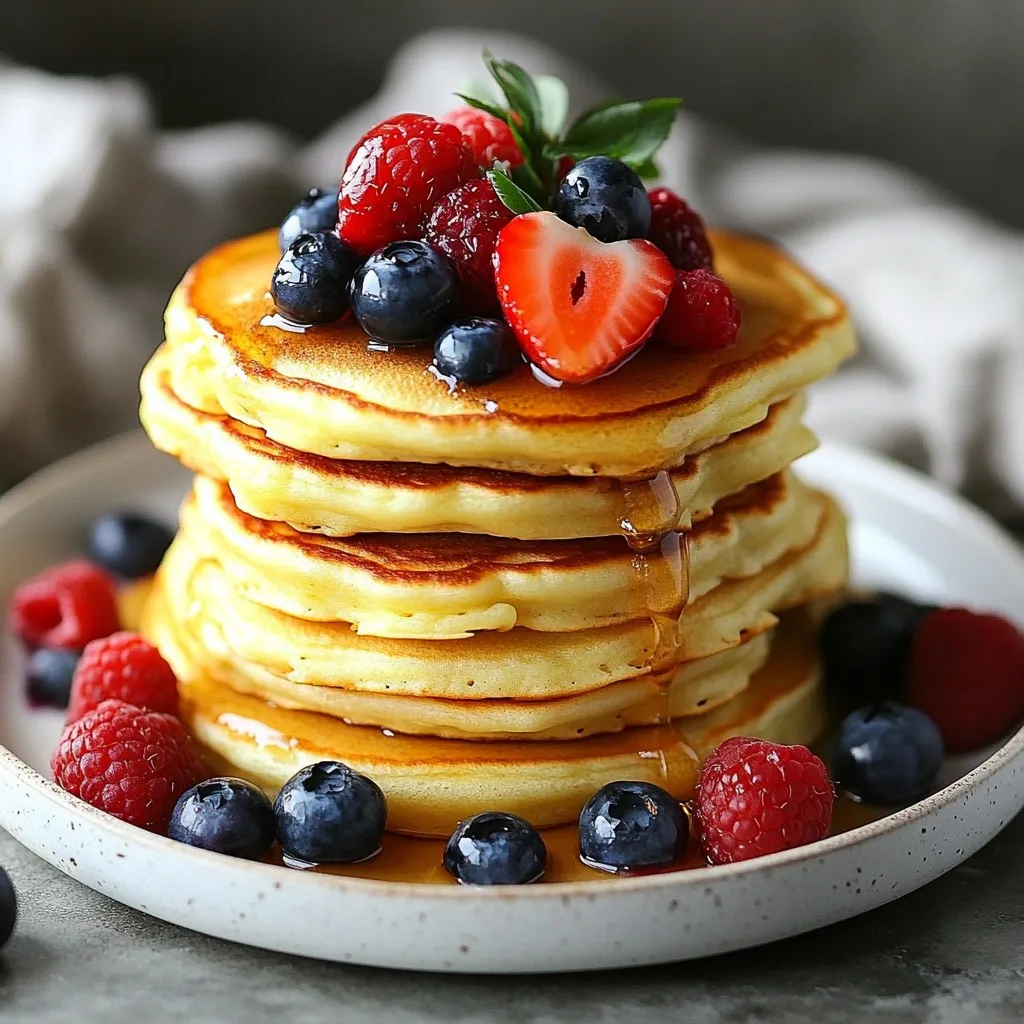 To make Fluffy Greek Yogurt Berry Pancakes, gather these simple ingredients: - 1 cup all-purpose flour - 1 tablespoon baking powder - 1 tablespoon granulated sugar - 1/2 teaspoon salt - 1 cup plain Greek yogurt - 2 large eggs - 1/4 cup milk (dairy or non-dairy) - 1 teaspoon pure vanilla extract - 1 cup mixed berries (blueberries, raspberries, strawberries, or your favorites) - 2 tablespoons melted coconut oil or unsalted butter, plus extra for the skillet You can customize your pancakes with fun add-ins. Consider: - Chopped nuts for crunch - Chocolate chips for sweetness - Lemon zest for a fresh twist These additions can make your pancakes even more delightful. These pancakes offer great nutrition. Greek yogurt adds protein and calcium. Berries provide vitamins and antioxidants. Each serving is balanced, making it ideal for breakfast. If you want a lighter option, use low-fat yogurt. For gluten-free needs, swap the flour with a gluten-free blend. {{ingredient_image_2}} Start by gathering your dry items. You need: - 1 cup all-purpose flour - 1 tablespoon baking powder - 1 tablespoon granulated sugar - 1/2 teaspoon salt In a large bowl, whisk these together. This helps mix the dry ingredients well. Make sure there are no lumps. A good mix leads to light and fluffy pancakes. Now, let’s focus on the wet ingredients. Take another bowl and add: - 1 cup plain Greek yogurt - 2 large eggs - 1/4 cup milk (dairy or non-dairy) - 1 teaspoon pure vanilla extract Whisk these ingredients until smooth. You want a creamy mixture with no lumps. This blend gives your pancakes a rich flavor and nice texture. Next, pour the wet mixture into the bowl with the dry ingredients. Use a spatula to gently fold them together. Mix just until you see no dry flour. It's okay to have small lumps. If you mix too much, the pancakes may become heavy. Preheat your skillet or griddle on medium heat. Add 2 tablespoons of melted coconut oil or unsalted butter to the pan. Once it’s hot, use a ladle to scoop about 1/4 cup of batter into the skillet. Cook until bubbles form on the surface. This usually takes about 2-3 minutes. Flip the pancakes gently and cook for another 2-3 minutes until they turn golden brown. Repeat this step until you use all the batter, adding more oil or butter as needed. Serve your fluffy pancakes warm. Drizzle honey or maple syrup on top. You can also add more berries for a pop of color. For a nice touch, stack the pancakes high and sprinkle some powdered sugar on top. A dollop of Greek yogurt makes it creamier and tastier. Enjoy your breakfast! To make your pancakes light and fluffy, use fresh baking powder. This ingredient helps create bubbles in the batter. Check the date on your baking powder. If it’s old, buy a new one. The Greek yogurt also adds moisture. This moisture helps keep the pancakes soft. Mixing too much can ruin your pancakes. When you combine the wet and dry ingredients, stir gently. A few lumps are okay. They will disappear while cooking. Over-mixing makes the pancakes tough, not fluffy. The right heat is key for great pancakes. Preheat your skillet on medium heat. If it's too hot, the pancakes burn on the outside. If it’s too cool, they won’t cook well. You can test the heat by dropping a little batter on the skillet. If it bubbles, it’s ready. Stack your pancakes high for a beautiful look. Add a sprinkle of powdered sugar on top. You can also add a dollop of Greek yogurt for creaminess. Fresh berries on the side add color and charm. Drizzle with honey or maple syrup for sweet flavor. Pro Tips Use Fresh Berries: Fresh berries not only enhance the flavor but also add a vibrant color to your pancakes. If using frozen berries, make sure to thaw and drain them to prevent excess moisture in the batter. Adjust Cooking Temperature: Keep the heat at medium to ensure that pancakes cook evenly. If they brown too quickly, lower the heat to allow the inside to cook through without burning the outside. Rest the Batter: Letting the batter rest for about 5 minutes before cooking allows the baking powder to activate fully, resulting in fluffier pancakes. Experiment with Flavors: Feel free to add spices like cinnamon or nutmeg to the batter for an extra flavor twist, or try using flavored Greek yogurt for a unique taste. {{image_4}} You can use many kinds of berries in these pancakes. Blueberries, strawberries, and raspberries work great. Feel free to mix them up! You can even add blackberries or chopped cherries. Each berry adds its flavor and color. They make the pancakes look fun and bright. Try using a single type of berry for a special taste. Adding flavors can make your pancakes even better. A bit of lemon zest brings freshness. You can also try a sprinkle of cinnamon for warmth. Vanilla extract adds richness, but you can switch it up too. Almond or maple extract can give new tastes. Experiment with flavors to find your favorite mix. You can easily make these pancakes gluten-free. Use a gluten-free flour blend instead of regular flour. Check the label to ensure it works for pancakes. For dairy-free pancakes, swap Greek yogurt with a non-dairy yogurt. Almond, coconut, or soy yogurt are good choices. Use non-dairy milk too. These changes still keep your pancakes light and fluffy. You can keep your leftover pancakes in the fridge for up to three days. Place them in an airtight container. This keeps them fresh and tasty. When you want to eat them, just take them out and enjoy! To freeze your pancakes, let them cool first. Then, stack them with a piece of parchment paper between each one. Place the stack in a freezer bag or container. Your pancakes will stay good for about two months in the freezer. This is great for quick breakfasts! To reheat, use a microwave, skillet, or oven. For the microwave, heat for about 30 seconds or until warm. If using a skillet, use medium heat and cook for 1-2 minutes on each side. For the oven, place them on a baking sheet at 350°F for about 10 minutes. Enjoy them warm, just like when they were fresh! Yes, you can use low-fat Greek yogurt. It may change the texture slightly. Your pancakes may be less rich but still fluffy and tasty. You can use applesauce or mashed bananas as an egg substitute. Use 1/4 cup for each egg. This will keep your pancakes moist and add a slight sweetness. To make pancakes crispy, use a hot skillet with melted coconut oil or butter. Cook them longer on each side until golden brown. This helps create a nice, crispy edge. You can prepare the batter ahead of time. Store it in the fridge for up to 24 hours. Stir it gently before cooking, as it may thicken while sitting. These pancakes taste great with fresh berries, honey, or maple syrup. You can also add a dollop of Greek yogurt or a sprinkle of nuts for extra flavor and texture. This blog post guides you through making delicious pancakes. We covered key ingredients and optional add-ins to enhance flavor. I shared step-by-step instructions for mixing and cooking. You learned tips for fluffy results and discovered fun variations to try. Lastly, we discussed storage tips to keep pancakes fresh. Pancakes are simple yet satisfying. With these ideas, you can create your perfect stack anytime. Enjoy experimenting with flavors and serve them your way!