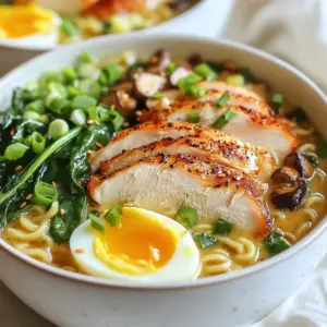 - 2 boneless, skinless chicken breasts - 4 cups chicken broth - 2 packs of instant ramen noodles - 1 cup heavy cream - 4 cloves garlic - 1 tablespoon soy sauce - 1 teaspoon toasted sesame oil - 1 teaspoon red pepper flakes (optional) - 1 cup baby spinach - 1 cup sliced mushrooms - 2 green onions - Soft-boiled eggs (optional) Cooking starts with the right ingredients. Each one adds flavor and depth to your creamy garlic chicken ramen bowls. I love using fresh baby spinach. It adds a nice color and a healthy boost. Sliced mushrooms are key too. They give a lovely umami taste. For the protein, I prefer chicken breasts. They cook fast and stay juicy. The heavy cream makes the broth rich and creamy. I also add garlic for that amazing aroma. Soy sauce gives it a savory kick, while toasted sesame oil brings out those warm notes. Don't forget the red pepper flakes if you like some spice! They add a fun twist to the dish. Lastly, the green onions and soft-boiled eggs make great garnishes. They add flavor and a pop of color. With these ingredients, you are ready to create a dish that is both tasty and satisfying. Each bite will leave you wanting more! {{ingredient_image_2}} To start, we need to cook the chicken. Heat olive oil in a large pot over medium heat. While it warms, season both sides of the chicken breasts with salt and pepper. Place the chicken in the pot and sear for about 6-7 minutes on each side. The chicken should look golden brown and be fully cooked. Once done, take the chicken out of the pot. Let it rest for 5 minutes. After resting, slice the chicken thinly against the grain. This step keeps the chicken juicy. Next, it’s time to add garlic. Without cleaning the pot, lower the heat to medium-low. Add the finely minced garlic and sauté for about 1 minute. Keep a close eye on it; burnt garlic can taste bitter. You want the garlic to be fragrant, not charred. Now, let’s make the broth. Gradually pour in 4 cups of chicken broth while stirring. This helps mix in any tasty bits left in the pot. Bring the mixture to a gentle simmer. Then, add 1 cup of sliced mushrooms to the pot. Cook for about 5 minutes. Stir occasionally until the mushrooms are tender and have released their moisture. Time to create the creamy base! Stir in 1 cup of heavy cream, 1 tablespoon of soy sauce, and 1 teaspoon of toasted sesame oil. Let this mixture simmer for 3-4 minutes. It should thicken slightly. Adjust the seasoning by adding salt, freshly ground black pepper, and red pepper flakes to taste. This is where you can make it your own! While the broth simmers, cook the ramen noodles. Follow the package instructions. Once cooked, drain the noodles. Gently add them to the creamy broth. Use tongs or chopsticks to toss the noodles until they are evenly coated and heated through. Now, let’s finish the dish! Add 1 cup of fresh baby spinach and the sliced chicken to the pot. Stir gently until the spinach wilts and mixes in. Make sure everything is heated through. Ladle the creamy chicken ramen into deep bowls. Top with chopped green onions for color and flavor. If you like, add a soft-boiled egg for an extra treat. Enjoy your delicious bowl of creamy garlic chicken ramen! To achieve the perfect sear on chicken, heat olive oil in your pot. Season the chicken breasts well with salt and pepper. Cook them for about 6-7 minutes on each side. Look for that golden brown color; this adds flavor. To avoid burnt garlic, lower the heat after searing the chicken. Add the minced garlic to the pot and sauté it gently. Cook for about one minute, just until it smells great. Watch it closely! Burnt garlic tastes bitter and can ruin your dish. To spice things up, consider adding fresh herbs like basil or cilantro. A dash of ginger can add warmth and depth. If you want a unique twist, try a splash of lime juice for freshness. You can adjust the creaminess level by adding more or less heavy cream. For a lighter version, try half-and-half instead. You can also reduce the cream for a brothier ramen if you prefer a lighter taste. For a visually appealing dish, ladle the creamy ramen into deep bowls. Create a little nest with the noodles and spinach. Make sure to tidy the edges of the bowl for a clean look. Garnish your ramen with chopped green onions. Use both the white and green parts for color and flavor. If you like, top it with a soft-boiled egg for a lovely touch. A sprinkle of sesame seeds or red pepper flakes adds a pop of color and flavor. Enjoy your beautiful bowl of creamy garlic chicken ramen! Pro Tips Marinate the Chicken: For enhanced flavor, consider marinating the chicken breasts in soy sauce and minced garlic for 30 minutes before cooking. This will infuse the meat with extra taste. Use Fresh Ingredients: Fresh garlic, spinach, and mushrooms elevate the dish significantly. Whenever possible, opt for fresh produce rather than dried or canned versions. Adjust Creaminess: If you prefer a lighter broth, reduce the amount of heavy cream or substitute with coconut milk for a different flavor profile. Customize Your Toppings: Feel free to add other toppings like sliced radishes, nori strips, or sesame seeds to create a personalized ramen bowl that suits your taste. {{image_4}} You can easily switch the chicken for shrimp or tofu. Shrimp cooks fast and adds a nice touch. Just sauté it for a few minutes until it turns pink. Tofu gives you a plant-based option. Press and cube it, then brown it in the pot. Both options work great and keep the dish tasty. If you want to change the noodles, try whole wheat ramen or rice noodles. Whole wheat noodles add fiber and a nutty flavor. Rice noodles give you a gluten-free choice. Cook them according to the package and add them to the creamy broth. Both options keep your meal exciting and nutritious. Boost the nutrition by mixing in different vegetables. You can add broccoli, bell peppers, or snap peas. These veggies add crunch and color. Toss them in with the mushrooms to cook until tender. This way, you get more flavor and health in each bite. Enjoy experimenting! To store your creamy garlic chicken ramen bowls, let them cool first. Then, place the leftovers in an airtight container. This keeps them fresh. Your ramen will stay good for about 3 to 4 days in the fridge. Make sure to separate the chicken and noodles if you can. This keeps the noodles from getting too soggy. When you’re ready to enjoy your leftovers, reheat them gently. You can use a pot on low heat. Add a splash of chicken broth to keep it creamy. Stir often to avoid burning. You can also use the microwave. Just cover your bowl with a lid or a damp paper towel. Heat it in short bursts, stirring in between. Yes, you can freeze this dish! To do so, place the ramen in a freezer-safe container. It’s best to freeze it without the toppings. The noodles may become mushy after thawing. When you’re ready to eat, thaw it overnight in the fridge. Reheat it with a bit of broth for the best flavor and texture. To make your ramen spicier, you can: - Add more red pepper flakes. - Use a spicy soy sauce instead of regular soy sauce. - Stir in a spoonful of chili paste or sriracha. - Top with sliced fresh chili peppers. These options let you control the heat. Start with a little, then add more to taste. Adjusting spice levels makes your dish just right for you. Yes, you can use different broths! Here are some great alternatives: - Vegetable broth for a lighter option. - Beef broth for a richer flavor. - Miso broth for a unique taste. By switching broths, you change the dish's flavor. Feel free to experiment with what you have on hand. If you need a substitute for heavy cream, try: - Coconut milk for a dairy-free option. - Cashew cream for a creamy texture. - Greek yogurt for a lower-calorie choice. These swaps keep your ramen creamy and delicious. Choose what fits your diet best. Leftovers can last in the fridge for 3 to 4 days. Store them in an airtight container. For best taste, eat them within this timeframe. If you want to keep them longer, you can freeze the ramen for up to 2 months. Just remember, the texture may change slightly after thawing. This blog post guided you through creating a delicious, creamy ramen dish. You learned about the key ingredients like chicken, broth, and cream, along with flavor boosters and veggies. I shared step-by-step instructions to help you master cooking techniques, plus tips for better results. In the end, cooking is all about finding what you enjoy. Mix and match flavors to suit your taste. Whether you want a spicy kick or a lighter alternative, this dish adapts well to your preferences. Enjoy your cooking adventure!
