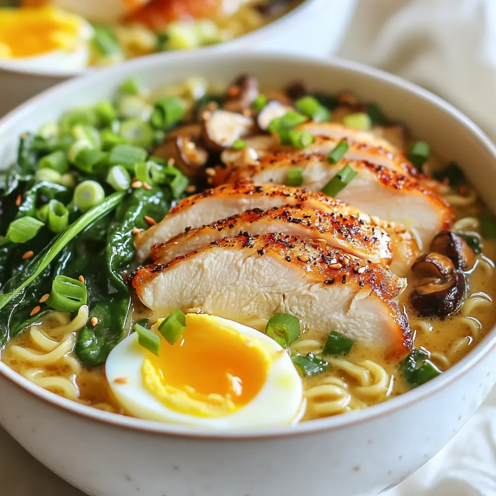 - 2 boneless, skinless chicken breasts - 4 cups chicken broth - 2 packs of instant ramen noodles - 1 cup heavy cream - 4 cloves garlic - 1 tablespoon soy sauce - 1 teaspoon toasted sesame oil - 1 teaspoon red pepper flakes (optional) - 1 cup baby spinach - 1 cup sliced mushrooms - 2 green onions - Soft-boiled eggs (optional) Cooking starts with the right ingredients. Each one adds flavor and depth to your creamy garlic chicken ramen bowls. I love using fresh baby spinach. It adds a nice color and a healthy boost. Sliced mushrooms are key too. They give a lovely umami taste. For the protein, I prefer chicken breasts. They cook fast and stay juicy. The heavy cream makes the broth rich and creamy. I also add garlic for that amazing aroma. Soy sauce gives it a savory kick, while toasted sesame oil brings out those warm notes. Don't forget the red pepper flakes if you like some spice! They add a fun twist to the dish. Lastly, the green onions and soft-boiled eggs make great garnishes. They add flavor and a pop of color. With these ingredients, you are ready to create a dish that is both tasty and satisfying. Each bite will leave you wanting more! {{ingredient_image_2}} To start, we need to cook the chicken. Heat olive oil in a large pot over medium heat. While it warms, season both sides of the chicken breasts with salt and pepper. Place the chicken in the pot and sear for about 6-7 minutes on each side. The chicken should look golden brown and be fully cooked. Once done, take the chicken out of the pot. Let it rest for 5 minutes. After resting, slice the chicken thinly against the grain. This step keeps the chicken juicy. Next, it’s time to add garlic. Without cleaning the pot, lower the heat to medium-low. Add the finely minced garlic and sauté for about 1 minute. Keep a close eye on it; burnt garlic can taste bitter. You want the garlic to be fragrant, not charred. Now, let’s make the broth. Gradually pour in 4 cups of chicken broth while stirring. This helps mix in any tasty bits left in the pot. Bring the mixture to a gentle simmer. Then, add 1 cup of sliced mushrooms to the pot. Cook for about 5 minutes. Stir occasionally until the mushrooms are tender and have released their moisture. Time to create the creamy base! Stir in 1 cup of heavy cream, 1 tablespoon of soy sauce, and 1 teaspoon of toasted sesame oil. Let this mixture simmer for 3-4 minutes. It should thicken slightly. Adjust the seasoning by adding salt, freshly ground black pepper, and red pepper flakes to taste. This is where you can make it your own! While the broth simmers, cook the ramen noodles. Follow the package instructions. Once cooked, drain the noodles. Gently add them to the creamy broth. Use tongs or chopsticks to toss the noodles until they are evenly coated and heated through. Now, let’s finish the dish! Add 1 cup of fresh baby spinach and the sliced chicken to the pot. Stir gently until the spinach wilts and mixes in. Make sure everything is heated through. Ladle the creamy chicken ramen into deep bowls. Top with chopped green onions for color and flavor. If you like, add a soft-boiled egg for an extra treat. Enjoy your delicious bowl of creamy garlic chicken ramen! To achieve the perfect sear on chicken, heat olive oil in your pot. Season the chicken breasts well with salt and pepper. Cook them for about 6-7 minutes on each side. Look for that golden brown color; this adds flavor. To avoid burnt garlic, lower the heat after searing the chicken. Add the minced garlic to the pot and sauté it gently. Cook for about one minute, just until it smells great. Watch it closely! Burnt garlic tastes bitter and can ruin your dish. To spice things up, consider adding fresh herbs like basil or cilantro. A dash of ginger can add warmth and depth. If you want a unique twist, try a splash of lime juice for freshness. You can adjust the creaminess level by adding more or less heavy cream. For a lighter version, try half-and-half instead. You can also reduce the cream for a brothier ramen if you prefer a lighter taste. For a visually appealing dish, ladle the creamy ramen into deep bowls. Create a little nest with the noodles and spinach. Make sure to tidy the edges of the bowl for a clean look. Garnish your ramen with chopped green onions. Use both the white and green parts for color and flavor. If you like, top it with a soft-boiled egg for a lovely touch. A sprinkle of sesame seeds or red pepper flakes adds a pop of color and flavor. Enjoy your beautiful bowl of creamy garlic chicken ramen! Pro Tips Marinate the Chicken: For enhanced flavor, consider marinating the chicken breasts in soy sauce and minced garlic for 30 minutes before cooking. This will infuse the meat with extra taste. Use Fresh Ingredients: Fresh garlic, spinach, and mushrooms elevate the dish significantly. Whenever possible, opt for fresh produce rather than dried or canned versions. Adjust Creaminess: If you prefer a lighter broth, reduce the amount of heavy cream or substitute with coconut milk for a different flavor profile. Customize Your Toppings: Feel free to add other toppings like sliced radishes, nori strips, or sesame seeds to create a personalized ramen bowl that suits your taste. {{image_4}} You can easily switch the chicken for shrimp or tofu. Shrimp cooks fast and adds a nice touch. Just sauté it for a few minutes until it turns pink. Tofu gives you a plant-based option. Press and cube it, then brown it in the pot. Both options work great and keep the dish tasty. If you want to change the noodles, try whole wheat ramen or rice noodles. Whole wheat noodles add fiber and a nutty flavor. Rice noodles give you a gluten-free choice. Cook them according to the package and add them to the creamy broth. Both options keep your meal exciting and nutritious. Boost the nutrition by mixing in different vegetables. You can add broccoli, bell peppers, or snap peas. These veggies add crunch and color. Toss them in with the mushrooms to cook until tender. This way, you get more flavor and health in each bite. Enjoy experimenting! To store your creamy garlic chicken ramen bowls, let them cool first. Then, place the leftovers in an airtight container. This keeps them fresh. Your ramen will stay good for about 3 to 4 days in the fridge. Make sure to separate the chicken and noodles if you can. This keeps the noodles from getting too soggy. When you’re ready to enjoy your leftovers, reheat them gently. You can use a pot on low heat. Add a splash of chicken broth to keep it creamy. Stir often to avoid burning. You can also use the microwave. Just cover your bowl with a lid or a damp paper towel. Heat it in short bursts, stirring in between. Yes, you can freeze this dish! To do so, place the ramen in a freezer-safe container. It’s best to freeze it without the toppings. The noodles may become mushy after thawing. When you’re ready to eat, thaw it overnight in the fridge. Reheat it with a bit of broth for the best flavor and texture. To make your ramen spicier, you can: - Add more red pepper flakes. - Use a spicy soy sauce instead of regular soy sauce. - Stir in a spoonful of chili paste or sriracha. - Top with sliced fresh chili peppers. These options let you control the heat. Start with a little, then add more to taste. Adjusting spice levels makes your dish just right for you. Yes, you can use different broths! Here are some great alternatives: - Vegetable broth for a lighter option. - Beef broth for a richer flavor. - Miso broth for a unique taste. By switching broths, you change the dish's flavor. Feel free to experiment with what you have on hand. If you need a substitute for heavy cream, try: - Coconut milk for a dairy-free option. - Cashew cream for a creamy texture. - Greek yogurt for a lower-calorie choice. These swaps keep your ramen creamy and delicious. Choose what fits your diet best. Leftovers can last in the fridge for 3 to 4 days. Store them in an airtight container. For best taste, eat them within this timeframe. If you want to keep them longer, you can freeze the ramen for up to 2 months. Just remember, the texture may change slightly after thawing. This blog post guided you through creating a delicious, creamy ramen dish. You learned about the key ingredients like chicken, broth, and cream, along with flavor boosters and veggies. I shared step-by-step instructions to help you master cooking techniques, plus tips for better results. In the end, cooking is all about finding what you enjoy. Mix and match flavors to suit your taste. Whether you want a spicy kick or a lighter alternative, this dish adapts well to your preferences. Enjoy your cooking adventure!