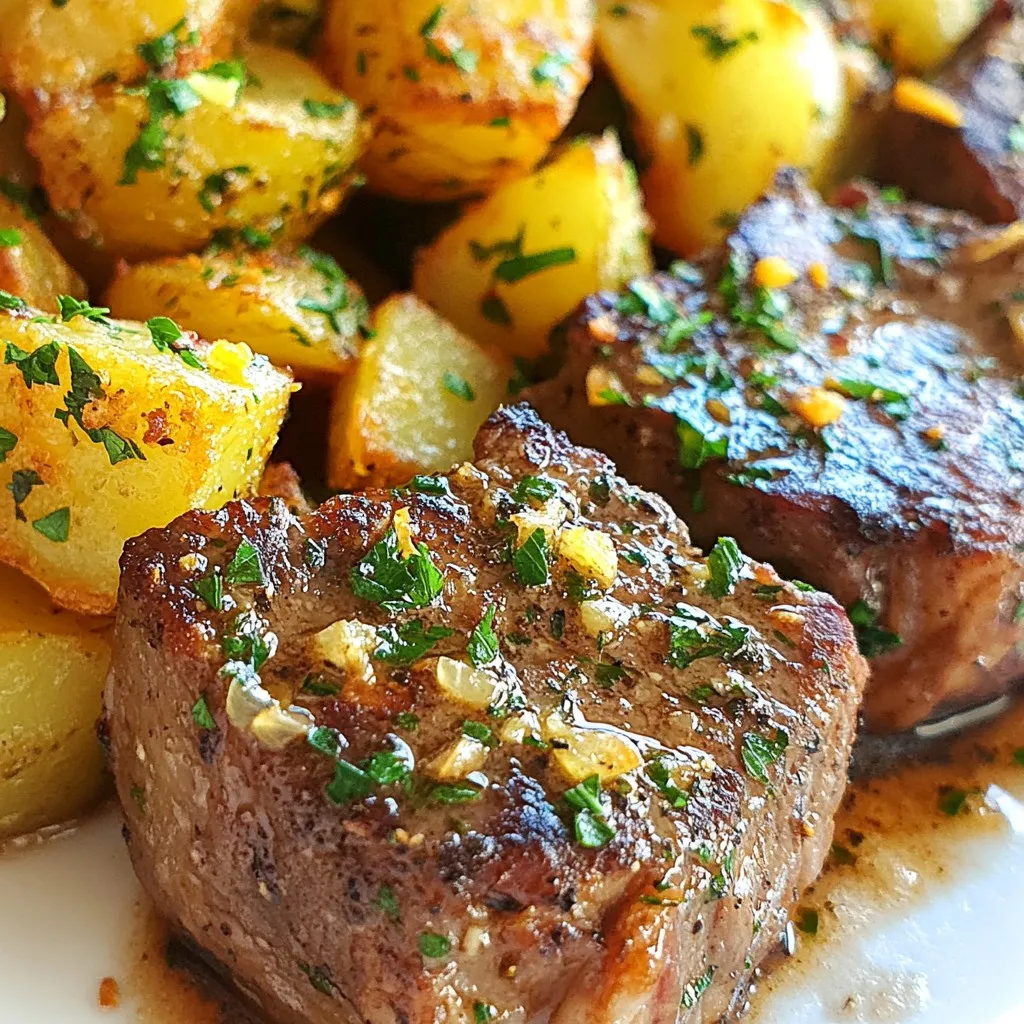 - 1 lb steak (sirloin or ribeye), cut into bite-sized cubes - 4 cloves garlic, minced - 1 lb baby potatoes, halved - 2 tablespoons olive oil, divided - Smoked paprika, salt, and pepper to taste - Fresh parsley, rosemary, dried oregano - Zest of 1 lemon To make these garlic steak bites with potatoes, you need fresh, quality ingredients. The steak is the star of the dish. I prefer sirloin or ribeye for their flavor and tenderness. Cut it into bite-sized cubes. This makes cooking fast and easy. Next, garlic adds a wonderful taste. Use fresh garlic, as it packs a powerful punch. You’ll want to mince four cloves for this dish. Now, let's talk about the baby potatoes. They are small, creamy, and perfect for roasting. Halve them so they cook evenly. This adds a nice texture to the meal. For seasoning, we use olive oil, smoked paprika, and a mix of herbs. Olive oil helps everything cook nicely. Smoked paprika gives a rich flavor and a slight smokiness. Don’t forget salt and pepper to taste. Herbs like fresh parsley and rosemary add brightness. Dried oregano gives depth. Finally, the zest of one lemon brings a burst of freshness. This combination of ingredients creates a simple yet tasty dinner. {{ingredient_image_2}} - Preheat the oven to 425°F (220°C). - In a bowl, add halved baby potatoes. Pour in 1 tablespoon of olive oil. - Add salt, pepper, chopped rosemary, dried oregano, and lemon zest. - Toss the potatoes well until they are fully coated with the oil and seasonings. - Transfer the seasoned potatoes onto a baking sheet in a single layer. - Place the baking sheet in the preheated oven. Roast for 20-25 minutes. - Shake the pan halfway through cooking. This helps the potatoes brown evenly. - While the potatoes roast, heat 1 tablespoon of olive oil in a skillet over medium-high heat. - Add the minced garlic and sauté for about 1 minute. You want it fragrant and slightly golden. - Add the seasoned steak cubes to the skillet. Cook for about 3-4 minutes. Stir occasionally. - Look for a nice brown crust on the outside while keeping the inside tender. - Once the steak bites are cooked, remove the skillet from heat. - When the potatoes are golden and crispy, take them out of the oven. - To serve, arrange the garlic steak bites on a platter. - Place the crispy herb potatoes beside the steak. Garnish with finely chopped parsley for color. - To get the best flavor, make sure your steak bites are in one layer in the pan. This helps them cook evenly. - Use a meat thermometer to check doneness. Aim for 130°F for medium-rare and 140°F for medium. This will keep your steak juicy. - Garnish your dish with finely chopped parsley. This adds color and freshness. - Add lemon wedges on the side. They give a nice burst of flavor when squeezed over the steak. - Serve your garlic steak bites on a wooden board. This adds an elegant touch to your meal. - Layer the potatoes and steak bites for a colorful display. Use bright greens and golden potatoes to make it pop. Pro Tips Choose the Right Cut: For tender steak bites, opt for cuts like sirloin or ribeye, which are both flavorful and tender when cooked quickly. Don’t Overcrowd the Pan: When cooking the steak, make sure not to overcrowd the skillet. This allows for better searing and prevents steaming. Let the Steak Rest: After cooking, let the steak bites rest for a few minutes before serving. This allows the juices to redistribute, resulting in a juicier bite. Variations in Herbs: Feel free to experiment with different herbs like thyme or basil to customize the flavor of your crispy potatoes. {{image_4}} You can use other cuts of steak for this recipe. Flank steak is a great choice. It has a rich flavor and cooks quickly. Tenderloin is another option. This cut is very tender and buttery. Both cuts will give you tasty garlic steak bites. Feel free to play with your seasonings. You can use different spices to change the flavor. Try adding cumin or thyme for a twist. If you like heat, sprinkle in some red pepper flakes. You can also drizzle hot sauce over the finished dish for an extra kick. If you want a different taste, switch the potatoes. Sweet potatoes add a nice sweetness. They also bring a vibrant color to the plate. Other root vegetables like carrots or parsnips can work too. Just cut them into similar sizes for even cooking. To keep your garlic steak bites and potatoes fresh, store them in an airtight container in the fridge. This helps to seal in flavors and prevent spoilage. Enjoy your leftovers within three days for the best taste and quality. When you’re ready to enjoy your leftovers, reheat them in the oven or a skillet. This method helps to keep the potatoes crispy and the steak juicy. Avoid using the microwave, as it can make the potatoes soggy and the steak tough. Aim for medium heat and stir occasionally for even warming. Yes, you can use frozen steak, but it’s not ideal. Thawing the steak first is key. When you cook frozen steak, it may not sear well. This affects the flavor and texture. Thaw overnight in the fridge for best results. Once thawed, you can season and cook as normal. I recommend using sirloin or ribeye for this dish. Sirloin is lean and flavorful. Ribeye has more fat, which adds juiciness. Both cuts cook quickly and taste great with garlic. You can also try flank steak for a budget-friendly option. Each cut gives a different taste and texture. To get crispy potatoes, start with small, even pieces. Halve baby potatoes and coat them well with olive oil. Add salt, pepper, and herbs for flavor. Roast at 425°F (220°C) for 20-25 minutes. Shake the pan halfway through to help them brown evenly. This will give you that perfect crispy bite. Yes, you can prepare steak bites in advance. Cook them and let them cool. Store in an airtight container in the fridge for up to three days. When ready to eat, reheat them in a skillet. This keeps them tender and helps maintain the flavor. This blog post shared a simple way to prepare garlic steak bites with crispy potatoes. We covered the main ingredients, easy steps, and helpful tips. Don’t forget to experiment with different steak cuts and seasonings. Presentation matters too, so try serving it on a wooden board. Lastly, store leftovers correctly to keep them tasty. Enjoy making this dish, and remember, cooking is all about creativity. Your kitchen is a place for delicious fun!