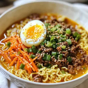 - 200g ramen noodles - 300g ground beef - 4 cups beef broth - 2 cloves garlic, minced - 1 inch fresh ginger, grated - 1 tablespoon gochujang (Korean chili paste) - 1 teaspoon soy sauce - 1 tablespoon sesame oil - 2 boiled eggs, halved - 2 green onions, finely chopped - 1 medium carrot, julienned Gather these ingredients to make a delicious bowl of spicy Korean beef ramen. The ramen noodles bring a chewy texture. Ground beef adds richness and protein. Beef broth provides a savory base. Garlic and ginger give a warm and aromatic kick. Gochujang brings heat and depth, while soy sauce adds umami. Sesame oil rounds out the flavors with its nutty taste. For toppings, boiled eggs add creaminess. Green onions bring freshness and crunch. Julienned carrots add color and a bit of sweetness. You can mix and match these ingredients to suit your taste. Enjoy the bold and flavorful delight of this dish! {{ingredient_image_2}} Bring a large pot of water to a rolling boil. Add the ramen noodles and cook them for about 4-5 minutes. It’s important to check the package for exact timing. Once cooked, drain the noodles well and set them aside. This will keep them from getting too soft. Heat a large skillet over medium heat and add the vegetable oil. Once the oil is hot, add the ground beef. Use a spatula to break the beef apart. Cook for about 5-7 minutes until it turns brown. If you see too much fat, carefully drain it from the skillet. This will make your dish leaner and tastier. Next, add the minced garlic and grated ginger to the beef. Stir it all together and sauté for an additional 1-2 minutes. This step is key. Sautéing brings out the flavors. You want the garlic to turn golden and fragrant. It makes your dish even more delicious. Now, it’s time to mix in the spices. Stir in the gochujang, soy sauce, and sesame oil. Let it cook for another minute. Then, pour in the beef broth while stirring. Bring the mixture to a gentle simmer. Let it bubble for about 10 minutes. This helps deepen the flavors. Afterward, add the julienned carrot and let it simmer for another 5 minutes until soft. Gently fold the drained ramen noodles into the simmering broth. Make sure the noodles spread out evenly. Let everything heat through for about 2 minutes. This is crucial for a warm and cozy meal. Stir gently to keep the noodles from sticking together. To make a great broth, balance the flavors. Use the right amount of gochujang and soy sauce. Too much can make it too salty. Taste as you go. Simmer the broth gently. This helps the flavors blend well. Let it cook for at least 10 minutes. The longer you simmer, the better it tastes. If you can’t find ramen noodles, try these options: - Udon noodles - Soba noodles - Rice noodles For gluten-free choices, use rice noodles or gluten-free ramen. They still taste great! Make your ramen look stunning. Serve it in deep bowls for a nice touch. Layer your toppings for height. Place the boiled eggs and sprinkle green onions on top. Add sesame seeds for a crunchy finish. A little color goes a long way in making your dish pop! Pro Tips Use Fresh Ingredients: Fresh garlic and ginger will enhance the overall flavor of your ramen, making it more aromatic and delicious. Adjust the Spice Level: If you prefer a milder dish, use less gochujang and add more soy sauce for depth without too much heat. Customize Your Toppings: Feel free to add additional toppings like spinach, mushrooms, or chili flakes for extra flavor and texture. Perfecting the Broth: For a richer broth, consider simmering the beef broth with some dried kelp or shiitake mushrooms for added umami. {{image_4}} You can add more veggies to your ramen for extra flavor. Spinach, mushrooms, and bell peppers work great. They not only add color but also boost nutrition. Greens like spinach can give you vitamins, while mushrooms add umami. This makes your dish more balanced and fun to eat. Want more heat? Try adding more gochujang or fresh chili peppers. You can also use chili oil for a different spice flavor. If you prefer less heat, reduce the gochujang. Adding a spoon of sugar can balance the spice too. This way, you can adjust it to your taste. If you want to switch meats, chicken, pork, or tofu can work well. Just remember, cooking times may change. Chicken takes about the same time as beef. Pork might need a few extra minutes. Tofu cooks quickly, so add it near the end. This gives you options based on what you like! To keep your ramen fresh, follow these tips: - Refrigerate within two hours of cooking. - Use airtight containers to prevent moisture loss. - For long-term storage, freeze the broth and noodles separately. I like using glass containers. They keep the flavors intact and allow you to see what's inside. When you want to enjoy your ramen again, here’s how: - Stovetop is best. Heat the broth and noodles gently together. This keeps the texture nice. - If you use a microwave, heat in short bursts. Stir often to avoid hot spots. A good tip is to add a splash of water if the ramen seems dry. How long can you keep your ramen? - In the fridge, eat leftovers within 3 days. - Frozen ramen can last for 1-2 months. Check for signs of spoilage. If it smells bad or looks off, don’t eat it. Always trust your senses! Gochujang is a thick red paste made from fermented chili peppers. It has a sweet and spicy flavor. You can find it in most Asian grocery stores. Many big supermarkets also carry it in the international aisle. If you prefer online shopping, websites like Amazon offer a variety of gochujang brands. Yes, you can make this ramen in advance. To prepare, cook the beef and broth, but keep the noodles separate. Store the beef and broth in airtight containers. You can refrigerate them for up to three days. When you want to enjoy it, reheat the beef and broth on the stove. Boil the noodles fresh for the best texture. You can serve spicy Korean beef ramen with various side dishes. Try kimchi for a tangy crunch. Pickled vegetables add brightness and flavor. You can also pair it with steamed dumplings or spring rolls. These sides will enhance the meal and add extra flavor. This blog post covered everything about making Spicy Korean Beef Ramen. We looked at the key ingredients like ramen noodles, ground beef, and broth. I shared how to build flavors using garlic, ginger, and gochujang. I provided tips on enhancing your ramen with toppings and how to store leftovers. Experiment with the variations we discussed to make this dish your own. Enjoy creating a bowl of ramen that warms you up!