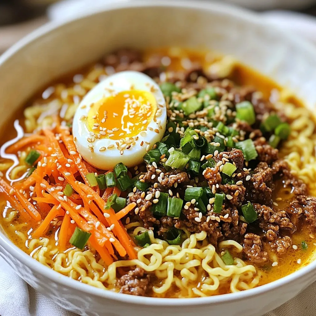 - 200g ramen noodles - 300g ground beef - 4 cups beef broth - 2 cloves garlic, minced - 1 inch fresh ginger, grated - 1 tablespoon gochujang (Korean chili paste) - 1 teaspoon soy sauce - 1 tablespoon sesame oil - 2 boiled eggs, halved - 2 green onions, finely chopped - 1 medium carrot, julienned Gather these ingredients to make a delicious bowl of spicy Korean beef ramen. The ramen noodles bring a chewy texture. Ground beef adds richness and protein. Beef broth provides a savory base. Garlic and ginger give a warm and aromatic kick. Gochujang brings heat and depth, while soy sauce adds umami. Sesame oil rounds out the flavors with its nutty taste. For toppings, boiled eggs add creaminess. Green onions bring freshness and crunch. Julienned carrots add color and a bit of sweetness. You can mix and match these ingredients to suit your taste. Enjoy the bold and flavorful delight of this dish! {{ingredient_image_2}} Bring a large pot of water to a rolling boil. Add the ramen noodles and cook them for about 4-5 minutes. It’s important to check the package for exact timing. Once cooked, drain the noodles well and set them aside. This will keep them from getting too soft. Heat a large skillet over medium heat and add the vegetable oil. Once the oil is hot, add the ground beef. Use a spatula to break the beef apart. Cook for about 5-7 minutes until it turns brown. If you see too much fat, carefully drain it from the skillet. This will make your dish leaner and tastier. Next, add the minced garlic and grated ginger to the beef. Stir it all together and sauté for an additional 1-2 minutes. This step is key. Sautéing brings out the flavors. You want the garlic to turn golden and fragrant. It makes your dish even more delicious. Now, it’s time to mix in the spices. Stir in the gochujang, soy sauce, and sesame oil. Let it cook for another minute. Then, pour in the beef broth while stirring. Bring the mixture to a gentle simmer. Let it bubble for about 10 minutes. This helps deepen the flavors. Afterward, add the julienned carrot and let it simmer for another 5 minutes until soft. Gently fold the drained ramen noodles into the simmering broth. Make sure the noodles spread out evenly. Let everything heat through for about 2 minutes. This is crucial for a warm and cozy meal. Stir gently to keep the noodles from sticking together. To make a great broth, balance the flavors. Use the right amount of gochujang and soy sauce. Too much can make it too salty. Taste as you go. Simmer the broth gently. This helps the flavors blend well. Let it cook for at least 10 minutes. The longer you simmer, the better it tastes. If you can’t find ramen noodles, try these options: - Udon noodles - Soba noodles - Rice noodles For gluten-free choices, use rice noodles or gluten-free ramen. They still taste great! Make your ramen look stunning. Serve it in deep bowls for a nice touch. Layer your toppings for height. Place the boiled eggs and sprinkle green onions on top. Add sesame seeds for a crunchy finish. A little color goes a long way in making your dish pop! Pro Tips Use Fresh Ingredients: Fresh garlic and ginger will enhance the overall flavor of your ramen, making it more aromatic and delicious. Adjust the Spice Level: If you prefer a milder dish, use less gochujang and add more soy sauce for depth without too much heat. Customize Your Toppings: Feel free to add additional toppings like spinach, mushrooms, or chili flakes for extra flavor and texture. Perfecting the Broth: For a richer broth, consider simmering the beef broth with some dried kelp or shiitake mushrooms for added umami. {{image_4}} You can add more veggies to your ramen for extra flavor. Spinach, mushrooms, and bell peppers work great. They not only add color but also boost nutrition. Greens like spinach can give you vitamins, while mushrooms add umami. This makes your dish more balanced and fun to eat. Want more heat? Try adding more gochujang or fresh chili peppers. You can also use chili oil for a different spice flavor. If you prefer less heat, reduce the gochujang. Adding a spoon of sugar can balance the spice too. This way, you can adjust it to your taste. If you want to switch meats, chicken, pork, or tofu can work well. Just remember, cooking times may change. Chicken takes about the same time as beef. Pork might need a few extra minutes. Tofu cooks quickly, so add it near the end. This gives you options based on what you like! To keep your ramen fresh, follow these tips: - Refrigerate within two hours of cooking. - Use airtight containers to prevent moisture loss. - For long-term storage, freeze the broth and noodles separately. I like using glass containers. They keep the flavors intact and allow you to see what's inside. When you want to enjoy your ramen again, here’s how: - Stovetop is best. Heat the broth and noodles gently together. This keeps the texture nice. - If you use a microwave, heat in short bursts. Stir often to avoid hot spots. A good tip is to add a splash of water if the ramen seems dry. How long can you keep your ramen? - In the fridge, eat leftovers within 3 days. - Frozen ramen can last for 1-2 months. Check for signs of spoilage. If it smells bad or looks off, don’t eat it. Always trust your senses! Gochujang is a thick red paste made from fermented chili peppers. It has a sweet and spicy flavor. You can find it in most Asian grocery stores. Many big supermarkets also carry it in the international aisle. If you prefer online shopping, websites like Amazon offer a variety of gochujang brands. Yes, you can make this ramen in advance. To prepare, cook the beef and broth, but keep the noodles separate. Store the beef and broth in airtight containers. You can refrigerate them for up to three days. When you want to enjoy it, reheat the beef and broth on the stove. Boil the noodles fresh for the best texture. You can serve spicy Korean beef ramen with various side dishes. Try kimchi for a tangy crunch. Pickled vegetables add brightness and flavor. You can also pair it with steamed dumplings or spring rolls. These sides will enhance the meal and add extra flavor. This blog post covered everything about making Spicy Korean Beef Ramen. We looked at the key ingredients like ramen noodles, ground beef, and broth. I shared how to build flavors using garlic, ginger, and gochujang. I provided tips on enhancing your ramen with toppings and how to store leftovers. Experiment with the variations we discussed to make this dish your own. Enjoy creating a bowl of ramen that warms you up!