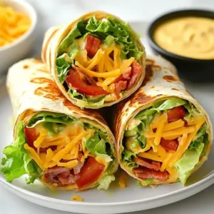 - 4 large whole wheat tortillas - 8 slices of crispy bacon (turkey or regular) - 16 slices of ripe tomatoes - 8 slices of fresh lettuce (romaine or iceberg) - 1 cup shredded cheese (cheddar or a flavorful blend) - ½ cup mayonnaise - 2 tablespoons Dijon mustard - 1 tablespoon honey - 1 teaspoon smoked paprika - ¼ teaspoon garlic powder - Salt and pepper to taste The main ingredients start with large whole wheat tortillas. They provide a hearty base. You will need crispy bacon, either turkey or regular. The bacon gives the wrap its savory flavor. Fresh tomatoes add sweetness and juiciness. Lettuce adds crunch and freshness. Lastly, shredded cheese gives a creamy texture. The secret sauce is what makes these wraps special. Start with mayonnaise, which adds creaminess. Next, add Dijon mustard for a tangy kick. Honey adds a touch of sweetness. Smoked paprika gives it a warm, smoky flavor. Garlic powder enhances the taste. Don’t forget to season with salt and pepper. This balance of flavors and textures makes every bite exciting. Enjoy crafting these wraps with your favorite ingredients! {{ingredient_image_2}} To start, mix the ingredients for the secret sauce. In a medium bowl, add: - ½ cup mayonnaise - 2 tablespoons Dijon mustard - 1 tablespoon honey - 1 teaspoon smoked paprika - ¼ teaspoon garlic powder - Salt and pepper to taste Whisk until smooth and creamy. This sauce adds a rich flavor to the wrap. Let the sauce sit for a few minutes. This allows the flavors to meld and deepen. Next, cook the bacon. If you choose regular bacon, heat a skillet over medium heat. Cook the bacon slices for 6-8 minutes until crispy. Drain them on paper towels to absorb extra grease. For turkey bacon, follow the package instructions. Cook it until it’s crispy, then let it cool a bit before handling. Crispiness is key for a great wrap. Now it’s time to assemble. Take a whole wheat tortilla and lay it flat. Spoon 2-3 tablespoons of the secret sauce into the center. Spread it with the back of a spoon. Layer the ingredients carefully. Start with 2 slices of crispy bacon (or 4 slices of turkey bacon). Next, add 2-3 slices of juicy tomato. Then, place 2 leaves of crisp lettuce. Finally, sprinkle ¼ cup of shredded cheese on top. Wrap it up tightly. Fold the sides of the tortilla inward. Then roll it from the bottom to the top. Press gently to secure everything inside. Repeat this for the rest of the tortillas and ingredients. Slice each wrap in half diagonally for a nice look. Serve with extra secret sauce on the side for dipping. This makes each bite even better. Use large whole wheat tortillas for a hearty wrap. Whole wheat adds fiber and nutrients. You can also try spinach or tomato tortillas for a fun twist. They add color and taste to your wraps. Just ensure they are large enough to hold all the goodies. You can change up the secret sauce easily. Add hot sauce for a spicy kick. Swap honey for maple syrup for a different sweetness. You can also mix in fresh herbs like dill or basil for extra flavor. These changes can make your wraps unique every time you make them. Make your wraps look great on the plate. Cut them in half diagonally for a nice look. Serve with a small bowl of extra secret sauce for dipping. You can also add a sprinkle of fresh herbs on top. This adds color and makes your meal feel special. Use colorful plates to make the dish pop. Pro Tips Choose the Right Tortilla: Whole wheat tortillas add a nutty flavor and extra fiber, but feel free to swap for spinach or tomato tortillas for a colorful twist. Perfect Bacon Crispiness: For the crispiest bacon, ensure your skillet is preheated and avoid overcrowding the pan, which can cause steaming instead of frying. Layering for Flavor: To enhance the flavor, season each layer with a pinch of salt and pepper, especially the tomatoes, to bring out their natural sweetness. Wrap Tight: When rolling the wrap, make sure to tuck in the sides securely to prevent spills and ensure a neat presentation when sliced. {{image_4}} If you want to make a vegetarian version of these wraps, swap out the bacon. You can use crispy tempeh or even roasted mushrooms. Both options give great flavor and texture. Tempeh has a nice bite, while mushrooms add an earthy taste. You can marinate them in soy sauce or your favorite spices for extra flavor. Enjoy the same fresh veggies and secret sauce for a tasty meal. For those who love spice, add some heat to your wraps. You can include jalapeños or hot sauce in the secret sauce. A sprinkle of crushed red pepper flakes on top also works well. If you want a smoky flavor, try adding chipotle powder to the sauce. These spicy tweaks will give your wraps a nice kick! You can switch up the ingredients based on the seasons. In spring, add fresh avocados or sprouts for a creamy texture. Summer is perfect for using heirloom tomatoes and fresh basil. In fall, consider roasted pumpkin slices or spinach. These seasonal swaps keep your wraps fresh and exciting all year round! To keep your leftover wraps fresh, wrap them tightly in plastic wrap. This helps keep air out. You can also place them in an airtight container. Store them in the fridge to maintain their taste and texture. If you want to save wraps for later, freezing is a great choice. First, wrap each one in foil or freezer paper. This protects them from freezer burn. Label the wraps with the date. To thaw, place them in the fridge overnight. This way, they stay moist and tasty. When stored in the fridge, your wraps will stay fresh for about 3 days. Check for any signs of spoilage, like unusual smells or colors. If you see anything off, throw it out. Always trust your senses when it comes to food safety. Yes, you can prepare the wraps in advance. For best taste, wrap them tightly in plastic wrap. Store them in the fridge. This keeps them fresh for up to a day. Just remember to add the secret sauce right before serving. This keeps the wraps from getting soggy. If you want to avoid mayonnaise, there are great options. Try Greek yogurt for a creamy texture. You can also use avocado for a rich taste. For a vegan option, use silken tofu blended smooth. These choices still keep the sauce tasty and thick. To make gluten-free wraps, choose gluten-free tortillas. Many stores sell good options made from rice or corn. These wraps work well with the same ingredients. Just be sure to read labels to avoid gluten. This way, everyone can enjoy the wraps! This blog post has covered how to make delicious ultimate BLT wraps. We explored key ingredients, like whole wheat tortillas, crispy bacon, and fresh veggies. We shared step-by-step instructions, tips for customizable sauces, and storage info to keep your wraps fresh. Remember, you can mix it up with vegetarian options or seasonal twists. These wraps are not just tasty; they are flexible and fun. Try these ideas for your next meal, and enjoy the flavors!