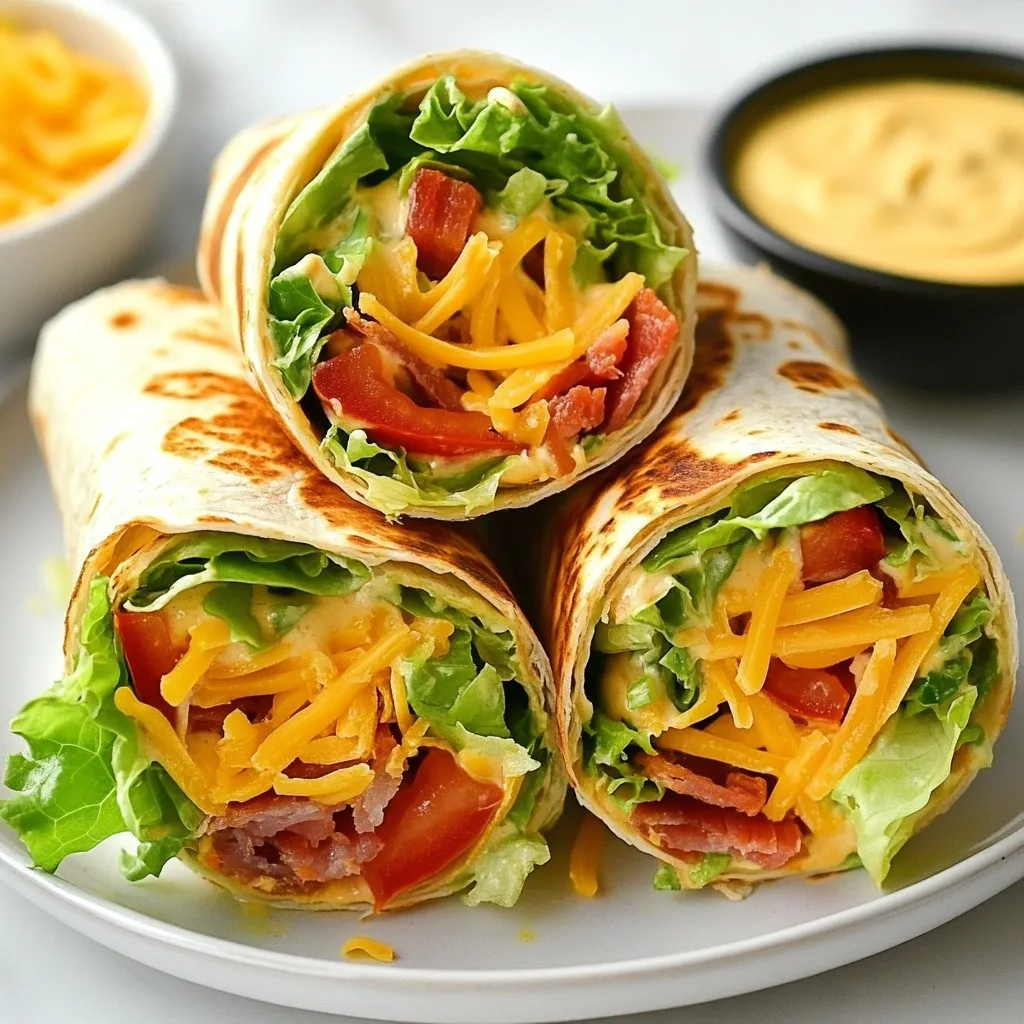 - 4 large whole wheat tortillas - 8 slices of crispy bacon (turkey or regular) - 16 slices of ripe tomatoes - 8 slices of fresh lettuce (romaine or iceberg) - 1 cup shredded cheese (cheddar or a flavorful blend) - ½ cup mayonnaise - 2 tablespoons Dijon mustard - 1 tablespoon honey - 1 teaspoon smoked paprika - ¼ teaspoon garlic powder - Salt and pepper to taste The main ingredients start with large whole wheat tortillas. They provide a hearty base. You will need crispy bacon, either turkey or regular. The bacon gives the wrap its savory flavor. Fresh tomatoes add sweetness and juiciness. Lettuce adds crunch and freshness. Lastly, shredded cheese gives a creamy texture. The secret sauce is what makes these wraps special. Start with mayonnaise, which adds creaminess. Next, add Dijon mustard for a tangy kick. Honey adds a touch of sweetness. Smoked paprika gives it a warm, smoky flavor. Garlic powder enhances the taste. Don’t forget to season with salt and pepper. This balance of flavors and textures makes every bite exciting. Enjoy crafting these wraps with your favorite ingredients! {{ingredient_image_2}} To start, mix the ingredients for the secret sauce. In a medium bowl, add: - ½ cup mayonnaise - 2 tablespoons Dijon mustard - 1 tablespoon honey - 1 teaspoon smoked paprika - ¼ teaspoon garlic powder - Salt and pepper to taste Whisk until smooth and creamy. This sauce adds a rich flavor to the wrap. Let the sauce sit for a few minutes. This allows the flavors to meld and deepen. Next, cook the bacon. If you choose regular bacon, heat a skillet over medium heat. Cook the bacon slices for 6-8 minutes until crispy. Drain them on paper towels to absorb extra grease. For turkey bacon, follow the package instructions. Cook it until it’s crispy, then let it cool a bit before handling. Crispiness is key for a great wrap. Now it’s time to assemble. Take a whole wheat tortilla and lay it flat. Spoon 2-3 tablespoons of the secret sauce into the center. Spread it with the back of a spoon. Layer the ingredients carefully. Start with 2 slices of crispy bacon (or 4 slices of turkey bacon). Next, add 2-3 slices of juicy tomato. Then, place 2 leaves of crisp lettuce. Finally, sprinkle ¼ cup of shredded cheese on top. Wrap it up tightly. Fold the sides of the tortilla inward. Then roll it from the bottom to the top. Press gently to secure everything inside. Repeat this for the rest of the tortillas and ingredients. Slice each wrap in half diagonally for a nice look. Serve with extra secret sauce on the side for dipping. This makes each bite even better. Use large whole wheat tortillas for a hearty wrap. Whole wheat adds fiber and nutrients. You can also try spinach or tomato tortillas for a fun twist. They add color and taste to your wraps. Just ensure they are large enough to hold all the goodies. You can change up the secret sauce easily. Add hot sauce for a spicy kick. Swap honey for maple syrup for a different sweetness. You can also mix in fresh herbs like dill or basil for extra flavor. These changes can make your wraps unique every time you make them. Make your wraps look great on the plate. Cut them in half diagonally for a nice look. Serve with a small bowl of extra secret sauce for dipping. You can also add a sprinkle of fresh herbs on top. This adds color and makes your meal feel special. Use colorful plates to make the dish pop. Pro Tips Choose the Right Tortilla: Whole wheat tortillas add a nutty flavor and extra fiber, but feel free to swap for spinach or tomato tortillas for a colorful twist. Perfect Bacon Crispiness: For the crispiest bacon, ensure your skillet is preheated and avoid overcrowding the pan, which can cause steaming instead of frying. Layering for Flavor: To enhance the flavor, season each layer with a pinch of salt and pepper, especially the tomatoes, to bring out their natural sweetness. Wrap Tight: When rolling the wrap, make sure to tuck in the sides securely to prevent spills and ensure a neat presentation when sliced. {{image_4}} If you want to make a vegetarian version of these wraps, swap out the bacon. You can use crispy tempeh or even roasted mushrooms. Both options give great flavor and texture. Tempeh has a nice bite, while mushrooms add an earthy taste. You can marinate them in soy sauce or your favorite spices for extra flavor. Enjoy the same fresh veggies and secret sauce for a tasty meal. For those who love spice, add some heat to your wraps. You can include jalapeños or hot sauce in the secret sauce. A sprinkle of crushed red pepper flakes on top also works well. If you want a smoky flavor, try adding chipotle powder to the sauce. These spicy tweaks will give your wraps a nice kick! You can switch up the ingredients based on the seasons. In spring, add fresh avocados or sprouts for a creamy texture. Summer is perfect for using heirloom tomatoes and fresh basil. In fall, consider roasted pumpkin slices or spinach. These seasonal swaps keep your wraps fresh and exciting all year round! To keep your leftover wraps fresh, wrap them tightly in plastic wrap. This helps keep air out. You can also place them in an airtight container. Store them in the fridge to maintain their taste and texture. If you want to save wraps for later, freezing is a great choice. First, wrap each one in foil or freezer paper. This protects them from freezer burn. Label the wraps with the date. To thaw, place them in the fridge overnight. This way, they stay moist and tasty. When stored in the fridge, your wraps will stay fresh for about 3 days. Check for any signs of spoilage, like unusual smells or colors. If you see anything off, throw it out. Always trust your senses when it comes to food safety. Yes, you can prepare the wraps in advance. For best taste, wrap them tightly in plastic wrap. Store them in the fridge. This keeps them fresh for up to a day. Just remember to add the secret sauce right before serving. This keeps the wraps from getting soggy. If you want to avoid mayonnaise, there are great options. Try Greek yogurt for a creamy texture. You can also use avocado for a rich taste. For a vegan option, use silken tofu blended smooth. These choices still keep the sauce tasty and thick. To make gluten-free wraps, choose gluten-free tortillas. Many stores sell good options made from rice or corn. These wraps work well with the same ingredients. Just be sure to read labels to avoid gluten. This way, everyone can enjoy the wraps! This blog post has covered how to make delicious ultimate BLT wraps. We explored key ingredients, like whole wheat tortillas, crispy bacon, and fresh veggies. We shared step-by-step instructions, tips for customizable sauces, and storage info to keep your wraps fresh. Remember, you can mix it up with vegetarian options or seasonal twists. These wraps are not just tasty; they are flexible and fun. Try these ideas for your next meal, and enjoy the flavors!