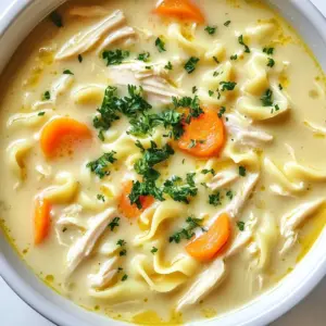 - 2 tablespoons unsalted butter - 1 medium yellow onion, diced - 2 cloves garlic, finely minced - 3 medium carrots, peeled and sliced into rounds - 2 stalks celery, chopped into small pieces - 1 teaspoon dried thyme - 1 teaspoon dried rosemary - 6 cups low-sodium chicken broth - 2 cups cooked chicken, shredded or diced - 1 cup egg noodles - 1 cup heavy cream - Salt and freshly cracked black pepper to taste - Fresh parsley, chopped (for garnish) When picking your veggies, look for bright colors. The carrots should be firm and not soft. Choose celery that is crisp and has a nice green hue. The onion needs to be dry and firm too. Fresh herbs like thyme and rosemary should smell strong. For chicken, I prefer using fresh, high-quality meat for the best flavor. If you need a dairy-free option, swap the heavy cream for coconut milk. You can use gluten-free egg noodles if you want to avoid gluten. For a leaner soup, replace chicken with turkey. If you want a vegetarian version, use vegetable broth and add beans for protein. Just remember to adjust cooking times for any changes! {{ingredient_image_2}} 1. Start by melting 2 tablespoons of unsalted butter in a large pot over medium heat. 2. Add 1 medium yellow onion, diced, and sauté for 3-4 minutes until soft. 3. Now, stir in 2 cloves of minced garlic, 3 sliced carrots, and 2 chopped celery stalks. Cook for another 5 minutes. 4. Next, sprinkle in 1 teaspoon of dried thyme and 1 teaspoon of dried rosemary. Mix well. 5. Gradually pour in 6 cups of low-sodium chicken broth while stirring gently. 6. Increase the heat to bring this mixture to a gentle boil. 7. Once boiling, add 2 cups of cooked chicken and 1 cup of egg noodles. Stir again. 8. Reduce the heat to simmer for 10-12 minutes until the noodles are tender. 9. Lower the heat and slowly pour in 1 cup of heavy cream. Stir carefully to keep it creamy. 10. Taste the soup and season with salt and pepper to your liking. 11. Let the soup sit uncovered for a few minutes to thicken. 12. Serve hot in bowls and top with fresh parsley. Using visuals can make the cooking process easier. Consider taking photos at each step. You can show the melted butter, the sautéed vegetables, and the final creamy soup. Videos can also help. A quick clip can show how to chop vegetables or how the soup should look at each stage. - Prepping your ingredients beforehand saves time. Chop all your vegetables before you start cooking. - Make sure to watch the heat after adding cream. You want it warm, not boiling, to keep it smooth. - If you have leftovers, let them cool before storing. This helps to keep the flavors fresh. - Serve with warm bread for a complete meal. It adds a nice touch and makes it even cozier. To boost the taste of your creamy chicken noodle soup, use fresh herbs. Fresh thyme and rosemary add depth. You can also add a squeeze of lemon juice for brightness. It lifts the flavors without overpowering them. Using high-quality chicken broth makes a big difference. For a richer taste, try roasting your chicken before adding it to the soup. To get that perfect creaminess, add the heavy cream slowly. Stir gently as you pour it in. This helps it blend well without separating. You can also use a mix of cream and milk for a lighter version. If you want an even thicker soup, use a cornstarch slurry. Mix equal parts of cornstarch and cold water, then stir it in as you heat the soup. A common mistake is boiling the soup after adding the cream. This can cause it to curdle. Always lower the heat and let it warm gently. Another pitfall is under-seasoning. Taste your soup often and adjust with salt and pepper. Lastly, don't skip the resting time after cooking. Letting it sit thickens the soup and melds the flavors. Pro Tips Use Fresh Herbs: Fresh herbs can elevate the flavor of your soup. If possible, use fresh thyme and rosemary instead of dried for a more vibrant taste. Customize Your Veggies: Feel free to add or substitute other vegetables like peas or corn to make the soup more colorful and nutritious. Perfect the Creaminess: For an even creamier texture, consider adding a splash of lemon juice along with the heavy cream; it brightens the flavors beautifully. Storing Leftovers: Store any leftover soup in an airtight container in the fridge for up to 3 days. Reheat gently to avoid overcooking the noodles. {{image_4}} To make a lighter version of creamy chicken noodle soup, swap heavy cream for half-and-half or low-fat milk. This change cuts down on fat but keeps some creaminess. You can also use low-sodium chicken broth to reduce salt content. Fresh herbs boost flavor without adding calories, so use them freely. If you want to switch proteins, turkey works well. Use cooked turkey in place of chicken for a tasty twist. For a plant-based option, try tofu. Firm tofu adds great texture. Just cube it and add it with the noodles for a rich, creamy soup that everyone can enjoy. Feel free to add more veggies for extra nutrition. Peas, spinach, or green beans can enhance color and taste. Fresh herbs like dill or basil can change the soup's flavor profile. For some spice, add a pinch of red pepper flakes. These simple changes can make your soup unique and exciting. To store your creamy chicken noodle soup, let it cool first. Use an airtight container to keep it fresh. This soup stays good in the fridge for about 3 to 4 days. Always label your container with the date, so you know when you made it. When you're ready to eat your leftovers, reheat them on the stove or in the microwave. If using the stove, warm it over low heat. Stir often to prevent sticking. If you're using a microwave, heat it in short bursts, stirring in between. This helps the soup stay creamy and tasty. If you want to save the soup for later, freezing works great. Pour the cooled soup into freezer-safe containers. Leave some space at the top for expansion. It can last in the freezer for about 2 to 3 months. When you're ready to enjoy it again, thaw it in the fridge overnight before reheating. Yes, you can make this soup ahead of time. It tastes even better after resting. Just store it in an airtight container in the fridge. When you are ready to eat, reheat it slowly on the stove. This soup lasts about three to four days in the fridge. Make sure to keep it in a sealed container. If you notice any changes in smell or color, it's best to throw it out. Absolutely! Using rotisserie chicken saves time and adds great flavor. Just shred the chicken and add it to the soup at the same point in the recipe. It will make your cooking much quicker. Yes, you can make this soup dairy-free. Use coconut milk or a dairy-free cream substitute instead of heavy cream. This keeps the soup creamy without any dairy. Just adjust the seasoning a bit to match the new flavors. In this blog post, we covered key ingredients and how to choose fresh ones. You learned step-by-step cooking details and tips to enhance flavor. We discussed variations, including healthy swaps and creative add-ins. Also included were storage methods to keep your soup fresh. With these insights, you can make a delicious soup, tailored to your taste. Try experimenting with different ingredients and techniques, and enjoy the results! Happy cooking!