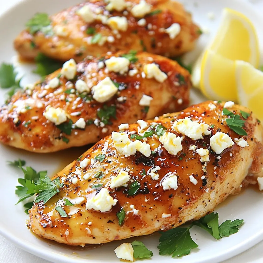 For the perfect Hot Honey Feta Chicken, gather these simple items: - 4 boneless, skinless chicken breasts - 1 cup crumbled feta cheese - 1/4 cup hot honey (store-bought or homemade) - 2 tablespoons olive oil - 1 teaspoon garlic powder - 1 teaspoon smoked paprika - 1/2 teaspoon chili flakes (adjust according to your preferred spice level) - Salt and black pepper, to taste - Fresh parsley, finely chopped, for garnish - Lemon wedges, for a zesty finish To make your dish even better, consider adding: - Fresh herbs like thyme or oregano - A splash of lemon juice for added zest - Sliced olives for a briny kick - A sprinkle of nuts for crunch Craft your own hot honey at home with just two ingredients: 1. Combine 1 cup of honey with 1 to 2 teaspoons of chili flakes in a small pot. 2. Warm the mixture over low heat. Stir until the chili flakes blend well into the honey. 3. Let it cool before using. This method gives you the perfect blend of sweet and spicy! Making your own hot honey allows you to control the heat. Adjust the chili flakes based on how spicy you want it. This personal touch can elevate your Hot Honey Feta Chicken even more. {{ingredient_image_2}} First, preheat your oven to 400°F (200°C). This step warms up your kitchen and gets it ready for the chicken. Next, grab a small bowl. In it, mix the hot honey, garlic powder, smoked paprika, chili flakes, salt, and black pepper. Stir until everything blends well. This mixture will be your flavorful marinade. Now, take a baking dish and place the chicken breasts inside. Drizzle olive oil over the chicken. This keeps it moist and helps the flavors stick. Then, pour the hot honey marinade over the chicken. Use a spoon to spread it evenly. Make sure every piece of chicken is coated nicely. Finally, sprinkle crumbled feta cheese on top of the marinated chicken. Each breast should get a good layer of cheese to melt and create a tasty crust. Place the baking dish in the preheated oven. Bake for 25-30 minutes. The chicken is done when it reaches an internal temperature of 165°F (75°C). You can check this with a meat thermometer. The chicken should no longer be pink in the center. This ensures it is safe to eat and juicy. After baking, carefully take the dish out of the oven. Be cautious, as it will be hot. Let the chicken rest for a few minutes. Resting helps the juices stay locked in, making each bite tender. Before serving, garnish the chicken with freshly chopped parsley. This adds a nice pop of color and flavor. Serve the chicken with lemon wedges on the side. Encourage your guests to squeeze fresh lemon juice over their portions. This adds a zesty twist that brightens the dish. For presentation, use a wooden cutting board or a colorful platter. Place the lemon wedges neatly beside the chicken. A sprinkle of extra parsley on top will make it look even more appealing. Enjoy your meal! To keep chicken juicy, brining can be key. Simple brine is water, salt, and sugar. Let chicken soak for 30 minutes before cooking. Also, avoid overcooking your chicken. Use a meat thermometer for perfect timing. Aim for 165°F inside. Let the chicken rest after baking. This helps it stay moist and tasty. To adjust the spice level, change the chili flakes. Use less for milder heat or more for a kick. You can also swap hot honey with regular honey. For an extra punch, add a dash of hot sauce. Taste as you go to hit the perfect balance. Pair your hot honey feta chicken with fresh sides. Consider these options: - Steamed broccoli - Garlic mashed potatoes - Quinoa salad - Roasted vegetables - Couscous with herbs These sides complement the chicken's sweet and spicy flavors well. Enjoy mixing and matching! Pro Tips Marinade Time: For an even bolder flavor, marinate the chicken for at least 30 minutes or up to overnight in the refrigerator. Feta Variations: Try using different types of feta, such as herbed or aged, to add unique flavor profiles to your dish. Serving Suggestions: Serve with a side of roasted vegetables or a fresh salad to complement the spicy and tangy flavors of the chicken. Cheese Substitution: If you prefer a creamier texture, consider substituting feta with goat cheese or a spreadable cheese. {{image_4}} You can easily switch to grilling for a smoky flavor. Start by marinating the chicken as usual. Then, heat your grill to medium-high. Cook the chicken for about 6-8 minutes on each side. Use a meat thermometer to check that the chicken reaches 165°F (75°C). The grilling adds a nice char and enhances the taste. Feta cheese is great, but you can try others! Goat cheese gives a tangy twist. Mozzarella melts beautifully, adding creaminess. For a bolder flavor, use blue cheese. Each choice changes the meal, making it fun to experiment. Just remember to adjust the amount if the cheese is stronger or milder. This dish is already gluten-free! Just check your hot honey to ensure it is free from gluten. Serve it with gluten-free sides like quinoa or rice. You can also pair it with a fresh salad. This makes for a light and healthy dinner option without sacrificing flavor. After you enjoy your hot honey feta chicken, store any leftovers in an airtight container. Let the chicken cool to room temperature before sealing. This helps keep it fresh. Store it in the fridge for up to 3 days. If you want to keep it longer, consider freezing it. To reheat your chicken, preheat your oven to 350°F (175°C). Place the chicken in a baking dish and cover it with foil. This keeps it moist. Bake for about 15-20 minutes or until it’s hot all the way through. You can also use a microwave, but it may dry out the chicken a bit. If you freeze the hot honey feta chicken, wrap each piece tightly in plastic wrap. Then, place them in a freezer bag. This helps prevent freezer burn. You can freeze it for up to 3 months. When you're ready to eat, thaw it in the fridge overnight before reheating. Hot honey is honey infused with spice. It adds sweetness and heat to dishes. You can buy it or make it at home. To make hot honey, combine honey with chili flakes or hot sauce. Heat it gently to blend the flavors. Strain the mixture to remove solids. This gives you a smooth, spicy honey treat. Yes, you can use chicken thighs instead of breasts. Chicken thighs add more flavor and stay juicy. Just adjust the cooking time if needed. Thighs may take a bit longer to reach 165°F. Always check the internal temperature to ensure they are safe to eat. Absolutely! This recipe is great for meal prep. You can make it ahead and store it. Cooked chicken can last in the fridge for up to four days. Divide it into containers for easy meals. Add your favorite sides, and you’ll have quick lunches or dinners ready to go. This recipe for Hot Honey Feta Chicken covers key ingredients, steps, and tips. You learned about optional flavors and homemade hot honey. I explained how to bake chicken for juicy results and suggested tasty side dishes. With these variations, you can customize your dish to suit your taste. Remember to store leftovers properly for later enjoyment. Enjoy trying this recipe; it offers great flavor and fun cooking options. Happy cooking!