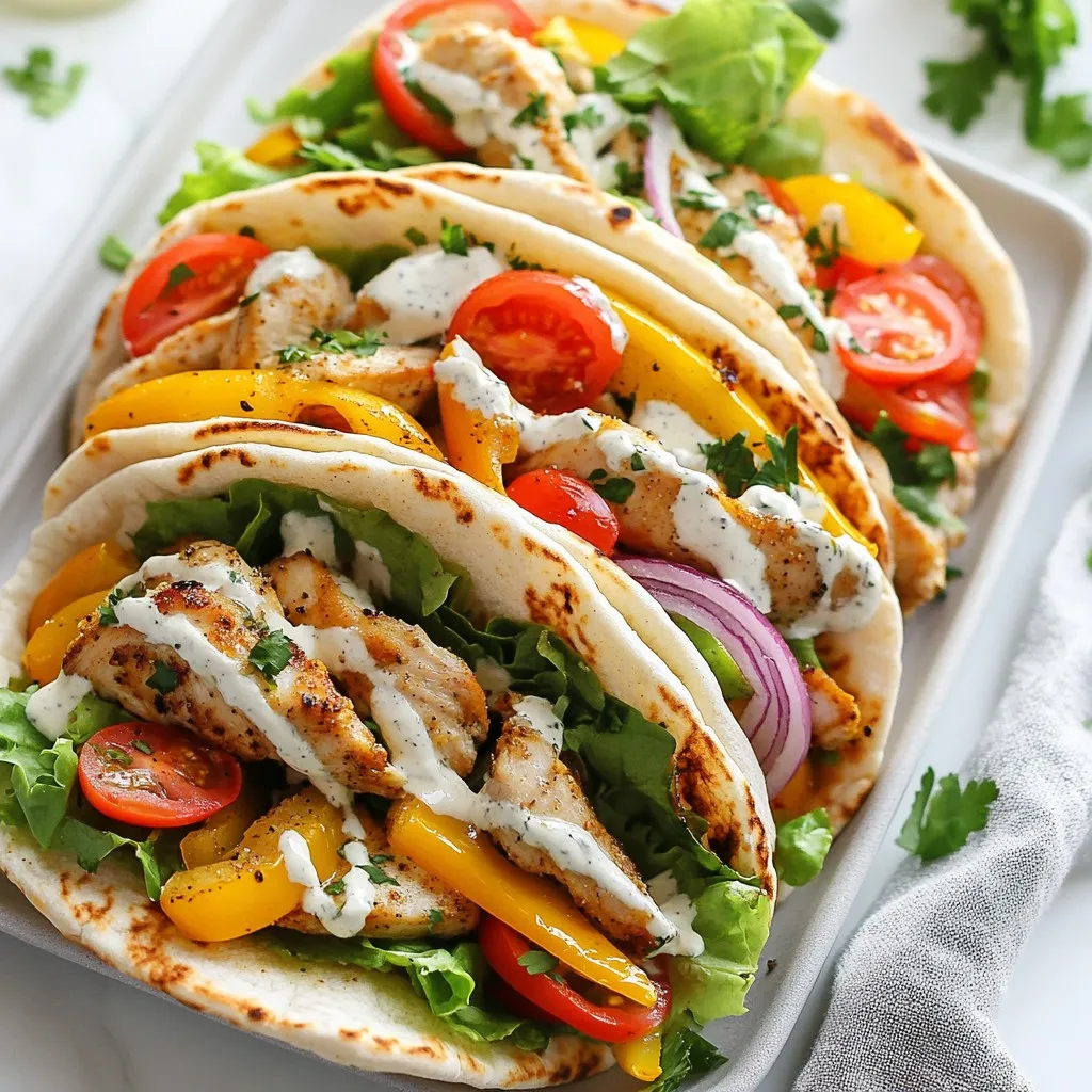 - 1 lb boneless, skinless chicken thighs - 2 cups assorted bell peppers - 1 cup red onion - 4 whole wheat pitas - Olive oil - Garlic powder - Smoked paprika - Dried oregano - Salt and pepper - Romaine lettuce - Cherry tomatoes - Ranch dressing - Fresh parsley The main ingredients in this recipe are simple and fresh. The chicken thighs provide a juicy base. I love using assorted bell peppers for color and crunch. Red onion adds a nice bite. Whole wheat pitas hold all the goodness together. For seasoning, I use olive oil to help the spices stick. Garlic powder gives it a nice kick. Smoked paprika adds depth and warmth. Dried oregano brings in a touch of earthiness. Salt and pepper balance all the flavors perfectly. Fresh toppings are key for a tasty finish. Romaine lettuce adds a refreshing crunch. Cherry tomatoes add sweetness and color. Ranch dressing ties it all together with creaminess. Finally, chopped parsley brightens the dish and makes it beautiful. Gather these ingredients, and you’re set for a delicious meal! {{ingredient_image_2}} - Preheat the oven to 425°F. - Line a baking sheet with parchment paper. - Combine chicken with olive oil and seasonings in a bowl. - Mix well to coat every piece evenly. - Add sliced bell peppers and onion to the chicken. - Spread the mixture on the baking sheet in one layer. - Bake for 20-25 minutes until the chicken reaches 165°F. - Wrap pitas in aluminum foil. - Warm pitas in the oven during the last 5 minutes of baking. - Open each warm pita pocket. - Fill them with the chicken and vegetable mix. - Top with shredded Romaine lettuce and halved cherry tomatoes. - Drizzle ranch dressing for a creamy finish. - Garnish with chopped parsley for color. - Serve warm for the best taste. To make sure your chicken is perfect, check its internal temperature. It should reach 165°F for safety. Use an instant-read thermometer for best results. This tool gives you quick and accurate readings. Keeping the chicken juicy is key. To prevent dryness, don’t overcook it. Bake only until it reaches that safe temperature. You can also marinate the chicken beforehand. This adds moisture and flavor. You can make this dish healthier with a few swaps. Use skinless chicken breasts instead of thighs. This reduces fat but keeps it tasty. For a lower-carb option, try lettuce wraps instead of pitas. You can also add more veggies. Think spinach, zucchini, or broccoli. They boost nutrition without much effort. If you have dietary needs, consider grilling the chicken instead of baking. It adds a nice char and flavor. Want to spice things up? Try adding extra seasonings! Cumin or chili powder can bring heat. You can also mix in fresh herbs like cilantro or basil for a fresh twist. If you want more sauce options, ranch is great, but so is tzatziki or hummus. Each brings a unique taste. Don't be afraid to explore and find what you love! Pro Tips Marinate for Extra Flavor: For even more depth of flavor, marinate the chicken in the seasoning mixture for at least 30 minutes before cooking. This allows the spices to penetrate the meat better. Use Fresh Herbs: Incorporate fresh herbs like basil or cilantro for a burst of freshness. They can be added just before serving for an aromatic touch. Customize Your Veggies: Feel free to swap out bell peppers for your favorite vegetables such as zucchini or asparagus. This recipe is versatile and can accommodate seasonal produce. Check for Doneness: To ensure the chicken is perfectly cooked, use a meat thermometer. The internal temperature should reach 165°F (75°C) for safe consumption. {{image_4}} You can easily switch chicken for tofu or chickpeas. Tofu absorbs flavors well, making it a great choice. Use firm tofu for the best texture. Just cube it and season it like the chicken. For chickpeas, use canned ones for convenience. Toss them with the same spices as the chicken. This change keeps your meal tasty and satisfying. Ranch dressing is classic, but you can explore other sauces too. Try honey mustard or tzatziki for a fun twist. You could also make a simple yogurt sauce with garlic and lemon. For a spicy kick, mix sriracha with your dressing. Homemade sauces are easy and add fresh flavors. Seasonal veggies can change your pitas each time you make them. In spring, use asparagus and snap peas. In summer, zucchini and corn are great. Fall brings roasted squash, while winter is perfect for Brussels sprouts. Mixing veggies keeps your dish fresh and exciting. Don’t be afraid to experiment! To keep your leftovers fresh, store them in an airtight container. This helps prevent moisture loss. You can place the chicken and veggies in one container and the pitas in another. Make sure to refrigerate them within two hours. They will stay good for about three days in the fridge. If you want to freeze your pitas, wrap each one in plastic wrap. This will keep them from getting freezer burn. You can freeze the chicken and veggies in a separate bag. They stay fresh for up to three months. To thaw, move them to the fridge overnight. For a quick thaw, place the sealed bag in cold water. To keep your meal tasty, reheat it gently. If using the oven, preheat it to 350°F. Place the chicken and veggies in a baking dish covered with foil. Heat for about 15 minutes or until warm. If you use a microwave, place a small portion on a microwave-safe plate. Heat in short bursts to keep them moist. Avoid heating the pitas in the microwave, as they may get chewy. Instead, warm them in the oven for a few minutes. This helps maintain their soft texture. It takes about 35 minutes to prepare sheet pan chicken pitas. This includes 10 minutes of prep time and 25 minutes of cooking time. You can have a delicious meal ready in no time! Yes, you can use chicken breasts instead of thighs. Breasts are leaner but may need a bit more cooking time. Make sure to check the internal temperature reaches 165°F for safety. You can substitute ranch dressing with yogurt or sour cream mixed with herbs. A simple blend of olive oil and lemon juice also works well. These options add flavor and keep the dish fresh. To make these pitas gluten-free, swap whole wheat pitas for gluten-free pitas. Many stores offer gluten-free bread options now. Just ensure all other ingredients are gluten-free as well. Some great side dishes include a fresh salad or roasted vegetables. You can also serve them with a side of sweet potato fries. These add a nice crunch and balance to your meal. This blog post showed you how to make tasty sheet pan chicken pitas. We discussed the key ingredients, seasoning, and fresh toppings. I outlined each step for an easy cooking experience. You learned tips for perfecting chicken and how to customize your meal. In closing, enjoy experimenting with flavors and making this dish your own. Happy cooking!