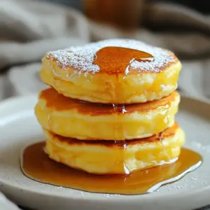 To make your Jiggly Japanese Soufflé Pancakes, you need a few simple ingredients. Here’s the list: - 1 cup all-purpose flour - 2 tablespoons granulated sugar - 1 teaspoon baking powder - ½ cup whole milk - 3 large eggs (separated into yolks and whites) - 1 teaspoon pure vanilla extract - 1 tablespoon freshly squeezed lemon juice - A pinch of fine sea salt - Cooking oil or unsalted butter (for greasing) - Powdered sugar (for dusting) - Maple syrup or honey (for serving) Each ingredient plays a key role. The all-purpose flour gives the pancakes structure. Granulated sugar adds sweetness, while baking powder helps them rise. Whole milk adds moisture. Separate the eggs because the yolks mix with wet ingredients, and the whites must be whipped for fluffiness. The vanilla extract and lemon juice enhance the flavor. Salt balances the sweetness. The cooking oil or butter helps prevent sticking. Finally, powdered sugar and syrup provide a sweet finish. Gather these ingredients before you start. This way, you can focus on making your pancakes fluffy and delicious! {{ingredient_image_2}} First, gather your dry ingredients. In a medium bowl, whisk together: - 1 cup all-purpose flour - 2 tablespoons granulated sugar - 1 teaspoon baking powder - A pinch of fine sea salt Whisk until everything is mixed well. This step is key for even pancakes. Next, it’s time for the wet ingredients. In a separate bowl, take three large egg yolks and whisk them until creamy. Then, add: - ½ cup whole milk - 1 teaspoon pure vanilla extract - 1 tablespoon freshly squeezed lemon juice Blend this mixture until it is smooth. This will add great flavor to your pancakes. Now, we combine the dry and wet mixes. Gradually add the dry ingredients into the wet mixture. Stir gently until just combined. It's okay to have a few lumps. Overmixing can make your pancakes tough. In a clean bowl, whip the egg whites. Use an electric mixer on high speed. Beat until soft peaks form. Then, slowly add a little granulated sugar. Keep beating until stiff peaks form. This step makes the pancakes fluffy. Next, we need to fold in the whipped egg whites. Do this in three additions. Use a spatula and be gentle. Folding helps keep the airiness in the batter. You want it light and fluffy. Now, let’s cook! Preheat a non-stick skillet over low heat. Lightly grease it with cooking oil or unsalted butter. Use a ring mold to spoon the batter into the skillet. Fill it halfway for taller pancakes. Cover with a lid to trap steam. Cook for about 4-5 minutes until the bottoms are golden brown. Carefully flip the pancakes. They are delicate, so handle them gently. Cook for another 4-5 minutes. Repeat with the rest of the batter, greasing the skillet as needed. These steps will help you create perfect Jiggly Japanese Soufflé Pancakes! To make Jiggly Japanese Soufflé Pancakes, you must not overmix the batter. Mixing too much can make the pancakes dense. After you blend the dry and wet ingredients, leave some lumps. These lumps help keep the pancakes light. When you fold in the whipped egg whites, do it gently. Use a spatula and fold slowly. This method keeps the air in the batter. The more air, the fluffier your pancakes will be! Cooking these pancakes on low heat is key. High heat can quickly burn the outside while inside stays raw. By using low heat, you allow the pancakes to cook evenly. This method helps them rise and become fluffy. Cover the skillet while cooking to trap steam, which adds to the fluffiness. When serving, stack the pancakes high. This makes them look impressive. Dust them lightly with powdered sugar for a sweet touch. You can also add a dollop of whipped cream on top. For color, garnish with fresh berries or a sprig of mint. These small touches make your pancakes look like a treat from a fancy café! Pro Tips Use Room Temperature Ingredients: Make sure your eggs and milk are at room temperature before mixing. This helps create a smoother batter and improves the texture of the pancakes. Gentle Folding Technique: When incorporating the whipped egg whites into the batter, use a gentle folding technique to retain as much air as possible. This is key to achieving that fluffy, soufflé-like texture. Low and Slow Cooking: Cook the pancakes on low heat to ensure they cook evenly without burning. This allows the inside to become fluffy while the outside gets a nice golden color. Experiment with Flavors: Feel free to add different flavors to your batter, such as matcha powder, cocoa powder, or spices like cinnamon. This will give your pancakes a unique twist! {{image_4}} You can change the flavor of your soufflé pancakes easily. Try adding matcha powder for a green tea taste. Just mix in one to two tablespoons when you add the dry ingredients. For chocolate lovers, add cocoa powder. Use about two tablespoons for a rich flavor. You could even fold in chocolate chips for a sweet surprise. These small changes make your pancakes unique and fun. Toppings can make your pancakes shine. I love serving them with fresh berries. Strawberries, blueberries, or raspberries add a burst of color and taste. You can also add whipped cream for extra richness. Drizzling maple syrup or honey on top gives a lovely sweetness. For a savory twist, try a dollop of yogurt with a sprinkle of nuts. Each choice offers a new experience! Making gluten-free pancakes is simple. Use gluten-free flour instead of all-purpose flour. Brands like almond flour or rice flour work well. You may need to adjust the liquid. Start with a little less milk and add more if needed. This keeps your pancakes fluffy and light. With these changes, everyone can enjoy this tasty treat! After enjoying your pancakes, store any leftovers in a proper container. Use an airtight container to keep them fresh. You can also wrap them in plastic wrap. Place the container in the fridge. They will stay good for about three days. To reheat, use a microwave for quick results. Place the pancakes on a microwave-safe plate. Cover them with a damp paper towel. Heat for about 20-30 seconds. This method helps keep them fluffy. You can also reheat them in a skillet. Use low heat and cover with a lid. This way, they warm evenly without drying out. You can freeze these pancakes for longer storage. First, let them cool completely. Stack the pancakes with parchment paper between each one. Place the stack in a freezer-safe bag or container. Seal it tight to prevent freezer burn. When you want to eat them, take them out the night before. Let them thaw in the fridge. Heat them as mentioned above for best results. Enjoy your jiggly pancakes anytime! Jiggly Japanese Soufflé Pancakes are soft, fluffy pancakes that rise high. They are light and airy, almost like clouds. Made with egg whites and yolks, they get their airy texture from whipped egg whites. You can stack them high and enjoy their delightful jiggle! Yes, you can! For a vegan option, use flaxseed meal or chia seeds as an egg substitute. Mix 1 tablespoon of flaxseed meal or chia seeds with 2.5 tablespoons of water. Let it sit for a few minutes until it thickens. This works well to bind your ingredients. These pancakes shine with simple toppings. Dust them with powdered sugar for sweetness. Maple syrup or honey adds a delicious touch. You can also top them with fresh berries or whipped cream for added flavor. Stack them high for a fun presentation! If your pancakes are flat, try a few tips. Ensure your egg whites are whipped to stiff peaks. This adds air and fluffiness. Also, make sure to cook on low heat and avoid overmixing the batter. Mixing too much can deflate the air you’ve created. Making Jiggly Japanese Soufflé Pancakes takes about 30 minutes. Prep time is around 15 minutes. Cooking the pancakes usually takes another 15 minutes. This quick process rewards you with a tasty treat! This blog covered how to make Jiggly Japanese Soufflé Pancakes. We explored key ingredients and shared step-by-step instructions for perfect pancakes. I shared tips on texture, cooking temperature, and creative variations. You learned how to store leftovers and reheat them. Now you can enjoy these fluffy delights anytime. Experiment with flavors and toppings to make them your own. Happy cooking!