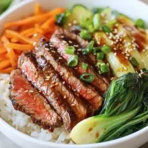 - 1 lb flank steak - 3 tablespoons soy sauce - 2 tablespoons gochujang - 1 tablespoon sesame oil - 2 tablespoons brown sugar - 1 teaspoon minced garlic - 1 teaspoon minced ginger - 2 cups cooked jasmine rice - 1 cup cooked bok choy - 1 carrot - 2 green onions - Sesame seeds for garnish - Optional: Kimchi for serving In this recipe, the main ingredients bring the bold flavors of Korean BBQ to life. The flank steak forms the heart of the dish. It is a tender cut that soaks up the marinade well. The soy sauce adds saltiness, while gochujang gives a spicy kick. Sesame oil adds a nutty flavor that rounds everything out. The additional ingredients sweeten and enhance the marinade. Brown sugar balances the heat from the gochujang. Minced garlic and ginger add depth and warmth to the dish. Jasmine rice serves as a fluffy base that soaks up the steak juices. The vegetables and garnishes add color and crunch. Bok choy is mild and tender, while carrots add a nice bite. Green onions boost freshness and brightness. Sesame seeds provide a delightful texture. If you want a tangy touch, add kimchi on the side. All these ingredients come together to create a vibrant and tasty meal. {{ingredient_image_2}} - In a medium bowl, mix together soy sauce, gochujang, sesame oil, brown sugar, minced garlic, and minced ginger. This mix creates a rich marinade. - Add the thinly sliced flank steak to the marinade. Make sure every piece is coated well. Cover the bowl and set it in the fridge for at least 30 minutes. This helps the steak soak up all that tasty flavor. - Preheat your skillet or grill pan over medium-high heat. - Once hot, carefully add the marinated steak in a single layer. Avoid overcrowding the pan. Sear the steak for about 2-3 minutes on each side. Aim for medium-rare to medium for the best flavor. Remove the steak from the pan and let it rest on a plate for a few minutes before slicing. - If needed, add a splash of oil to the same skillet. - Quickly sauté the julienned carrots over medium heat for about 2-3 minutes. Stir them occasionally until they become tender but still colorful and crisp. - Start by placing a generous scoop of cooked jasmine rice at the bottom of each bowl. This rice makes a warm base. - Layer the seared steak on top of the rice. Next, add the sautéed carrots and chopped bok choy. - Finally, garnish each bowl with sliced green onions and a sprinkle of sesame seeds. Add kimchi on the side if you like extra flavor. Marinate the steak for at least 30 minutes. This time allows the meat to absorb all the flavors. If you want to change things up, try using a mix of soy sauce and orange juice. This gives a sweet and tangy taste. You can also use teriyaki sauce for a different spin. For the best results, set your stovetop to medium-high heat. This heat sears the steak quickly, locking in juices. You can use a grill or a skillet. If you choose a grill, the smoky flavor adds depth. A skillet is great for a quick cook and easy cleanup. To make your meal look amazing, arrange the rice in a mound. Fan the steak slices on top. Place the colorful vegetables next to the steak. This makes the dish pop. For garnish, sprinkle sesame seeds and add green onions. You can also add a side of kimchi for a vibrant touch. Pro Tips Marinate Longer for Enhanced Flavor: If time allows, marinate the steak for a few hours or even overnight. This will deepen the flavors and make the meat even more tender. Use a Meat Thermometer: To ensure perfect doneness, invest in a meat thermometer. Aim for 130-135°F for medium-rare and 140-145°F for medium. Customize Your Veggies: Feel free to add or substitute your favorite vegetables. Bell peppers, snap peas, or broccoli work wonderfully in this dish. Serve with a Side of Pickles: Enhance the meal by serving with pickled vegetables or kimchi, which adds a nice contrast to the savory steak. {{image_4}} You can switch flank steak for other meats. Chicken thighs or pork tenderloin work well too. Beef sirloin or ribeye is also great. If you prefer a plant-based option, try marinated tofu. Tempeh is another tasty choice. Both options soak up flavors and add protein. While jasmine rice is classic, you can use brown rice for more fiber. Quinoa is a nutritious swap too. If you want something different, try cauliflower rice for a low-carb option. To add flavor, mix in some coconut milk while cooking. You can also stir in herbs or spices like garlic powder for a tasty twist. You can add many veggies to your bowl. Bell peppers, snap peas, or zucchini are all great options. Mushrooms add a nice umami flavor. Don't forget seasonal veggies too! In spring, use asparagus; in fall, add butternut squash. Try whatever you have on hand to make it colorful. To store leftovers, let the dish cool first. Place the steak, rice, and veggies in separate containers. This keeps everything fresh. Use airtight containers for best results. They keep the flavors locked in. You can store it in the fridge for up to three days. Yes, this dish can be frozen. To freeze, pack the components in freezer-safe bags. Try to remove as much air as possible. This prevents freezer burn. You can freeze the steak and rice for about three months. The veggies are best eaten fresh, so use them soon. To reheat, the best method is to use the stove. Heat a pan over medium heat. Add a splash of water to keep it moist. Stir the mix until it’s hot. This takes about five to seven minutes. If using a microwave, heat in short bursts. Use a low power setting and cover to avoid drying out. This should take about two to three minutes. Enjoy your meal as if it was fresh! To get tender flank steak, follow these tips: - Slice against the grain: Cutting the steak against the grain makes each bite easy to chew. - Marinate well: Use a flavorful marinade. Ingredients like soy sauce and sesame oil work great. - Don't overcook: Aim for medium-rare to medium. This keeps the steak juicy and tender. - Let it rest: After cooking, let the steak sit for a few minutes. This helps the juices stay inside. By using these tips, you will have tender steak every time! Yes, you can prep many parts ahead of time! Here are some ideas: - Marinate the steak: You can marinate it the night before or even longer. This boosts the flavor. - Cook rice beforehand: Cook the jasmine rice a day early. Store it in the fridge for easy use. - Prepare veggies: Chop bok choy and julienne carrots ahead of time. Just store them in containers in the fridge. This makes it easy to put together your bowls quickly! Several side dishes pair well with these bowls: - Kimchi: This spicy fermented cabbage adds lots of flavor. - Korean pickled vegetables: These are tangy and crunchy, and they balance the meal. - Steamed broccoli: This simple side adds color and nutrition. - Sesame cucumber salad: The coolness of the cucumbers contrasts with the warm rice bowl. These sides will elevate your meal and make it even more enjoyable! Yes, you can make this dish gluten-free! Consider these alternatives: - Soy sauce: Use tamari instead of regular soy sauce. Tamari is gluten-free and tastes great. - Brown sugar: This is already gluten-free, so no changes needed there. - Gochujang: Check the label for gluten-free options, as some brands may add gluten. With these swaps, you can enjoy delicious Korean BBQ Steak Rice Bowls without worries! This blog post covered how to make delicious Korean BBQ Steak Rice Bowls. We explored the key ingredients like flank steak, soy sauce, and gochujang. I shared step-by-step instructions, tips for marinating, cooking techniques, and presentation ideas. You also learned how to customize this dish with variations and store it properly. Korean BBQ Steak Rice Bowls offer a tasty mix of flavors. Try your own twists to make it your favorite meal. Enjoy cooking and sharing this dish with friends and family!