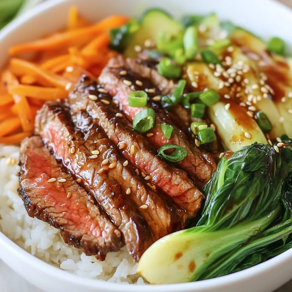 - 1 lb flank steak - 3 tablespoons soy sauce - 2 tablespoons gochujang - 1 tablespoon sesame oil - 2 tablespoons brown sugar - 1 teaspoon minced garlic - 1 teaspoon minced ginger - 2 cups cooked jasmine rice - 1 cup cooked bok choy - 1 carrot - 2 green onions - Sesame seeds for garnish - Optional: Kimchi for serving In this recipe, the main ingredients bring the bold flavors of Korean BBQ to life. The flank steak forms the heart of the dish. It is a tender cut that soaks up the marinade well. The soy sauce adds saltiness, while gochujang gives a spicy kick. Sesame oil adds a nutty flavor that rounds everything out. The additional ingredients sweeten and enhance the marinade. Brown sugar balances the heat from the gochujang. Minced garlic and ginger add depth and warmth to the dish. Jasmine rice serves as a fluffy base that soaks up the steak juices. The vegetables and garnishes add color and crunch. Bok choy is mild and tender, while carrots add a nice bite. Green onions boost freshness and brightness. Sesame seeds provide a delightful texture. If you want a tangy touch, add kimchi on the side. All these ingredients come together to create a vibrant and tasty meal. {{ingredient_image_2}} - In a medium bowl, mix together soy sauce, gochujang, sesame oil, brown sugar, minced garlic, and minced ginger. This mix creates a rich marinade. - Add the thinly sliced flank steak to the marinade. Make sure every piece is coated well. Cover the bowl and set it in the fridge for at least 30 minutes. This helps the steak soak up all that tasty flavor. - Preheat your skillet or grill pan over medium-high heat. - Once hot, carefully add the marinated steak in a single layer. Avoid overcrowding the pan. Sear the steak for about 2-3 minutes on each side. Aim for medium-rare to medium for the best flavor. Remove the steak from the pan and let it rest on a plate for a few minutes before slicing. - If needed, add a splash of oil to the same skillet. - Quickly sauté the julienned carrots over medium heat for about 2-3 minutes. Stir them occasionally until they become tender but still colorful and crisp. - Start by placing a generous scoop of cooked jasmine rice at the bottom of each bowl. This rice makes a warm base. - Layer the seared steak on top of the rice. Next, add the sautéed carrots and chopped bok choy. - Finally, garnish each bowl with sliced green onions and a sprinkle of sesame seeds. Add kimchi on the side if you like extra flavor. Marinate the steak for at least 30 minutes. This time allows the meat to absorb all the flavors. If you want to change things up, try using a mix of soy sauce and orange juice. This gives a sweet and tangy taste. You can also use teriyaki sauce for a different spin. For the best results, set your stovetop to medium-high heat. This heat sears the steak quickly, locking in juices. You can use a grill or a skillet. If you choose a grill, the smoky flavor adds depth. A skillet is great for a quick cook and easy cleanup. To make your meal look amazing, arrange the rice in a mound. Fan the steak slices on top. Place the colorful vegetables next to the steak. This makes the dish pop. For garnish, sprinkle sesame seeds and add green onions. You can also add a side of kimchi for a vibrant touch. Pro Tips Marinate Longer for Enhanced Flavor: If time allows, marinate the steak for a few hours or even overnight. This will deepen the flavors and make the meat even more tender. Use a Meat Thermometer: To ensure perfect doneness, invest in a meat thermometer. Aim for 130-135°F for medium-rare and 140-145°F for medium. Customize Your Veggies: Feel free to add or substitute your favorite vegetables. Bell peppers, snap peas, or broccoli work wonderfully in this dish. Serve with a Side of Pickles: Enhance the meal by serving with pickled vegetables or kimchi, which adds a nice contrast to the savory steak. {{image_4}} You can switch flank steak for other meats. Chicken thighs or pork tenderloin work well too. Beef sirloin or ribeye is also great. If you prefer a plant-based option, try marinated tofu. Tempeh is another tasty choice. Both options soak up flavors and add protein. While jasmine rice is classic, you can use brown rice for more fiber. Quinoa is a nutritious swap too. If you want something different, try cauliflower rice for a low-carb option. To add flavor, mix in some coconut milk while cooking. You can also stir in herbs or spices like garlic powder for a tasty twist. You can add many veggies to your bowl. Bell peppers, snap peas, or zucchini are all great options. Mushrooms add a nice umami flavor. Don't forget seasonal veggies too! In spring, use asparagus; in fall, add butternut squash. Try whatever you have on hand to make it colorful. To store leftovers, let the dish cool first. Place the steak, rice, and veggies in separate containers. This keeps everything fresh. Use airtight containers for best results. They keep the flavors locked in. You can store it in the fridge for up to three days. Yes, this dish can be frozen. To freeze, pack the components in freezer-safe bags. Try to remove as much air as possible. This prevents freezer burn. You can freeze the steak and rice for about three months. The veggies are best eaten fresh, so use them soon. To reheat, the best method is to use the stove. Heat a pan over medium heat. Add a splash of water to keep it moist. Stir the mix until it’s hot. This takes about five to seven minutes. If using a microwave, heat in short bursts. Use a low power setting and cover to avoid drying out. This should take about two to three minutes. Enjoy your meal as if it was fresh! To get tender flank steak, follow these tips: - Slice against the grain: Cutting the steak against the grain makes each bite easy to chew. - Marinate well: Use a flavorful marinade. Ingredients like soy sauce and sesame oil work great. - Don't overcook: Aim for medium-rare to medium. This keeps the steak juicy and tender. - Let it rest: After cooking, let the steak sit for a few minutes. This helps the juices stay inside. By using these tips, you will have tender steak every time! Yes, you can prep many parts ahead of time! Here are some ideas: - Marinate the steak: You can marinate it the night before or even longer. This boosts the flavor. - Cook rice beforehand: Cook the jasmine rice a day early. Store it in the fridge for easy use. - Prepare veggies: Chop bok choy and julienne carrots ahead of time. Just store them in containers in the fridge. This makes it easy to put together your bowls quickly! Several side dishes pair well with these bowls: - Kimchi: This spicy fermented cabbage adds lots of flavor. - Korean pickled vegetables: These are tangy and crunchy, and they balance the meal. - Steamed broccoli: This simple side adds color and nutrition. - Sesame cucumber salad: The coolness of the cucumbers contrasts with the warm rice bowl. These sides will elevate your meal and make it even more enjoyable! Yes, you can make this dish gluten-free! Consider these alternatives: - Soy sauce: Use tamari instead of regular soy sauce. Tamari is gluten-free and tastes great. - Brown sugar: This is already gluten-free, so no changes needed there. - Gochujang: Check the label for gluten-free options, as some brands may add gluten. With these swaps, you can enjoy delicious Korean BBQ Steak Rice Bowls without worries! This blog post covered how to make delicious Korean BBQ Steak Rice Bowls. We explored the key ingredients like flank steak, soy sauce, and gochujang. I shared step-by-step instructions, tips for marinating, cooking techniques, and presentation ideas. You also learned how to customize this dish with variations and store it properly. Korean BBQ Steak Rice Bowls offer a tasty mix of flavors. Try your own twists to make it your favorite meal. Enjoy cooking and sharing this dish with friends and family!