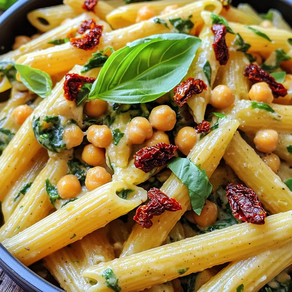 To make this sun-dried tomato vegan pasta, gather these simple ingredients: - 12 oz pasta (your choice: penne, fusilli, or spaghetti) - 1 cup sun-dried tomatoes (packed in oil, drained and finely chopped) - 1 medium onion, diced - 3 cloves garlic, minced - 1 can (15 oz) organic chickpeas, rinsed and drained - 1 cup fresh spinach, roughly chopped - 1/2 cup almond milk (or any plant-based milk of your choice) - 2 tablespoons olive oil - 1 teaspoon dried basil - 1 teaspoon dried oregano - Salt and black pepper, to taste - Fresh basil leaves, for garnish - Nutritional yeast (optional, for a cheesy flavor) I love using different pasta shapes for this dish. Here are my top picks: - Penne: Its ridges hold the sauce well. - Fusilli: The spirals catch bits of sun-dried tomatoes. - Spaghetti: Classic choice that complements the creamy sauce. Feel free to choose any pasta you like. Just cook it until al dente for the best texture! If you have specific dietary needs, here are some easy swaps: - Gluten-Free: Use gluten-free pasta made from rice or quinoa. - Nut-Free: Substitute almond milk with oat milk or soy milk. - Legume-Free: Swap chickpeas with cooked quinoa or lentils for protein. These changes keep the dish delicious while meeting your needs. Enjoy making this sun-dried tomato vegan pasta your own! Start by boiling a large pot of salted water. Once the water is boiling, add 12 oz of your chosen pasta. I love penne or fusilli for this dish. Cook the pasta according to the package instructions until it is al dente. Before you drain the pasta, save 1 cup of the cooking water. This water is full of flavor and will help your sauce later. After saving the water, drain the pasta and set it aside in a large mixing bowl. In a large skillet, heat 2 tablespoons of olive oil over medium heat. Add 1 medium diced onion and sauté it for about 3-4 minutes. You want the onion to become soft and translucent. Stir it often so it doesn’t stick to the pan. Next, add 3 cloves of minced garlic. Cook the garlic for another minute. Watch carefully! You don’t want to burn it, as burnt garlic can taste bitter and ruin your dish. Now it’s time to build the sauce. Mix in 1 cup of finely chopped sun-dried tomatoes and 1 can of rinsed chickpeas. Stir and cook this mixture for about 2-3 minutes until everything is heated through. Then, pour in 1/2 cup of almond milk while stirring. This will create a creamy base. Add in 1 teaspoon of dried basil, 1 teaspoon of dried oregano, salt, and black pepper. Let the sauce simmer on low heat for about 5 minutes. Stir it occasionally to blend the flavors well. Finally, add the cooked pasta to the skillet. Toss everything together until the pasta is well coated. If the sauce is too thick, add some of that reserved pasta water until you reach the right consistency. Gently fold in 1 cup of roughly chopped spinach and let it cook for another 2 minutes. The spinach will wilt and add a nice color to your dish. Garlic adds great flavor, but it burns easily. To avoid burning garlic, follow these steps: - Heat oil first: Always heat oil before adding garlic. This helps cook the garlic evenly. - Watch the heat: Keep your skillet on medium heat. High heat can burn garlic fast. - Add garlic last: Sauté onions first. Then add garlic and cook for only a minute. This keeps it fragrant and tasty. The sauce should coat the pasta without being too thick or too thin. Here’s how to get it just right: - Use pasta water: Reserve some pasta cooking water before draining. This starchy water helps thicken your sauce. - Add milk slowly: Pour in almond milk gradually while stirring. This helps you control the thickness. - Simmer gently: Let the sauce simmer on low heat. Stir often to blend flavors and adjust thickness. A simple garnish can make your dish look gourmet. Try these ideas: - Fresh basil leaves: Sprinkle torn basil over the pasta for a fresh look and taste. - Nutritional yeast: Add a sprinkle for a cheesy flavor and a nice visual touch. - Olive oil drizzle: A light drizzle of olive oil adds shine and richness. - Chili flakes: For a bit of heat, sprinkle chili flakes on top. They add color and flavor. {{image_4}} You can switch out chickpeas for tofu or tempeh. Tofu adds a soft texture, while tempeh provides a nutty crunch. To use tofu, press it to remove extra water. Dice it into cubes and sauté until golden. For tempeh, slice it thin and cook until crisp. Both options boost protein and flavor in your dish. Adding more veggies makes this pasta even better. Try bell peppers, zucchini, or mushrooms. Chop them and sauté them with the onions. You can also add broccoli or kale for a green boost. These veggies not only add nutrients but also enhance the dish's color and texture. If you need gluten-free pasta, there are many options. Brown rice or chickpea pasta works well. You can also try quinoa pasta for a nutty flavor. Cook these alternatives like regular pasta, but check the package for the right time. This way, everyone can enjoy the sun-dried tomato vegan pasta. To keep your sun-dried tomato vegan pasta fresh, store it in an airtight container. Allow the pasta to cool completely before sealing it. This helps prevent moisture buildup. Place the container in the fridge. Leftovers stay good for about 3 to 4 days. When you're ready to enjoy the leftovers, reheat the pasta gently. You can use a skillet over low heat. Add a splash of water or almond milk to keep it moist. Stir occasionally until it’s heated through. If you're in a hurry, use the microwave. Cover the container loosely and heat in short bursts, stirring in between. For longer storage, you can freeze the pasta. First, let it cool completely. Then, portion it into freezer-safe bags or containers. Squeeze out as much air as possible before sealing. Label the bags with the date. You can freeze it for up to 3 months. To reheat, thaw overnight in the fridge, then follow the reheating steps above. Yes, you can use fresh sun-dried tomatoes. They will add a fresh flavor. You should chop them finely. Soak them in warm water for about 30 minutes. This will help soften them. Then, you can use them in the recipe. The taste will be different but still delicious. This recipe is not nut-free because it uses almond milk. You can easily make it nut-free. Just swap almond milk for any other plant-based milk. Soy milk or oat milk works great. Check the labels to ensure they are nut-free. This way, you can enjoy the dish without worry. If you don’t have nutritional yeast, don’t fret! You can use vegan parmesan cheese as a substitute. Another option is to blend seeds, like sunflower seeds, with garlic powder and salt. This will give you a similar flavor. You can also skip it altogether if you prefer. The dish will still taste great! This blog post covered all you need for a tasty pasta dish. We explored ingredients, cooking steps, and tips for flavor. Variations let you customize for your diet and tastes. You can store leftovers and freeze extras easily. I hope you feel ready to cook your own delicious pasta meal. Enjoy experimenting with different flavors and ingredients to make it your own!