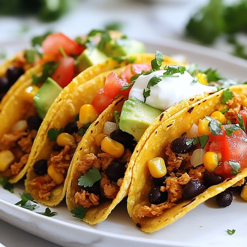 For these tacos, I use 1 lb ground chicken. Ground turkey works too. It’s lean and cooks well. You can also try shredded chicken if you prefer. The protein is key to a tasty filling. The flavor comes from 1 tablespoon extra virgin olive oil, 1 small onion, and 2 cloves garlic. The olive oil helps cook the onion. The onion adds sweetness. Garlic gives a nice kick. I also use 1 packet taco seasoning or make my own mix. This blend of spices makes the chicken pop with flavor. I include 1 cup black beans and 1 cup sweet corn kernels for extra texture. They add fiber and nutrients too. For garnishes, use 1 cup diced tomatoes and 1 ripe avocado. Fresh cilantro leaves add color and taste. You can also serve with sour cream or Greek yogurt for a creamy touch. I use 12 small flour tortillas in this recipe. They are soft and easy to fold. You can swap them for corn tortillas if you want. Both work great! Just remember to warm them first for better flavor and texture. {{ingredient_image_2}} First, turn your oven to 375°F (190°C). This heats up the oven for baking the tacos later. While it warms, gather your ingredients. You need ground chicken, olive oil, onion, garlic, taco seasoning, black beans, corn, cheese, tortillas, tomatoes, avocado, cilantro, and sour cream. Now, take a large skillet. Pour in one tablespoon of olive oil and heat it on medium. Add the chopped onion and cook until it turns clear, about 3-4 minutes. Then, toss in the minced garlic. Stir for one minute until it smells great. Next, add the ground chicken. Break it apart with a spatula. Cook until it’s no longer pink, about 5-7 minutes. Stir often for even cooking. Once cooked, mix in the taco seasoning, black beans, and corn. Stir for 2-3 minutes until everything is hot. On a baking sheet, lay out the small flour tortillas. Spoon a good amount of the chicken mix onto each tortilla. Sprinkle shredded cheddar cheese on top. Fold each tortilla in half, keeping the seam side down on the sheet. This helps them stay closed while baking. Slide the baking sheet into your preheated oven. Bake for 10-12 minutes. Keep an eye on them so they don't burn. They should look golden brown and crispy when done. After baking, let the tacos cool for a minute. Top each one with diced tomatoes and avocado. Add a dollop of sour cream or Greek yogurt for creaminess. Finally, sprinkle fresh cilantro on top for a burst of flavor. Serve the mini tacos on a colorful platter with lime wedges and extra sour cream or Greek yogurt on the side. Enjoy your tasty creation! To cook these tacos just right, follow a few simple steps. First, preheat your oven to 375°F (190°C). This ensures even cooking. When you sauté onions, wait until they turn soft and clear. This step adds depth to the flavor. Cook the chicken until it is no longer pink. Stir it often for even cooking and to avoid burning. When mixing in the beans and corn, be sure to heat them through. This step enhances the overall taste. You can boost flavor with a few extra ingredients. Try adding diced bell peppers for crunch and sweetness. If you like heat, consider adding diced jalapeños. Fresh lime juice adds zest and brightness to the filling. You can also mix in chopped olives or spinach for added nutrition. Experimenting with spices can also be fun. A dash of cumin or smoked paprika can elevate the flavor profile even more. For a beautiful presentation, serve your mini tacos on a colorful platter. Arrange them neatly and add lime wedges for a pop of color. You can also place extra sour cream or Greek yogurt in small bowls on the side. This allows guests to customize their tacos. Garnish with fresh cilantro leaves for a vibrant touch. This not only looks great but also adds a fresh flavor. Enjoy your delicious creation with a side of chips or a light salad for a complete meal! Pro Tips Use Fresh Ingredients: Opt for fresh herbs, ripe avocados, and high-quality cheese to elevate the flavors of your mini tacos. Customize Your Spice Level: Adjust the amount of taco seasoning according to your preference; add chili powder or diced jalapeños for extra heat! Make It Ahead: Prepare the chicken mixture in advance and refrigerate it. Assemble and bake the tacos just before serving for optimal freshness. Experiment with Toppings: Try other toppings like sliced radishes, pickled onions, or crumbled feta for a unique twist on these classic mini tacos. {{image_4}} You can swap ground chicken for other proteins. Try ground turkey or beef for a different taste. For meat-free options, use lentils or chickpeas. These choices still give a great texture. You can also try tofu, which absorbs flavors well. To make these tacos gluten-free, use corn tortillas instead of flour. Be sure to check labels for any hidden gluten in seasonings. For a vegan version, replace chicken with plant-based meat or beans. Use dairy-free cheese or skip it entirely. Top with avocado and fresh herbs for extra flavor. Adjust the spice level to your liking. For spicier tacos, add chopped jalapeños or cayenne pepper to the chicken mix. You can also use spicy taco seasoning. For mild flavors, stick to classic seasoning without added heat. Fresh lime juice can brighten the taste without spice. Store leftover mini baked chicken tacos in an airtight container. Keep them in the fridge for up to three days. If you want to save them longer, consider freezing. Make sure they cool completely before storing. To reheat, use an oven for the best taste. Preheat the oven to 350°F (175°C). Place the tacos on a baking sheet and cover them with foil. Bake for about 10 minutes until they’re hot. This method keeps the tacos crispy. To freeze, wrap each taco tightly in plastic wrap. Place them in a freezer-safe bag or container. They can last up to three months in the freezer. When ready to eat, thaw them overnight in the fridge before reheating. Enjoy your tasty tacos later! Mini Baked Chicken Tacos last about three days in the fridge. Store them in an airtight container. This keeps them fresh and tasty. Yes, you can make these tacos ahead. Prepare the filling and store it in the fridge. Fill the tortillas just before baking. This keeps them crispy and fresh. You can serve these tacos with a side of rice or a fresh salad. Guacamole and salsa also pair well. Consider adding some tortilla chips for crunch. Absolutely! To add heat, mix in diced jalapeños or hot sauce. You can also use spicy taco seasoning. Adjust to your taste for the perfect kick. Yes, feel free to swap the cheddar cheese. Pepper jack adds spice, while mozzarella offers creaminess. Choose your favorite to match your flavor preference. In this blog post, we explored making mini baked chicken tacos. We covered key ingredients like ground chicken, spices, and tortillas. You learned step-by-step instructions for prepping, cooking, and baking. I shared helpful tips to elevate flavor and presentation. We also discussed variations and storage methods to keep your tacos fresh. Remember, cooking should be fun! So, experiment with new flavors and enjoy the tacos you create. Happy cooking!