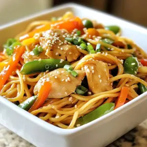 - 8 oz lo mein noodles - 1 lb boneless, skinless chicken breast, thinly sliced - 2 tablespoons soy sauce - 1 tablespoon oyster sauce - 1 tablespoon sesame oil - 1 cup bell peppers, julienned - 1 cup snap peas or snow peas - 1/2 cup carrots, julienned - 3 green onions, chopped - 2 cloves garlic, minced - 1 tablespoon fresh ginger, grated - Salt and pepper to taste - Optional: sesame seeds for garnish When choosing vegetables, look for fresh and crisp options. Bright colors mean good flavor. For bell peppers, mix red, yellow, and green for a colorful dish. You can swap snap peas with snow peas if you prefer. If you do not have lo mein noodles, use spaghetti or rice noodles. For a gluten-free version, replace soy sauce with tamari. You can skip oyster sauce or use a vegan version. If you are out of sesame oil, try using vegetable oil. These swaps will still keep your dish tasty and fun! {{ingredient_image_2}} 1. Cooking the lo mein noodles: Start by boiling salted water in a large pot. Add the lo mein noodles and cook them until they are tender, following the package instructions. This usually takes about 4 to 6 minutes. 2. Preventing sticking with sesame oil: Once cooked, drain the noodles. To keep them from sticking together, toss them with a little sesame oil. This step adds flavor and helps them stay separate. Set the noodles aside for later. 1. How to marinate properly: In a mixing bowl, combine the thinly sliced chicken with soy sauce, oyster sauce, salt, and pepper. Toss until the chicken is well-coated in the sauce. 2. Timing for marination: Let the chicken marinate for 10 to 15 minutes. This allows the flavors to soak into the meat, making it tasty and juicy. 1. Stir-frying the chicken: Heat a large skillet or wok over medium-high heat. Add 1 tablespoon of sesame oil. Once the oil is hot, add the marinated chicken. Stir-fry for 5 to 7 minutes, until the chicken turns golden brown and is fully cooked. Remove it from the pan and set it aside. 2. Cooking the vegetables: In the same skillet, add more sesame oil if needed. Add minced garlic and grated ginger, cooking for about 30 seconds until fragrant. Then, add the bell peppers, snap peas, and carrots. Stir-fry for 3 to 4 minutes until the veggies are bright and tender but still crisp. 3. Combining everything: Return the chicken to the skillet. Add the cooked lo mein noodles and gently toss everything together. Ensure the chicken and noodles are well-coated with the sauce, cooking for another 2 to 3 minutes to let the flavors blend. 1. Adding green onions: Just before serving, stir in the chopped green onions. This gives a fresh crunch to the dish. 2. Adjusting seasoning: Taste your dish and add more salt or pepper if needed. This step is key to making your Easy Chicken Lo Mein just right for your palate. - Overcooking the noodles: It's easy to cook noodles too long. Follow the package time carefully. Noodles should be al dente, not mushy. This keeps them from clumping in the stir-fry. - Ignoring the marination time: Marinating chicken is key. Let it sit for at least 10 minutes. This helps the chicken soak up flavors. Skipping this step will make your meal taste bland. - Suggestions for additional seasonings: You can add a splash of rice vinegar or chili oil for a twist. These bring a bright and spicy kick. You can also try a dash of five-spice powder for a deeper flavor. - How to achieve the best stir-fry texture: Use high heat and a good pan. A wok is ideal but any large skillet works. Keep your ingredients moving to avoid burning. This method helps everything cook evenly and stay crisp. - Recommended side dishes: Serve with spring rolls or dumplings for a full meal. A side of steamed broccoli or a simple salad also pairs well. These sides add color and balance to your plate. - Best ways to serve and present: Use a large platter for a family-style meal. For individual servings, use bowls to show off the colorful veggies. A sprinkle of sesame seeds on top adds a nice touch and crunch. Pro Tips Use Fresh Ingredients: Fresh vegetables and herbs will enhance the flavor and texture of your lo mein. Opt for seasonal produce when possible for the best taste. Don’t Overcook the Noodles: Make sure to cook the lo mein noodles just until al dente. They will continue to cook slightly when combined with the hot ingredients. High Heat is Key: Stir-frying over high heat allows the chicken and vegetables to sear quickly, locking in flavors and maintaining a crisp texture. Customize Your Protein: Feel free to swap out the chicken for shrimp, beef, or tofu to suit your taste preferences or dietary needs. {{image_4}} You can switch up the veggies in your Chicken Lo Mein. Here are some fun ideas: - Broccoli florets - Baby corn - Mushrooms - Zucchini strips Using seasonal vegetables makes your dish fresh. In summer, add tomatoes or bell peppers. In winter, use root veggies like carrots or squash. This keeps your meal exciting and healthy. Want to try something different? You can use shrimp, tofu, or beef. Here’s how: - Shrimp: Cook them for just 3-4 minutes until pink. - Tofu: Press it to remove extra water, then cube it. Cook until golden brown. - Beef: Thinly slice flank steak and stir-fry for about 3-5 minutes. Cooking times vary, so pay attention. Make sure each protein is cooked through for safe eating. Do you like heat? Add red pepper flakes or a dash of chili sauce. Start with a small amount to avoid overpowering the dish. If you prefer milder flavors, try these options: - Use less soy sauce. - Add a splash of coconut milk for creaminess. These changes make your Chicken Lo Mein just right for your taste. Enjoy experimenting! To keep Chicken Lo Mein fresh, store it in airtight containers. This helps avoid moisture loss. Let the dish cool to room temperature before sealing. Label the container with the date. This way, you know when to eat it. Use glass or sturdy plastic containers for best results. They help maintain the flavor and texture. To reheat Chicken Lo Mein, use a skillet over medium heat. Add a splash of water or broth to help it steam. Stir often to prevent sticking. Heat until it’s warm throughout. Avoid the microwave if you can. It can make the noodles soggy. Yes, you can freeze Chicken Lo Mein! Just be sure to cool it first. Portion it into freezer-safe bags or containers. Squeeze out extra air to prevent freezer burn. To thaw, place the container in the fridge overnight. For quicker thawing, use the microwave on defrost. Once thawed, reheat using the skillet method for the best texture. If you can't find lo mein noodles, you can use other types of noodles. Good options include spaghetti, egg noodles, or rice noodles. These substitutes work well in this dish. Just cook them according to the package instructions. Keep in mind that the texture may change slightly. To make Chicken Lo Mein gluten-free, swap regular soy sauce for gluten-free soy sauce or tamari. You can also choose rice noodles instead of lo mein noodles. Always check labels to ensure all ingredients are gluten-free. This way, you can enjoy the dish without worries. Yes, you can prepare Chicken Lo Mein ahead of time. Cook the noodles and chicken, then store them separately. Keep the vegetables fresh until you are ready to cook. When you're set to eat, just stir-fry everything together. It takes only a few minutes to heat up. A large non-stick skillet or a wok works best for this dish. A non-stick surface helps prevent sticking and allows for easy tossing. If you have a carbon steel wok, it can provide great heat distribution. Make sure the pan is hot before adding ingredients for the best stir-fry. Chicken Lo Mein can last in the refrigerator for about 3 to 4 days. Store it in an airtight container to keep it fresh. When you're ready to eat, simply reheat it in a skillet or microwave. Just be careful not to overcook it during reheating. You can make a simple yet tasty Chicken Lo Mein with quality ingredients and easy steps. By using fresh veggies and proper cooking techniques, you ensure great flavor. Remember to avoid common mistakes, like overcooking the noodles. Variations let you adjust the meal to your liking, making it fun to try new things. Store leftovers correctly to enjoy later. Overall, you have the tools to create a delicious meal that can impress anyone. Enjoy your cooking journey, and don't hesitate to experiment!