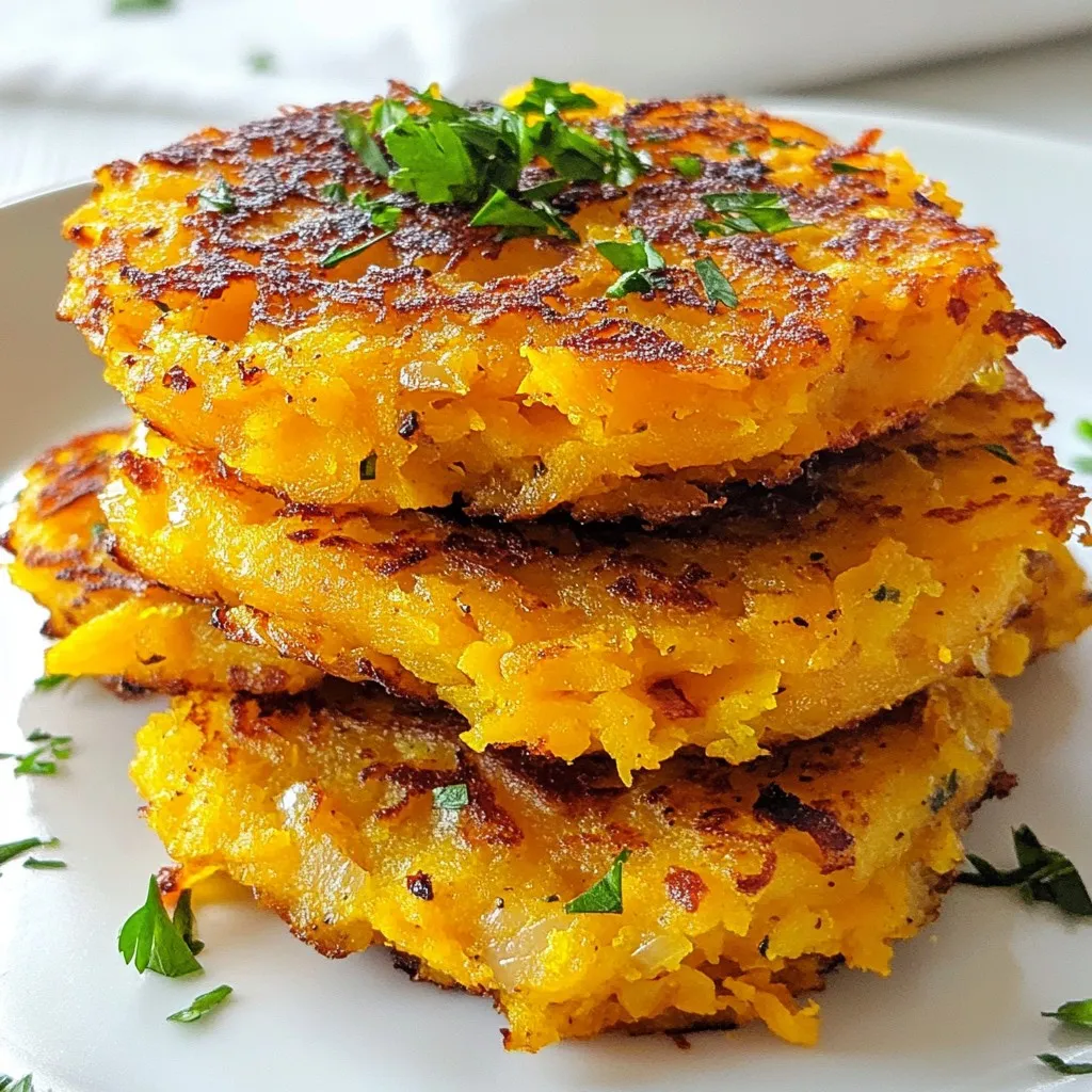 - 2 large sweet potatoes, peeled and grated - 1 small onion, finely chopped - 2 cloves garlic, minced - 1 tablespoon all-purpose flour (or gluten-free flour for gluten-free option) - 1 teaspoon paprika - 1/2 teaspoon salt - 1/4 teaspoon black pepper - 2 tablespoons olive oil - Fresh herbs (like parsley or chives), chopped, for garnish Sweet potatoes form the base of this dish. Their natural sweetness gives the hash browns a unique flavor. Using a small onion adds a nice bite while garlic brings depth. For the dry ingredients, flour helps bind everything together. Paprika adds warmth, while salt and pepper enhance the taste. Finally, olive oil is key for frying. It helps create that crispy outside we all love. Fresh herbs make a beautiful garnish and add a fresh flavor. This blend of ingredients makes a simple yet delicious dish. Each component plays a role in building the perfect sweet potato hash browns. {{ingredient_image_2}} First, grab two large sweet potatoes. Peel them and then grate them. You can use a box grater or a food processor. Once grated, you need to remove the moisture. This step is key for crispy hash browns. Take the grated sweet potatoes and place them in a clean kitchen towel. Twist the towel tightly and squeeze out as much moisture as you can. The drier the sweet potatoes, the crispier your hash browns will be! Now, it’s time to mix the ingredients. In a large mixing bowl, combine the drained sweet potatoes with a small, finely chopped onion. Add two minced garlic cloves for flavor. Sprinkle in one tablespoon of flour, one teaspoon of paprika, and half a teaspoon of salt. Don’t forget a quarter teaspoon of black pepper. Stir everything together until well blended. Make sure each ingredient is evenly distributed for the best taste. Heat two tablespoons of olive oil in a large skillet over medium heat. You want the oil to shimmer but not smoke. Take a handful of the sweet potato mixture and press it into a flat patty. Carefully place the patty into the hot skillet. Make sure to leave space between each patty. Cook them for about 4-5 minutes on each side. You want them to be golden-brown and crispy. Watch the heat closely to avoid burning. After cooking, place the hash browns on a plate lined with paper towels to soak up extra oil. Before serving, sprinkle some fresh herbs on top for added flavor and color. Enjoy your crispy sweet potato hash browns! To make your sweet potato hash browns crispy, start by removing moisture. After grating the sweet potatoes, place them in a kitchen towel. Twist the towel tightly to squeeze out excess water. This step is key to getting that golden-brown crunch. Cooking temperature also matters. Use medium heat for even cooking. If the heat is too low, the hash browns will become soggy. If it's too high, they may burn before cooking through. To boost the flavor of your hash browns, add spices or herbs. Spices like paprika, garlic powder, or cayenne can give a nice kick. Fresh herbs like parsley or chives add brightness and color. You can mix these in the batter or sprinkle them on top before serving. Experiment with flavors to find what you love best. For perfect hash browns, choose the right tools. A large non-stick skillet works wonders. It helps prevent sticking and allows for easy flipping. A spatula with a flat edge is also great for pressing down the patties. If you have a box grater or food processor, they can save time while grating sweet potatoes. Keep these tools handy to make your cooking experience smooth and enjoyable. Pro Tips Maximize Crispiness: Ensure you squeeze out as much moisture as possible from the grated sweet potatoes to achieve that desired crispy texture. Even Cooking: Avoid overcrowding the skillet; give each patty enough space to cook evenly without steaming. Flavor Boost: Experiment with spices such as cayenne pepper or cumin for an extra kick in flavor that complements the sweetness of the potatoes. Garnishing Options: Fresh herbs not only add color but also enhance the flavor; consider adding a squeeze of lemon juice for a zesty finish. {{image_4}} You can easily make sweet potato hash browns gluten-free. Just swap all-purpose flour for gluten-free flour. This keeps the same great taste without gluten. If you want a vegan option, skip the eggs and use a flaxseed mixture instead. Mix one tablespoon of flaxseed meal with three tablespoons of water. Let it sit until it thickens, then add it to your mix. This keeps the hash browns together and tasty. Feel free to get creative with flavors. Adding cheese makes the hash browns richer. Try cheddar for sharpness or mozzarella for a gooey touch. You can also add different veggies. Chopped bell peppers or spinach mix well. For a spicy kick, toss in some diced jalapeños. Just remember not to add too much moisture when you mix in extra vegetables. When serving sweet potato hash browns, think about toppings. A dollop of sour cream or Greek yogurt adds creaminess. Fresh herbs like parsley or chives give a nice pop of color. You can also serve them with a fried egg on top for extra protein. If you want a more filling meal, pair them with avocado slices or a side of salsa. Each bite will be a burst of flavor! To store leftover sweet potato hash browns, place them in an airtight container. Make sure they are completely cool before sealing. This helps keep them fresh. You can store them in the fridge for up to four days. If you want to save space, use a flat, shallow container. This allows for even cooling and easy access. For the best taste, reheat your hash browns in a skillet. Heat a little olive oil over medium heat. Add the hash browns and cook for about three to four minutes on each side. This helps them regain some crispiness. You can also use an oven. Preheat the oven to 375°F (190°C), then bake for about 10 minutes. This method keeps them warm without making them soggy. You can freeze cooked sweet potato hash browns for up to three months. Let them cool completely first. Then, place them in a freezer-safe bag. Make sure to remove as much air as possible before sealing. When you're ready to eat, you can reheat them straight from the freezer. Just add a few extra minutes to the cooking time. To make sweet potato hash browns crispy, you must remove moisture. After grating the sweet potatoes, wrap them in a clean kitchen towel. Twist and squeeze tightly to get rid of excess water. This step is key. Next, heat your skillet over medium heat. Add enough olive oil to coat the bottom. When the oil shimmers, it's ready. Form your sweet potato mixture into flat patties and place them in the hot oil. Ensure there is space between each patty. Cook for about 4-5 minutes on each side. Adjust the heat if they brown too fast. This method helps create that perfect crispy texture. Yes, you can prepare the sweet potato mixture ahead of time. After mixing the grated sweet potatoes with onion, garlic, and spices, store it in an airtight container. Refrigerate it for up to 24 hours. Just remember, don't add the flour until you're ready to cook. This keeps the mixture fresh and helps it hold together better when frying. When you're ready to cook, simply add the flour, mix, and fry as usual. Sweet potato hash browns pair well with many dishes. You can serve them with eggs for breakfast. They also make a great side for lunch or dinner. Try them with avocado slices, salsa, or sour cream for a tasty twist. For a heartier meal, add them to a breakfast burrito. They also work well in veggie bowls or alongside grilled meats. The options are endless! In this post, we explored making delicious sweet potato hash browns. We covered main and dry ingredients, cooking tips, and variations. Remember to remove moisture for crispiness and use the right tools. You can modify the recipe for special diets and enhance flavors with spices. Store leftovers properly to enjoy later. These sweet potato hash browns can be a tasty addition to any meal. Enjoy the process and get creative with your flavors!