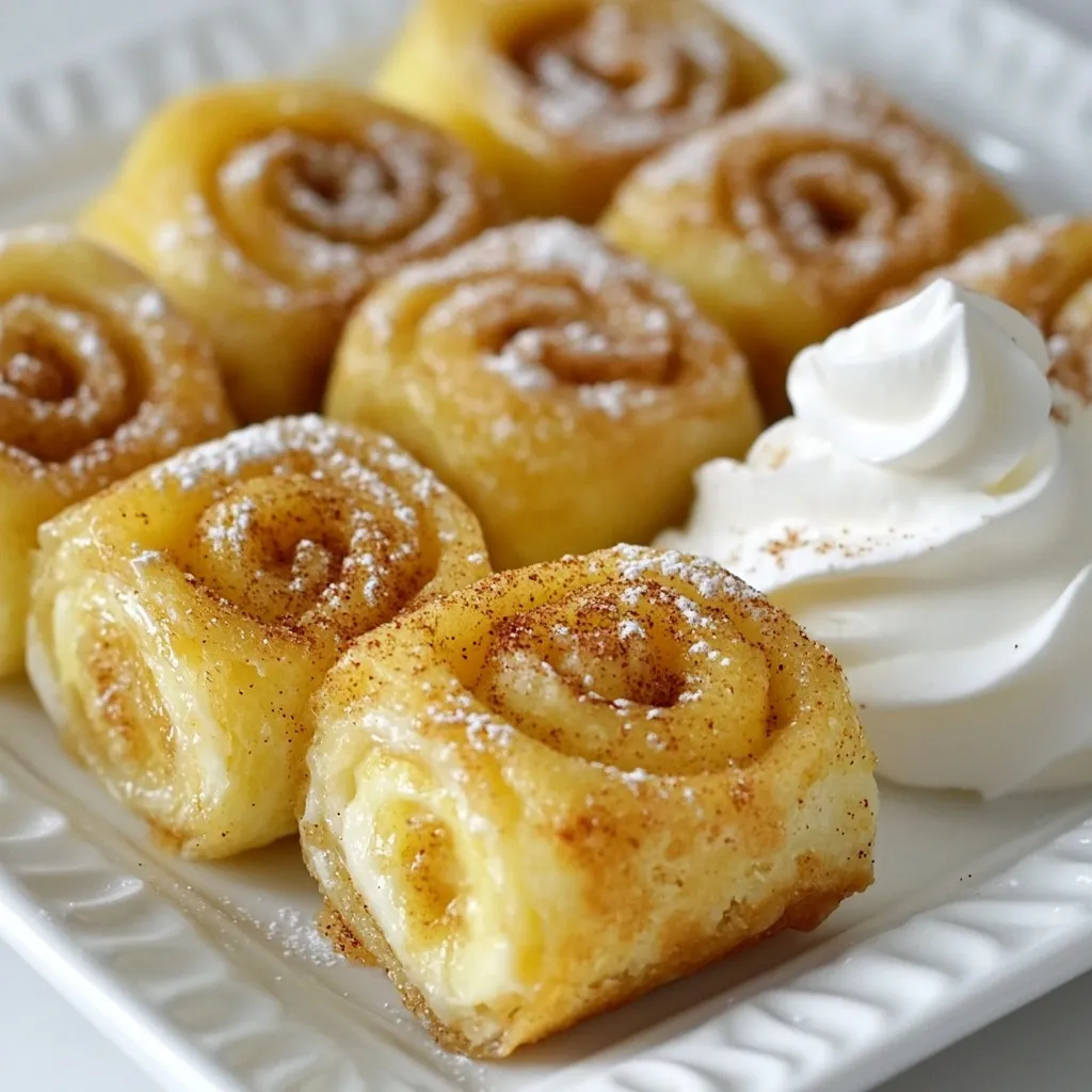 To make these tasty roll-ups, you'll need the following ingredients: - 1 cup almond flour - 1/4 cup cream cheese, softened - 2 large eggs - 1/4 cup erythritol (or any keto-friendly sweetener) - 1 teaspoon ground cinnamon - 1/2 teaspoon baking powder - 1/4 teaspoon salt - 1 tablespoon butter, melted (for brushing) - Additional cinnamon and sweetener for dusting If you want to switch up the sweetener, here are some options: - Stevia: Use a small amount as it's very sweet. - Monk fruit: A great low-carb sweetener with no calories. - Allulose: Tastes like sugar and has fewer carbs. Experiment with these to find the flavor you like best! You'll need a few tools to make this recipe easy: - Mixing bowls: One for dry and one for wet ingredients. - Rolling pin: For rolling out the dough. - Parchment paper: To prevent sticking. - Sharp knife: For slicing the roll-ups. - Baking tray: To bake your delicious treats. Gather all your equipment before you start cooking for a smooth process! {{ingredient_image_2}} First, preheat your oven to 350°F (175°C). This step is vital for a good bake. Next, line a baking tray with parchment paper. This prevents sticking and makes cleaning easy. In a large bowl, combine 1 cup of almond flour, 1/4 cup of erythritol, 1 teaspoon of ground cinnamon, 1/2 teaspoon of baking powder, and 1/4 teaspoon of salt. Mix well until no clumps remain. A thorough mix helps the roll-ups rise evenly. In a separate bowl, whisk together 1/4 cup of softened cream cheese and 2 large eggs. Keep whisking until the mixture is smooth and creamy. This smooth mix creates a nice texture in your dough. Gradually add the wet mix to the dry ingredients. Use a spatula or wooden spoon to combine them. Stir until a cohesive dough forms. It should feel slightly sticky but easy to handle. Transfer your dough to a clean surface. First, place it between two pieces of parchment paper. Using a rolling pin, roll the dough into a rectangle about 1/4 inch thick. This shape helps with even filling and rolling. In a small bowl, mix 1 tablespoon of melted butter, 1 tablespoon of erythritol, and 1 teaspoon of ground cinnamon. Stir until smooth. Spread this mixture evenly over the rolled-out dough. Make sure to reach the edges for full flavor. Starting from one edge, roll the dough tightly into a log shape. Pinch the seams to keep the roll together. Use a sharp knife to cut the log into 1-inch thick pieces. Arrange these slices cut-side up on your baking tray. Place the tray in your preheated oven. Bake for 15-20 minutes until the edges are golden brown. Keep an eye on them to avoid burning. Once they’re done, let the roll-ups cool for a few minutes. You can dust them with extra cinnamon and erythritol for a nice touch. To get the right dough, mix well. Combine almond flour and dry ingredients first. Make sure there are no lumps. When you add the wet mix, it should feel sticky but not too wet. If it’s too dry, add a little water. If it’s too wet, add more almond flour. This balance is key for great roll-ups. Taste your filling! If you want it sweeter, add more erythritol. You can also try different spices like nutmeg or vanilla. Adjusting sweetness is easy and fun. Just remember, the flavor should shine through the cream cheese and cinnamon. Make your roll-ups look special. Place them on a nice plate, cut-side up. A sprinkle of cinnamon on top adds charm. You can also add a dollop of whipped cream or chopped nuts. This makes your snack not just tasty but pretty, too! Pro Tips Use Room Temperature Ingredients: Ensure that your cream cheese is at room temperature before mixing. This will help achieve a smooth and creamy texture in the dough. Adjust Sweetness to Taste: Feel free to adjust the amount of erythritol or sweetener based on your personal preference for sweetness. Don't Overbake: Keep an eye on your roll-ups while baking. Remove them from the oven as soon as they turn golden brown to prevent drying out. Experiment with Fillings: Consider adding chopped nuts or unsweetened cocoa powder to the cinnamon filling for added flavor and texture. {{image_4}} You can boost the texture and nutrition of your roll-ups. Adding nuts or seeds is a great idea. Try mixing in chopped pecans or walnuts into the dough. This adds crunch and flavor. You can also sprinkle chia or flax seeds on the filling. These seeds add healthy fats and fiber. If you want a gluten-free option, almond flour is perfect. It’s already a main ingredient. You can also swap for coconut flour. But, use less coconut flour since it absorbs more moisture. Start with 1/4 cup and adjust as needed. Flavor your roll-ups in fun ways! For chocolate lovers, add cocoa powder to the dough. Start with 2 tablespoons and mix it in well. If you like vanilla, add a teaspoon of vanilla extract to the wet mixture. You can even try adding lemon zest for a fresh twist. Get creative and make these roll-ups your own! Store leftover Keto Cinnamon Cream Cheese Roll-Ups in an airtight container. Keep them in the fridge for up to five days. This helps maintain their soft texture. If they dry out, try adding a slice of bread to the container. It adds moisture back to the rolls. To freeze, wrap each roll-up tightly in plastic wrap. Place them in a freezer bag or container. They can last up to three months in the freezer. When you're ready to enjoy them, take out as many as you need. Let them thaw in the fridge overnight for best results. To reheat, preheat your oven to 350°F (175°C). Place the roll-ups on a baking sheet. Cover them with foil to keep them moist. Heat for about 10-15 minutes. You can also use a microwave. Heat each roll-up for 20-30 seconds. Enjoy them warm for a tasty snack! You can use coconut flour instead of almond flour. Use 1/4 cup of coconut flour in place of 1 cup of almond flour. Coconut flour absorbs more moisture, so add an extra egg or more cream cheese. This keeps the dough soft and easy to roll. Yes, you can use other keto-friendly sweeteners. Options include stevia, monk fruit, or allulose. Just remember to adjust the amount based on the sweetness level of the sweetener you choose. Always taste your filling to get it just right. To reheat, use an oven or an air fryer. Preheat your oven to 350°F (175°C). Place the roll-ups on a baking sheet and warm them for about 5 to 10 minutes. In an air fryer, set it to 300°F (150°C) for about 3 to 5 minutes. This keeps them soft and tasty. Each serving has about 2 grams of net carbs. This low-carb count makes them a great snack for a keto diet. Always check the specific brands of ingredients you use for the most accurate carb counts. You’ve learned how to make Keto Cinnamon Cream Cheese Roll-Ups from scratch. We covered ingredients, tools, and step-by-step instructions. I shared tips for making your roll-ups perfect, plus some fun variations to try. Remember, these rolls are easy to store and reheat. With this recipe, you can enjoy a tasty treat that fits your diet. You now have the tools to make it your own. Happy baking!