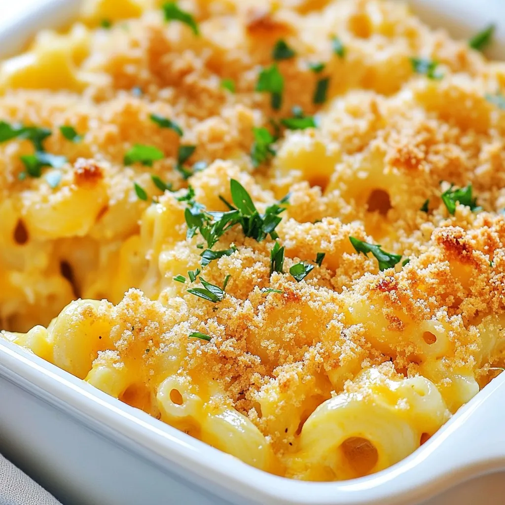 - 8 ounces elbow macaroni - 2 cups sharp cheddar cheese, freshly grated - 1 cup mozzarella cheese, freshly grated - 1/2 cup Parmesan cheese, grated - 2 cups whole milk - 1/4 cup unsalted butter - 1/4 cup all-purpose flour - 1 teaspoon garlic powder - 1 teaspoon onion powder - 1/2 teaspoon mustard powder - Salt and black pepper to taste - 1 cup panko breadcrumbs - 1 tablespoon extra virgin olive oil - Fresh parsley, finely chopped (for garnish) I love using these ingredients because they create a rich and creamy dish. The elbow macaroni forms the base, while the cheeses melt together, giving that gooey texture we crave. The sharp cheddar adds a bold flavor, and the mozzarella makes it stretchy and fun. The milk combines with butter and flour to create a smooth cheese sauce. This sauce coats the pasta nicely, ensuring every bite is creamy. Don't forget the garlic and onion powders! They boost the flavor without adding too much fuss. For the crunchy topping, I use panko breadcrumbs. They give a nice crispness when baked. A drizzle of olive oil makes them golden and toasty. Finally, a sprinkle of parsley at the end adds brightness and color to the dish. With these ingredients, your Crunchy Baked Mac and Cheese will impress everyone. Get ready for a delicious meal that is simple to make! {{ingredient_image_2}} - Preheat the oven Start by preheating your oven to 350°F (175°C). This step is key for a perfect bake. - Cooking the elbow macaroni Fill a large pot with water and add a good amount of salt. Bring the water to a rolling boil. Add 8 ounces of elbow macaroni. Cook according to package instructions, usually around 7-8 minutes, until al dente. Once cooked, drain the pasta and set it aside. - Creating the roux In a medium saucepan, melt 1/4 cup of unsalted butter over medium heat. Once melted, slowly whisk in 1/4 cup of all-purpose flour. Cook this mixture for about 2 minutes. It should look bubbly and lightly golden. This is your roux. - Adding milk and seasonings Gradually pour in 2 cups of whole milk while whisking. This helps avoid lumps in your sauce. Next, stir in 1 teaspoon of garlic powder, 1 teaspoon of onion powder, and 1/2 teaspoon of mustard powder. Season with salt and black pepper. Cook this mixture for 5-7 minutes until it thickens and becomes creamy. - Melting the cheeses Remove the saucepan from heat. Gently stir in 2 cups of freshly grated sharp cheddar cheese and 1 cup of freshly grated mozzarella cheese. Mix until the cheeses melt completely, creating a velvety cheese sauce. - Folding the pasta into the cheese sauce Carefully fold the drained elbow macaroni into the cheese sauce. Ensure every piece of pasta gets coated well with the sauce. - Preparing the breadcrumb topping In a small bowl, mix 1 cup of panko breadcrumbs with 1 tablespoon of extra virgin olive oil. Add a pinch of salt and stir until the breadcrumbs are well coated. - Baking time and temperature Pour the mac and cheese mixture into a greased 9x13 inch baking dish. Spread it evenly. Sprinkle the breadcrumb mixture over the top. For extra flavor, add some grated Parmesan cheese on top of the breadcrumbs. Bake in the preheated oven for 25-30 minutes until the top is golden brown and crispy. This method gives you a crunchy baked mac and cheese that is creamy inside. Enjoy the process and the delicious results! To get that perfect crunch on top of your mac and cheese, start with the right breadcrumbs. I recommend using panko breadcrumbs. They are larger and airier than regular breadcrumbs, giving you a fantastic crunch. You can also mix in some grated Parmesan cheese for added flavor. Next, don't skip the oil! Drizzling a tablespoon of extra virgin olive oil over the panko before baking helps it crisp up nicely. It adds a rich taste and ensures that the topping doesn't dry out. Just make sure to mix the oil well with the breadcrumbs. To make your baked mac and cheese pop, focus on your cheese choices. A mix of sharp cheddar and mozzarella works wonders. The sharp cheddar gives a bold taste, while the mozzarella adds creaminess. You can also add some Gruyère or fontina for richer flavor. Don't forget about your seasonings. A pinch of mustard powder really brightens up the dish. Garlic and onion powder add depth. Always taste as you go to strike the right balance. Adjust salt and pepper to your liking for the best flavor. One common mistake is overcooking the pasta. Cook it only until it's al dente, as it will continue to cook in the oven. This keeps it from becoming mushy. Also, you want to make sure your topping stays crispy. Mix the panko with olive oil and season it well. If you skip this step, you might end up with a dry topping. By following these tips, you'll enjoy a crunchy, creamy baked mac and cheese every time! Pro Tips Use Freshly Grated Cheese: Freshly grating your cheese enhances the flavor and ensures a smoother melt, resulting in a creamier sauce. Don’t Overcook the Pasta: Cook the elbow macaroni just until al dente, as it will continue to cook while baking and prevent a mushy texture. Add Spice to the Breadcrumbs: For extra flavor, mix in some herbs or spices like paprika or Italian seasoning with the panko breadcrumbs before topping your mac and cheese. Let it Rest: Allow the baked mac and cheese to cool for a few minutes before serving. This resting time helps the dish set and makes it easier to serve. {{image_4}} Gluten-free options You can make this dish gluten-free. Use gluten-free elbow macaroni instead of regular pasta. You can also swap the all-purpose flour with a gluten-free blend. This will keep your dish tasty and safe for those who need it. Dairy-free alternatives To make a dairy-free version, use dairy-free cheese. Look for brands that melt well. You can also use almond or oat milk instead of whole milk. This way, everyone can enjoy creamy mac and cheese. Adding vegetables Adding veggies boosts nutrition and flavor. Try spinach, broccoli, or peas. You can mix them in before baking. Roasted bell peppers or sautéed mushrooms add a nice touch too. Incorporating spices or meats Spice things up with some cayenne pepper or smoked paprika. These add warmth and depth. For meat lovers, diced ham or crispy bacon can enhance the dish. Just fold in your choice before baking for extra flavor. Options for richer flavor While cheddar and mozzarella shine, you can switch things up. Gouda or fontina cheese adds a rich taste. These cheeses melt beautifully and enhance the creaminess. Combining cheeses for depth Mixing different cheeses creates a more complex flavor. Try a blend of cheddar, mozzarella, and Gruyère. This combination offers a creamy texture with a nutty taste. It makes your mac and cheese stand out at any meal. To keep your baked mac and cheese fresh, store it in an airtight container. Make sure it cools down before sealing. You can refrigerate it for up to 3-5 days. If you want to keep it longer, freezing is a great option. When you reheat mac and cheese, you want to keep the crunch. The oven works best for this. Preheat it to 350°F (175°C). Place the mac and cheese in a baking dish. You can add a splash of milk to keep it creamy. Cover it with foil and bake for about 20 minutes. If you use a microwave, heat in short bursts. Stir it often to avoid uneven heating. To freeze mac and cheese, let it cool completely. Then, place it in a freezer-safe container. You can also use individual portions for easy meals later. It will last for about 2-3 months in the freezer. To reheat from frozen, take it out and let it thaw overnight in the fridge. Then, follow the reheating instructions for the oven or microwave. To make baked mac and cheese creamy, focus on your cheese sauce. Use whole milk for richness. Mix in sharp cheddar and mozzarella for a smooth blend. Here are some tips: - Cook your roux until bubbly but not burnt. - Gradually add milk while whisking to avoid lumps. - Let the cheese melt fully before adding pasta. - Avoid overcooking the pasta. It should be al dente. Yes, you can prepare baked mac and cheese ahead of time. Just follow these steps: 1. Cook the pasta and make the cheese sauce as usual. 2. Combine them, but don’t bake yet. 3. Store in the fridge for up to 24 hours. 4. When ready, sprinkle the breadcrumbs on top and bake. 5. Add 5-10 extra minutes to the baking time if cold. Baked mac and cheese pairs well with many side dishes. Here are some great options: - Steamed broccoli for a healthy crunch. - A fresh garden salad for balance. - Roasted vegetables for added flavor. - Grilled chicken for protein. These add variety to your plate and enhance your meal. In this post, I shared how to make a tasty, crunchy baked mac and cheese. I covered the main ingredients, step-by-step instructions, and helpful tips to avoid common mistakes. You learned how to store and reheat leftovers, plus ways to modify the dish for different needs. Remember, the key to great mac and cheese is using fresh ingredients and paying attention to cooking times. With these tips, you can enjoy a cheesy, crunchy meal any day!