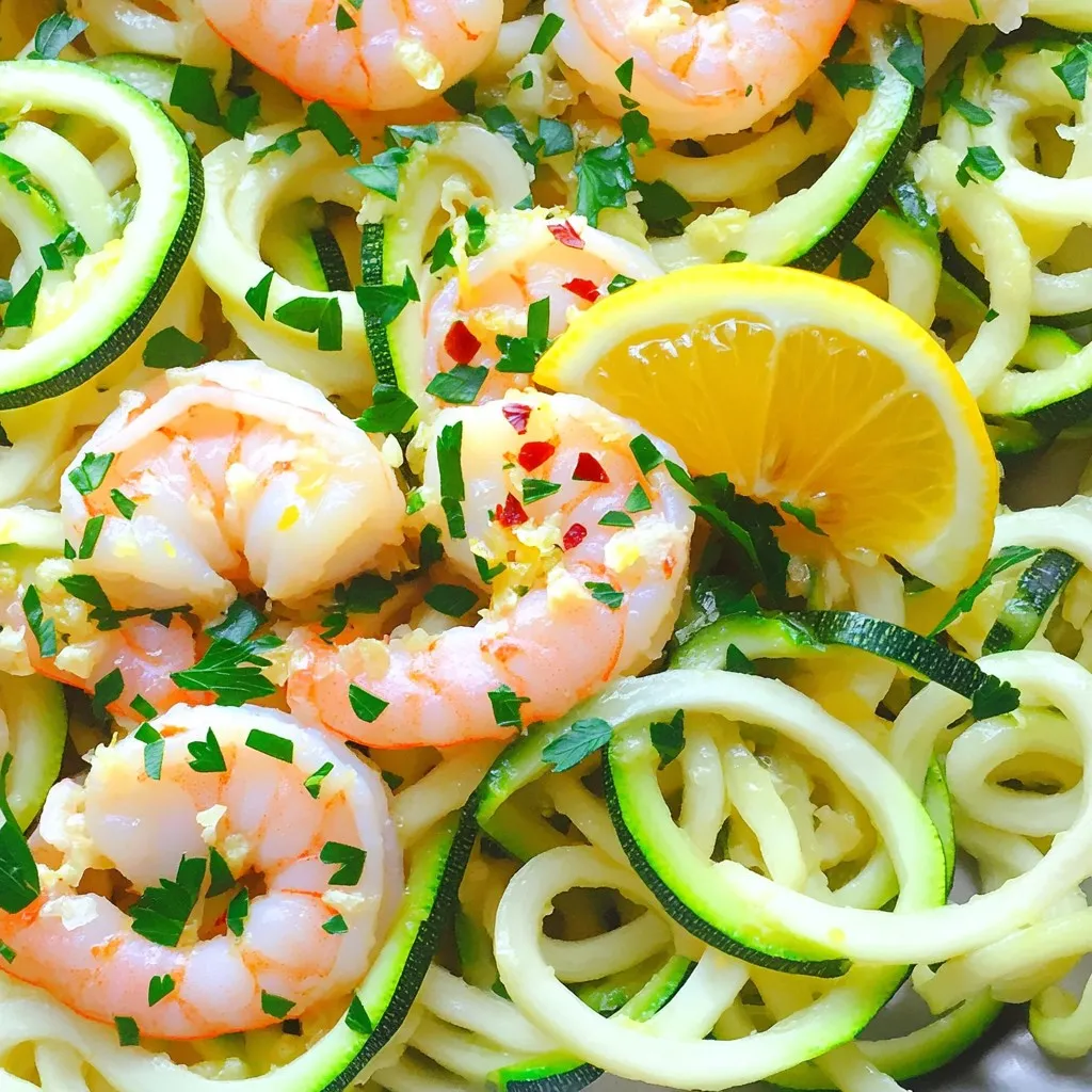 To make Minute Lemon Garlic Shrimp Zoodles, you will need: - 1 pound large shrimp, peeled and deveined - 2 medium zucchinis, spiralized into zoodles - 3 tablespoons olive oil - 4 cloves garlic, finely minced - 1 large lemon, zested and juiced - Salt and freshly ground black pepper, to taste You can add a bit of heat and flavor with these optional ingredients: - 1/2 teaspoon red pepper flakes - Fresh parsley, finely chopped (for garnish) To prepare this dish, gather these tools: - Large skillet - Spiralizer (for zoodles) - Tongs (for serving) - Knife and cutting board - Measuring spoons Having the right tools makes cooking easier and more fun! Start by gathering your ingredients. You will need: - 1 pound large shrimp, peeled and deveined - 2 medium zucchinis, spiralized into zoodles - 3 tablespoons olive oil - 4 cloves garlic, finely minced - 1 large lemon, zested and juiced - 1/2 teaspoon red pepper flakes (optional for heat) - Salt and freshly ground black pepper, to taste - Fresh parsley, finely chopped (for garnish) Make sure your shrimp are ready to go. Peel and devein them if needed. Next, spiralize the zucchinis into zoodles. This will give you a fun, noodle-like base for the dish. Heat 2 tablespoons of olive oil in a large skillet over medium heat. Once hot, add minced garlic and red pepper flakes. Sauté for about 30 seconds. You want the garlic to smell great, not burn. Next, raise the heat to medium-high. Toss in the shrimp and season with salt and pepper. Cook for 2-3 minutes on each side. The shrimp will turn bright pink when done. Remove the shrimp and place them on a plate. Squeeze fresh lemon juice over them and add lemon zest for extra flavor. In the same skillet, add the last tablespoon of olive oil. Toss in the zoodles. Sauté for 2-3 minutes. They should be tender but still firm. Finally, return the shrimp to the skillet. Mix everything well and let it heat for one more minute. Taste your dish and adjust the seasoning if needed. Now it's time to plate your dish! Use tongs to serve generous portions of zoodles on each plate. Top them with the juicy shrimp. For a pop of color, sprinkle freshly chopped parsley on top. For a finishing touch, add lemon wedges on the side. This makes the plate look bright and inviting. Enjoy your healthy, delicious meal! To cook shrimp right, start with fresh or thawed shrimp. Use medium-high heat to avoid overcooking. Add shrimp to the hot skillet in a single layer. Cook for 2-3 minutes per side. Look for a bright pink color and opaque flesh. Remove them from the heat right when they are done. This keeps them tender and juicy. When making zoodles, choose firm zucchinis. Spiralize them just before cooking to keep them fresh. Sauté zoodles for 2-3 minutes. They should stay slightly crunchy, or al dente. Overcooking makes them mushy and watery. Toss them gently with a bit of olive oil to add flavor. To boost flavor, use fresh herbs like parsley. Fresh herbs add brightness to the dish. You can also try basil or dill for a twist. For spice, add red pepper flakes while cooking shrimp. Lemon juice and zest provide a zesty kick. Experiment with other spices like paprika for extra depth. {{image_4}} You can switch shrimp for other proteins. Chicken breast is a great choice. Cut it into small pieces. Cook it just like the shrimp. You can also try scallops. They cook quickly and add a nice taste. For a plant-based option, use chickpeas. They offer protein and a hearty bite. Zoodles are already low-carb and gluten-free. If you want more options, use spaghetti squash. It’s a fun twist and very healthy. You can also try shirataki noodles. They are made from konjac and have almost no carbs. Both options keep your dish light and fresh. Adding more veggies makes your dish colorful and tasty. Try bell peppers for crunch and sweetness. You can also add spinach for extra nutrients. Just toss them in with the zoodles. Other great options include cherry tomatoes or broccoli florets. Each adds flavor and texture to your meal. Store leftover shrimp zoodles in an airtight container. Keep the dish in your fridge. It will stay fresh for about 2-3 days. Try to separate the shrimp from the zoodles. This helps prevent the zoodles from getting too soggy. To reheat, use a skillet over medium heat. Add a splash of olive oil to keep it moist. Cook for about 3-5 minutes, stirring often. This way, the shrimp stays juicy and the zoodles do not overcook. You can also microwave it for 1-2 minutes. Just cover it to keep the moisture in. Freezing shrimp zoodles can be tricky. Shrimp freeze well, but zoodles do not hold up. If you want to freeze it, store just the shrimp in a freezer-safe bag. Make sure to remove air before sealing. You can enjoy the shrimp later and make fresh zoodles when you're ready to eat. It takes just 20 minutes to make this dish. You spend 10 minutes prepping the ingredients and 10 minutes cooking. It’s a quick meal that fits into any busy schedule. Yes, you can use frozen shrimp. Just make sure to thaw them first. Place them in cold water for about 15 minutes. This helps them cook evenly. If you lack zucchini, try using spaghetti squash or carrots. Both can add a nice crunch. You can also use other veggies like bell peppers or cucumbers for a fresh twist. To spice up your dish, add more red pepper flakes. You can also mix in some hot sauce or diced jalapeños. Adjust the heat to match your taste. This blog post shares a tasty recipe for Minute Lemon Garlic Shrimp Zoodles. You learned about key ingredients and tools. We covered steps to prepare, cook, and serve this dish. I shared tips for the best shrimp and zoodles. You also discovered variations and storage methods to keep meals fresh. This dish is quick, easy, and packed with flavor. You can customize it to fit your needs. Enjoy cooking and make it your own!