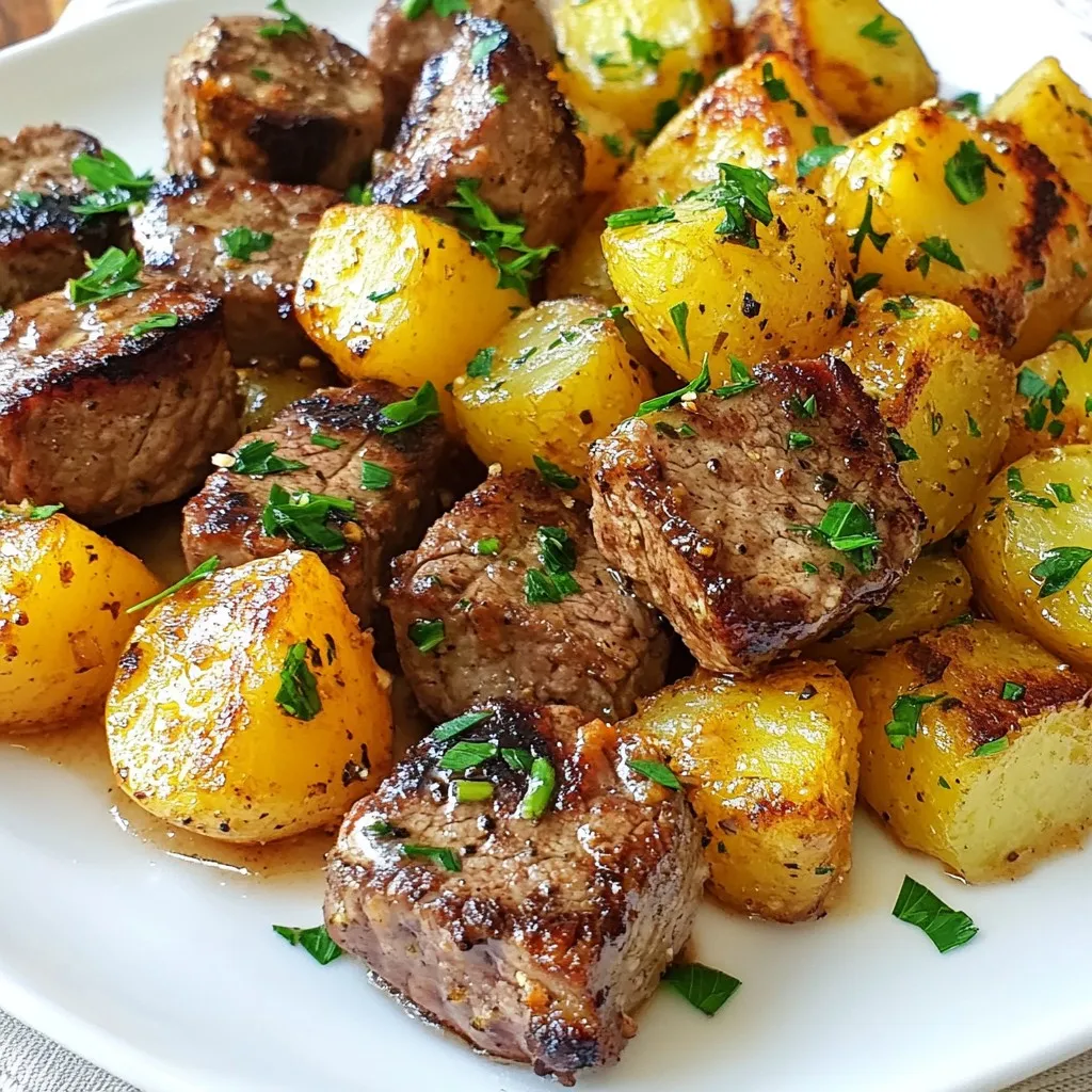 - 1 pound sirloin steak, cut into bite-sized cubes - 2 cups baby potatoes, halved - 4 tablespoons unsalted butter, divided Sirloin steak is a fantastic choice for this dish. It’s tender and holds flavor well. Cutting the steak into bite-sized cubes makes it easy to cook and eat. Baby potatoes add a nice texture and sweetness, making them the perfect side. Using unsalted butter gives you control over the salt in the dish, allowing the natural flavors to shine. - 4 cloves fresh garlic, minced - 1 teaspoon fresh rosemary, finely chopped - 1 teaspoon fresh thyme, finely chopped - Salt and black pepper, to taste Fresh garlic brings an incredible aroma and flavor to the steak bites. Rosemary and thyme add depth and earthiness, enhancing the overall taste. Seasoning with salt and black pepper is key. It brings out the savory notes in both the steak and potatoes. - 2 tablespoons olive oil - Fresh parsley, chopped, for garnish Olive oil helps to crisp the potatoes, giving them a nice golden color. Chopped parsley adds a fresh pop of color to your plate. It also brings a subtle flavor that brightens each bite. {{ingredient_image_2}} - Preheat your oven to 425°F (220°C). - In a bowl, mix halved baby potatoes with olive oil. - Season the potatoes with salt and black pepper. - Toss until they are well coated. - Spread the potatoes in a single layer on a baking sheet. - Roast for 25-30 minutes, flipping halfway through. - Heat a large skillet over medium-high heat. - Add 2 tablespoons of unsalted butter to the skillet. - Let the butter melt until it bubbles gently. - Season the steak cubes with salt and black pepper. - Carefully add the steak bites in a single layer. - Sear each side for 2-3 minutes until browned. - Transfer the cooked steak bites to a plate. - Lower the heat and add the remaining 2 tablespoons of unsalted butter. - Once melted, stir in minced garlic, chopped rosemary, and thyme. - Sauté for 1-2 minutes until the garlic is fragrant. - Return the seared steak bites to the skillet. - Toss gently in the garlic herb butter to coat. - Cook for an additional minute to meld the flavors. To get steak bites just right, cook them for about 2-3 minutes on each side. This timing helps them stay juicy and tender. Always season your steak before cooking. A mix of salt and black pepper works great. You can also add garlic powder for extra flavor. Spacing the potatoes on your baking sheet is key. Give them enough room to crisp up. If they touch, they will steam instead of roast. Flip the potatoes halfway through cooking. This step ensures they cook evenly and get that perfect golden brown color. Don’t be afraid to add your favorite spices or herbs. Paprika or Italian seasoning can give a nice twist. Fresh herbs like basil or oregano also work well. For dips, try a zesty garlic aioli or a creamy ranch. These sauces really enhance the dish and add a fun touch. Pro Tips Rest the Steak: Allow the seared steak bites to rest for a few minutes before serving. This helps the juices redistribute, resulting in a more tender bite. Use a Meat Thermometer: To achieve perfect doneness, use a meat thermometer. For medium-rare, aim for an internal temperature of 130-135°F (54-57°C). Customize the Herbs: Feel free to experiment with different herbs based on your preference. Fresh oregano or basil can add a unique flavor profile. Serve Immediately: For the best texture and flavor, serve the garlic butter steak bites immediately after cooking. This ensures they stay juicy and flavorful. {{image_4}} You can switch things up by using chicken instead of steak. Chicken thighs work well for this dish. Just cut them into bite-sized pieces and follow the same cooking steps. They will soak up the garlic butter flavor nicely. For a meat-free option, consider using mushrooms. Portobello or cremini mushrooms make a great replacement. Sauté them until they are tender and juicy. This will add a rich, earthy flavor to your meal. If you want a sweet twist, try using sweet potatoes. They add a hint of sweetness and a lovely color to your dish. Cut them into cubes and roast them just like baby potatoes. You can also prepare mashed or baked potatoes. For mashed potatoes, boil them until tender and mash with butter and garlic. For baked potatoes, simply poke holes, coat with olive oil, and bake until crispy. For a spicy kick, you can add some red pepper flakes to the garlic butter. This will give your steak bites a nice heat without overpowering the dish. When serving, think about different garnishes. You can use grated Parmesan cheese for extra flavor. A sprinkle of lemon zest can add a fresh twist too. These small changes can make your dish feel new and exciting! To store leftovers, let them cool down first. You want to prevent steam from building up in the container. Place the steak bites and potatoes in an airtight container. Store them in the fridge for up to three days. If you want to keep them longer, freezing is a great option. You can reheat steak bites in a skillet. Heat the skillet over medium heat. Add a bit of butter to keep them moist. Cook for about 3-4 minutes until they are warmed through. For potatoes, you can microwave them for 1-2 minutes. Check to make sure they stay crispy and warm. You can freeze both steak bites and potatoes. First, let them cool completely. Place them in freezer-safe bags, removing as much air as possible. They can last up to three months in the freezer. When ready to eat, thaw them overnight in the fridge. Reheat them in the skillet for the best texture. Cooking steak bites is quick! It takes about 10 minutes. Here's the breakdown: - Prep Time: 10 minutes for cutting and seasoning. - Cooking Time: 25-30 minutes for the potatoes, while the steak cooks in about 6-8 minutes. You can cook the steak bites while the potatoes roast. This way, everything is ready in about 40 minutes! Yes, you can make this dish ahead! Here are some best practices: - Potatoes: Roast them, let them cool, and store in the fridge. - Steak Bites: You can sear the steak and keep it in the fridge. Reheat the steak bites and potatoes together for a quick meal! Pair these steak bites with tasty sides! Here are some recommendations: - Salads: A fresh green salad adds crunch and freshness. - Vegetables: Steamed broccoli or asparagus complement the meal well. - Bread: Garlic bread or dinner rolls are great for soaking up the butter sauce. These sides enhance the flavors of the steak bites and potatoes! This blog covered how to make delicious Garlic Butter Steak Bites and crispy baby potatoes. From choosing the right ingredients to step-by-step cooking methods, I shared tips to enhance flavor and texture. Remember, you can swap proteins and change up potatoes for variety. Don’t forget to try the optional garnishes for extra flair. Enjoy creating this tasty dish and impress everyone at your table!