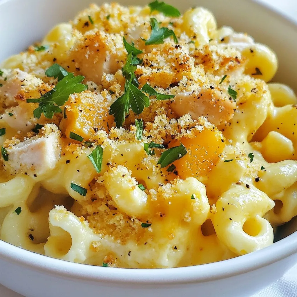 - 2 cups elbow macaroni - 1 pound chicken breast, diced into bite-sized pieces - 2 tablespoons honey - 1 teaspoon freshly ground black pepper - 1 teaspoon garlic powder - 1 teaspoon onion powder - 2 cups sharp cheddar cheese, shredded - 1 cup cream cheese, softened to room temperature - 1 cup whole milk - 1/2 cup plain breadcrumbs - 1 tablespoon olive oil - Fresh parsley, chopped (for garnish) In this recipe, the main ingredients shine through. Elbow macaroni creates a great base. Chicken breast adds protein and heartiness. Honey brings a sweet touch that pairs well with the spices. For seasonings, black pepper, garlic powder, and onion powder bring depth. They add warmth and flavor. Freshly ground black pepper gives a nice kick. Garlic and onion powders blend well into the dish. In the cheese and cream section, sharp cheddar cheese stands out. It melts beautifully and adds strong flavor. Cream cheese creates a rich, creamy texture. Whole milk helps to bring everything together smoothly. Finally, the topping ingredients finish the dish. Plain breadcrumbs add a nice crunch. Olive oil helps them brown nicely in the oven. Fresh parsley not only adds color but also fresh flavor. This combination makes the dish exciting and appealing. {{ingredient_image_2}} Start by boiling water in a large pot. Use 4-5 quarts of salted water. Bring it to a rolling boil. Once boiling, add 2 cups of elbow macaroni. Cook the pasta for about 7-9 minutes until it is al dente. After it cooks, drain the pasta in a colander. Set it aside in a large bowl to cool. In a mixing bowl, combine 1 pound of diced chicken with 2 tablespoons of honey. Add 1 teaspoon of freshly ground black pepper, 1 teaspoon of garlic powder, 1 teaspoon of onion powder, and 1 teaspoon of smoked paprika. Toss everything well. Make sure the chicken is fully coated with the marinade. Heat 1 tablespoon of olive oil in a large skillet over medium heat. Once hot, add the marinated chicken. Sauté for about 6-8 minutes. Cook until the chicken turns golden brown and is fully cooked. Stir occasionally to cook evenly. Remove the skillet from the heat and transfer the chicken to a plate to cool. In a medium saucepan, combine 1 cup of softened cream cheese and 1 cup of whole milk. Heat it over medium heat. Stir continuously until the mixture becomes smooth and creamy, about 3-4 minutes. Gradually add 2 cups of shredded sharp cheddar cheese. Keep stirring until the cheese melts. Taste the sauce and add salt if needed. In the bowl with the cooked macaroni, mix in the sautéed chicken and creamy cheese sauce. Stir gently to combine all ingredients. Ensure that each piece of pasta and chicken is evenly coated in the cheese sauce. Preheat your oven to 350°F (175°C) while you prepare the baking dish. Grease a 9x13 inch baking dish with a little olive oil or cooking spray. Carefully transfer the mac and cheese mixture into the prepared baking dish. Spread it out evenly. In a small bowl, mix 1/2 cup of plain breadcrumbs with a drizzle of olive oil. Make sure the breadcrumbs are well coated. Evenly sprinkle this mixture over the top of your mac and cheese. Place the baking dish in the preheated oven. Bake for 20-25 minutes. You want the top to be golden brown and the edges bubbling. After baking, let it cool for about 5 minutes before serving. Garnish with chopped parsley for extra color and flavor. - Choosing the right chicken part: I prefer chicken breast for this dish. It stays juicy and tender. You can also use thighs for extra flavor. Thighs have more fat, which adds moisture. - Tips for even cooking: Cut the chicken into small, even pieces. This helps them cook at the same rate. Always preheat your skillet. A hot skillet sears the chicken nicely. Don't overcrowd the pan. Cook in batches if needed. - Suggested cheese variations: Sharp cheddar is my go-to. It gives a strong flavor. You can mix in mozzarella for creaminess. Pepper jack adds a nice kick if you like spice. - Making a smooth sauce: Start with softened cream cheese and milk in a pan. Stir continuously over medium heat. This helps avoid lumps. Gradually add the cheddar, stirring until melted and creamy. - Presentation ideas: Serve directly from the baking dish for a homey feel. For a fancy touch, use individual ramekins. Top with a sprinkle of black pepper and a drizzle of honey. - Pairing suggestions with sides: This dish pairs well with a fresh green salad. Roasted vegetables add color and balance too. You could also serve it with garlic bread for a filling meal. Pro Tips Marinate for Flavor: Allow the chicken to marinate for at least 30 minutes before cooking to deepen the flavors from the honey and spices. Cheese Sauce Consistency: For a creamier sauce, ensure the cream cheese is at room temperature before mixing with milk to avoid lumps. Breadcrumb Topping: For extra crunch, consider using panko breadcrumbs instead of regular breadcrumbs for the topping. Make Ahead: This dish can be prepared in advance and stored in the refrigerator. Just bake it when you're ready to serve! {{image_4}} To spice up your Honey Pepper Chicken Mac and Cheese, add chili flakes or hot sauce. Start with a pinch of chili flakes while marinating the chicken. This will enhance the heat without overpowering the dish. If you love heat, drizzle some hot sauce into the cheese sauce. Just remember, you can always add more heat, but you can't take it out! Adding vegetables boosts the flavor and nutrition of your mac and cheese. You can mix in veggies like spinach, broccoli, or bell peppers. They add color and crunch. For best results, cook the veggies before mixing them in. If you use spinach, sauté it for a few minutes. For broccoli, steam it lightly until tender. This way, they blend perfectly with the creamy cheese sauce. Switching up the cheese can change the flavor profile. Try a blend of mozzarella and gouda for a creamy twist. You can also use pepper jack for a bit of spice. If you're looking for non-dairy options, there are great vegan cheese brands. Look for ones that melt well, like cashew or almond-based cheeses. These can provide a delicious creamy texture without dairy. After you enjoy your Honey Pepper Chicken Mac and Cheese, store the leftovers in the fridge. Use an airtight container to keep it fresh. This dish lasts about 3 to 5 days in the refrigerator. If you want to keep it longer, freezing is a better option. To freeze your mac and cheese, let it cool completely. Then, place it in a freezer-safe container or bag. Make sure to remove as much air as possible. This helps prevent freezer burn. Your dish can stay in the freezer for about 2 to 3 months. When you’re ready to eat it, thaw the mac and cheese in the fridge overnight. For reheating, place it in a baking dish. Cover it with foil and warm it in the oven at 350°F for about 20 minutes. This keeps it creamy and delicious. If it seems dry, add a splash of milk before reheating. Enjoy your tasty meal again! Yes, you can make this dish ahead. First, cook the pasta and chicken. Then, mix them with the cheese sauce. Place the mixture in a baking dish. Cover it tightly with foil. You can store it in the fridge for up to two days. When ready to bake, preheat your oven to 350°F. Bake for 25-30 minutes until hot and bubbly. If you need a substitute for cream cheese, try sour cream or Greek yogurt. Both options add creaminess. You could also use a non-dairy cream cheese for a vegan option. Just ensure it is softened before mixing. To make this dish gluten-free, swap the elbow macaroni for gluten-free pasta. Many brands offer great options. Check the label to ensure it meets your needs. You can use gluten-free breadcrumbs for the topping as well. Absolutely! You can use any pasta you like. Shells, penne, or rotini work well too. Just make sure to adjust the cooking time based on the pasta shape. This way, you can enjoy your Honey Pepper Chicken Mac and Cheese however you like! This recipe combines tasty ingredients like chicken, cheese, and macaroni. You learned step-by-step how to cook and bake a delicious dish. I shared tips for perfecting the chicken and enhancing the cheese sauce. Remember to try variations like spicy add-ins or veggie options. Keep any leftovers safe in the fridge or freezer. Enjoy making this meal for your family or friends. It will surely please everyone at the table!