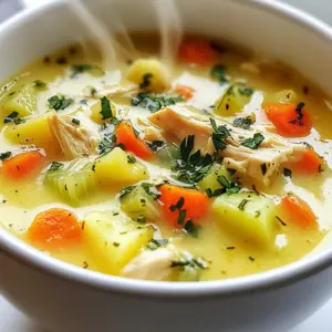 - 2 tablespoons olive oil - 1 medium onion, finely diced - 2 cloves garlic, minced - 2 carrots, peeled and diced - 2 celery stalks, diced - 3 medium potatoes, peeled and cut into 1-inch cubes - 1 pound boneless, skinless chicken breast, cut into bite-sized pieces - 4 cups chicken broth (preferably low-sodium) - 1 cup heavy cream - 1 teaspoon dried thyme - 1 teaspoon smoked paprika - Salt and freshly ground black pepper to taste - 2 tablespoons fresh parsley, chopped (for garnishing) When making Cozy Chicken Potato Soup, you need some key ingredients. First, olive oil helps to sauté the vegetables. You will also need a finely diced medium onion and minced garlic for flavor. Two peeled and diced carrots and two diced celery stalks add sweet crunch. Next, three medium potatoes, peeled and cut into cubes, provide heartiness. The soup needs one pound of boneless, skinless chicken breast cut into bite-sized pieces. Four cups of chicken broth make the base rich and warm, while one cup of heavy cream adds a creamy touch. Seasoning is important, so you’ll want dried thyme and smoked paprika for depth. Finally, salt and pepper will enhance all the flavors. Don't forget the fresh parsley! It adds a pop of color and freshness when you serve the soup. {{ingredient_image_2}} - Sauteing Onions and Garlic Start by heating 2 tablespoons of olive oil in a large pot over medium heat. Once the oil is hot, add 1 medium onion, finely diced. Cook it for about 5 minutes. Stir it often until it turns soft and clear. Then, mix in 2 cloves of minced garlic. Let it cook for 1-2 minutes. You want it to smell great but not burn. - Adding Carrots and Celery Next, toss in 2 diced carrots and 2 diced celery stalks. Stir them for about 5 minutes. This makes the veggies soft and adds flavor to the base of the soup. - Stirring in Chicken and Potatoes Now, add 3 medium potatoes, peeled and cut into 1-inch cubes. Also, add 1 pound of boneless, skinless chicken breast, cut into bite-sized pieces. Mix everything well so the chicken and potatoes are coated with the oil and veggies. - Pouring in Chicken Broth Pour in 4 cups of chicken broth. Bring this mix to a boil. Once it boils, lower the heat to let it simmer. Cook it for about 15-20 minutes. You want the potatoes to be soft and the chicken cooked through. - Simmering and Adding Cream After the soup has simmered, stir in 1 cup of heavy cream. Then, add 1 teaspoon of dried thyme and 1 teaspoon of smoked paprika. Mix it well. This gives the soup a rich taste. - Seasoning for Taste Finally, season it with salt and freshly ground black pepper according to your taste. Let the soup simmer for another 5 minutes. This allows all the flavors to blend together. It’s now time to enjoy your cozy chicken potato soup! - Ensuring Tender Chicken and Potatoes Start by cutting your chicken into small, bite-sized pieces. This helps it cook faster and stay juicy. When cooking the potatoes, cut them into even cubes. This ensures they cook at the same rate. Simmer the soup gently, as high heat can make the chicken tough and the potatoes mushy. - Avoiding Overcooking Vegetables Add your vegetables in stages. Start with onions and garlic, then add carrots and celery. This allows each to cook just right. Stir often, and watch for that tender crunch. You want the veggies soft but not mushy. - Recommended Herbs and Spices Use fresh thyme for bright flavor. Smoked paprika adds warmth and depth. Consider adding bay leaves while simmering for more aroma. If you want a kick, try adding a dash of black pepper. - Adjusting Creaminess and Thickness To make the soup creamier, stir in heavy cream slowly. If it's too thick, add more chicken broth. For a lighter version, use half-and-half or milk instead of cream. This keeps the flavor but cuts the richness. - Ideal Pairings (Bread, Herbs) Serve the soup with crusty bread for dipping. Fresh herbs, like parsley or chives, add a nice touch on top. You can also pair it with a simple salad for a complete meal. - Presentation Tips for a Cozy Meal Use warm bowls to serve the soup. This keeps it hot longer. A sprinkle of fresh parsley on top adds color. For extra flair, add a drizzle of olive oil or a dash of paprika before serving. Pro Tips Use Fresh Ingredients: Fresh vegetables and herbs will elevate the flavors of your soup, making it taste even more vibrant and delicious. Adjust Consistency: If you prefer a thicker soup, blend a portion of the soup and stir it back in. For a thinner consistency, simply add more broth. Flavor Enhancements: Experiment with adding a splash of lemon juice or a dash of hot sauce before serving for an extra layer of flavor. Storage Tips: This soup stores well in the fridge for up to 3 days. Reheat gently on the stove to maintain its creamy texture. {{image_4}} You can change the proteins in this soup. If you want a lighter meal, use turkey instead of chicken. For a vegetarian option, try tofu. Just cut the tofu into cubes and add it in with the other ingredients. Non-dairy cream options are also great. You can use coconut cream for a unique taste. Almond or oat milk can work too. Just pick one that fits your diet. Adding greens makes this soup even better. Spinach or kale can bring more nutrients. Just toss in a handful during the last few minutes of cooking. They will wilt nicely without losing their color. You can also add different veggies for extra flavor. Corn and peas are fun choices. They add sweetness and texture. Just stir them in when you add the chicken and potatoes. Want some heat? You can easily spice this soup up. Add chili powder or red pepper flakes. Start with a small amount and taste as you go. You can always add more if you like it spicier. Hot sauce is another easy way to add zing. A few dashes in your bowl can turn up the flavor. Adjust it to your taste for the perfect kick. To keep your cozy chicken potato soup fresh, store it in proper containers. Use airtight containers for the best results. The soup stays good in the fridge for about 3 to 4 days. When you want to reheat it, pour the soup into a pot. Warm it over medium heat until it simmers. Stir the soup to ensure even heating. If you want to save some for later, freezing works great! First, let the soup cool down completely. Then, pour it into freezer-safe containers. Leave some space at the top for expansion. The soup can last for about 2 to 3 months in the freezer. To thaw it, place the container in the fridge overnight. You can also use the microwave on a low setting. Reheat it on the stove until hot. You can make this soup ahead of time, which is perfect for busy days. Cook it fully and let it cool. Then, portion it into single servings. This way, you have quick meals ready to go. Just grab a portion and reheat. This soup is easy to enjoy any day of the week! Yes, you can use leftover chicken. Just shred or chop it into bite-sized pieces. Add it to the pot when you combine the broth and vegetables. This saves time and adds great flavor. To save money, use chicken thighs instead of breasts. Thighs are cheaper and add more flavor. You can also use frozen vegetables instead of fresh ones. They are often less costly and just as nutritious. Absolutely! Start by sautéing the onions and garlic in a pan. Then, add all the ingredients to the slow cooker. Cook on low for 6-8 hours or on high for 3-4 hours. It’s an easy way to let the flavors blend. Yes, you can skip the cream. Use milk or a non-dairy milk for a lighter soup. If you want it creamy, add a bit of mashed potato to thicken it naturally. If the soup is too thick, add more chicken broth or water. Stir it in slowly until it reaches your desired consistency. Taste as you go to keep the flavor balanced. Store leftovers in an airtight container. Keep them in the fridge for up to 3-4 days. For longer storage, freeze the soup in freezer-safe bags or containers. It can last up to three months in the freezer. This blog post guides you through making a cozy chicken potato soup. You learned about the essential ingredients and cooking steps, along with helpful tips for the best flavor. Variations let you customize the soup to fit your taste. Plus, we discussed storage for easy meal prep. Embrace your creativity in the kitchen. Enjoy this warm dish with friends and family. You’ll create lasting memories around the dinner table.
