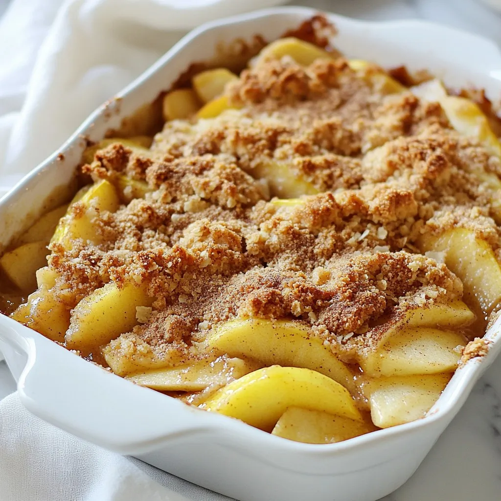- 4 large apples, peeled, cored, and sliced - 1 tablespoon fresh lemon juice - 1/2 cup packed brown sugar - 1 teaspoon ground cinnamon - 1/4 teaspoon ground nutmeg - 1 cup rolled oats - 1/2 cup all-purpose flour - 1/2 cup cold unsalted butter, cut into small cubes - 1/4 cup granulated sugar - A pinch of salt For a great baked apple crumble, I suggest using Granny Smith or Honeycrisp apples. Granny Smith apples add a tart flavor. Honeycrisp offers a perfect balance of sweet and tart. Both hold up well when baked. You can also try Fuji or Braeburn for a sweeter taste. You can easily swap ingredients if needed. Here are some ideas: - Apples: Use any firm apple, like Fuji or Gala. - Brown Sugar: Replace with coconut sugar or white sugar. - Rolled Oats: Quick oats work in a pinch. - Butter: Use coconut oil for a dairy-free option. - Flour: Almond flour or oat flour can work as gluten-free choices. These substitutions keep the dish delicious while catering to your needs. {{ingredient_image_2}} Start by preheating your oven to 350°F (175°C). This step is important for even baking. While the oven heats, grab a 9-inch square baking dish. Grease it with butter or a light spray of cooking oil. This prevents the crumble from sticking. Next, prepare the apples. Peel, core, and slice 4 large apples. I recommend using Granny Smith or Honeycrisp apples for a tart taste. In a large bowl, combine the apple slices with 1 tablespoon of fresh lemon juice. This helps keep the apples fresh. Then, add 1/2 cup of packed brown sugar, 1 teaspoon of ground cinnamon, and a pinch of nutmeg. Toss everything gently. Make sure each apple slice gets coated well. Spread this mixture evenly across the bottom of your prepared baking dish. Now, let's make the crumble topping. In a separate bowl, mix together 1 cup of rolled oats, 1/2 cup of all-purpose flour, and 1/4 cup of granulated sugar. Add a pinch of salt to enhance the flavor. This mixture will be the base of your crumble. To create the perfect crumble texture, incorporate 1/2 cup of cold, cubed unsalted butter. Use a pastry cutter, forks, or your fingers to mix the butter into the dry ingredients. Aim for coarse crumbs, with some larger pieces. This adds a nice crunch. Next, evenly distribute the crumble over the apple filling in the baking dish. Make sure it covers the apples completely. This helps them bake evenly. Now, place the dish in the preheated oven. Bake for 35-40 minutes. You want the apples to bubble and the topping to turn a rich golden brown. The aroma will fill your kitchen! Once baked, remove the dish from the oven. Let it cool for about 10 minutes. This allows the juices to set, making it easier to serve. Enjoy your delicious baked apple crumble! To get the best crumble, focus on your butter. Use cold butter straight from the fridge. Cut it into small cubes. When mixing, work the butter until it looks like coarse crumbs. You want some larger pieces too. This mix will bake into a crunchy topping. If it’s too fine, it can turn out hard. You can spice things up! Try adding more cinnamon or a pinch of cloves. For a nutty flavor, mix in chopped nuts like walnuts or pecans. Dried fruits, like raisins or cranberries, add sweetness. A splash of vanilla extract also lifts the taste. Experiment to find your favorite mix! One common mistake is not preheating the oven. Always start with a hot oven for even baking. Another mistake is not coating the apples well. Make sure each slice is covered in sugar and spice. This ensures the apples soften nicely. Lastly, don’t skip the cooling time; it helps the juices set. Pro Tips Choose the Right Apples: Opt for tart apples like Granny Smith or Honeycrisp for a perfect balance of sweetness and acidity in your crumble. Butter Temperature Matters: Ensure your butter is cold when mixing with the dry ingredients to achieve a crumbly texture instead of a dough-like consistency. Let it Cool: Allow the crumble to cool for at least 10 minutes after baking. This helps the juices set and makes for easier serving. Serving Suggestions: For an indulgent treat, serve your baked apple crumble warm with a scoop of vanilla ice cream or a dollop of whipped cream. {{image_4}} You can make this baked apple crumble gluten-free. Simply swap the all-purpose flour for a gluten-free blend. Many stores sell this mix. You can also use almond flour or oat flour. Ensure your oats are labeled gluten-free. These small changes keep the dish tasty for everyone. To make this crumble vegan, replace the butter with coconut oil or vegan butter. Both options work well and add a nice flavor. You can also swap honey or regular sugar with maple syrup or coconut sugar. This way, you keep it plant-based and delicious. Get creative with your filling! You can mix in other fruits like berries, pears, or peaches. They add color and taste. For a crunchy twist, add nuts like walnuts or pecans to the crumble topping. They give a nice bite and extra flavor. After you enjoy your baked apple crumble, let it cool. Cover the dish tightly with plastic wrap or aluminum foil. You can also transfer it to an airtight container. Store it in the fridge for up to three days. This keeps the flavors fresh and the texture nice. To reheat leftover apple crumble, preheat your oven to 350°F (175°C). Place the crumble in an oven-safe dish. Heat for about 15-20 minutes. You want it warm and bubbly again. If you prefer, you can use a microwave. Heat in 30-second intervals until warm. Enjoy it with a scoop of ice cream for a tasty treat! You can freeze baked apple crumble, too! Allow it to cool completely. Wrap the dish tightly in plastic wrap, then in aluminum foil. This keeps out air and prevents freezer burn. It can stay in the freezer for up to three months. When you want to enjoy it again, thaw it overnight in the fridge. Then, reheat in the oven as mentioned before. This way, you can have a warm dessert whenever you crave it! The best apples for a baked apple crumble are Granny Smith and Honeycrisp. These apples give a nice tart flavor that balances the sweetness of the crumble. They hold their shape well when baked, so your dessert stays nice and chunky. You can mix different types too for added flavor. Yes, you can. Prepare the crumble topping up to a day ahead. Just keep it in an airtight container in the fridge. This way, you save time when you're ready to bake. Just sprinkle it over the apples before baking. Absolutely! You can make a crumble without oats. You can replace oats with more flour or use crushed nuts for a different texture. This gives you a unique twist on the classic recipe while still keeping it delicious. Look for a golden brown topping and bubbling apples. The crumble should be firm to the touch. If you see bubbles around the edges, it means the apples are soft and done. The smell will also be heavenly! Yes, you can! Use small ramekins or oven-safe bowls. Just adjust the baking time. Check them after about 20-25 minutes. Individual servings make for a fun presentation and are perfect for parties. In this post, we explored how to make a delicious apple crumble. We discussed the key ingredients, from apple types to crumble topping. I provided step-by-step instructions for perfecting your dish. You'll find helpful tips, variations, and storage info too. When you follow these guidelines, you can enjoy a tasty dessert that fits your needs. Remember to experiment with flavors and ingredients for your special touch. Now, it’s time to bake and share your great creation!