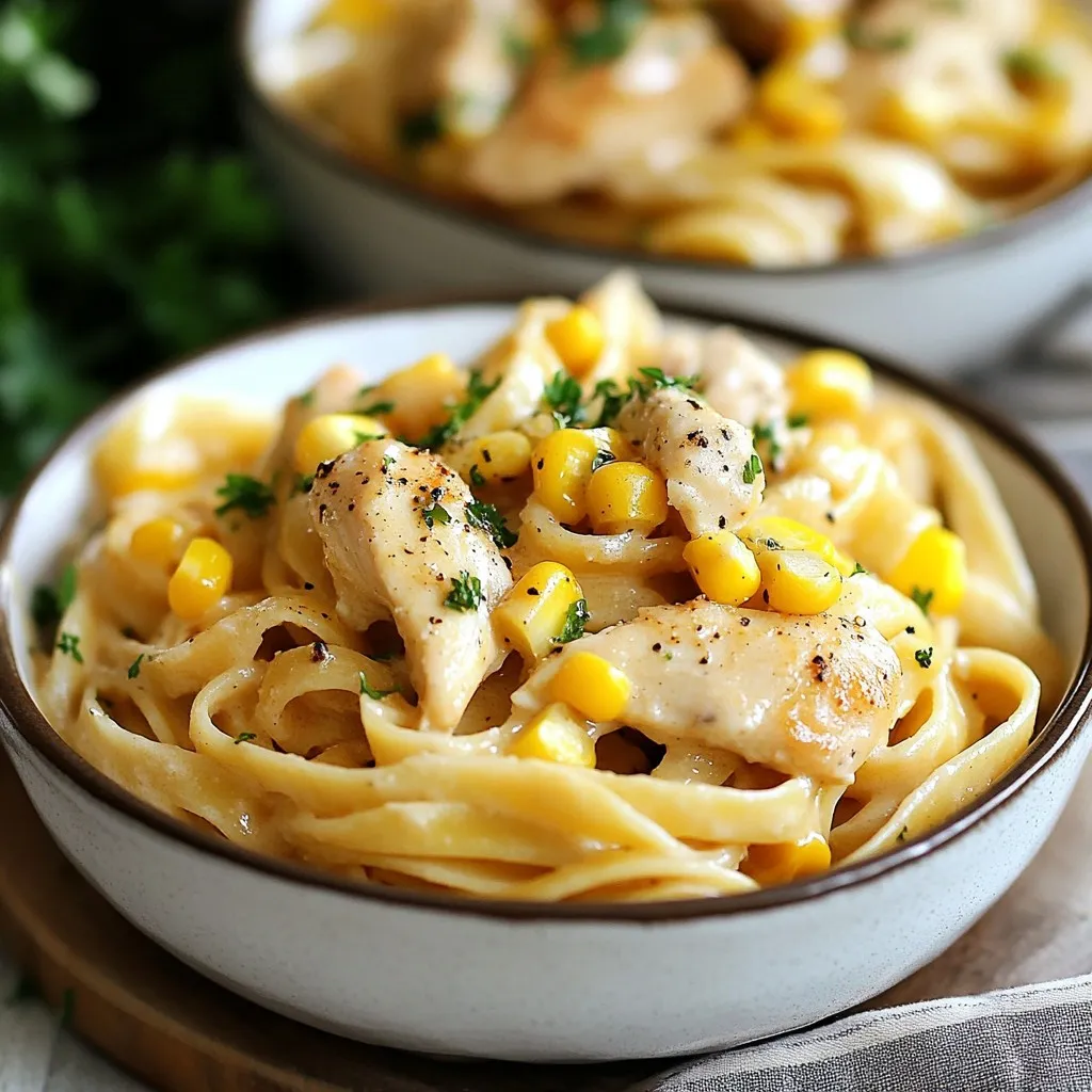 - Chicken and Pasta - 2 boneless, skinless chicken breasts, diced - 8 oz fettuccine pasta - Sauces and Spices - 1 cup unsalted butter (2 sticks) - 4 cloves garlic, minced - 1 tablespoon smoked paprika - 1 tablespoon onion powder - 1 teaspoon cayenne pepper - 1 cup heavy cream - Cheese and Vegetables - 1 cup freshly grated Parmesan cheese - 1 cup sweet corn (fresh or frozen) - 1/2 cup fresh parsley, chopped - Seasoning - Salt and freshly ground black pepper, to taste - Cooking Utensils and Equipment - Large pot for boiling pasta - Large skillet for cooking chicken and sauce - Knife and cutting board for chopping ingredients - Recommended Cookware - Colander for draining pasta - Measuring cups and spoons for precise ingredient use Gather these ingredients and tools to make your Cowboy Butter Chicken Pasta. Each item plays a key role in creating a rich, flavorful dish. The chicken adds protein, while the fettuccine serves as a perfect base. The butter and spices create a creamy sauce that ties everything together. Don't forget the cheese and corn for extra taste and texture! {{ingredient_image_2}} Boiling Water and Cooking Time First, fill a large pot with water and add salt. Bring the water to a boil. Once the water is boiling, add the 8 oz of fettuccine pasta. Cook the pasta according to the package instructions until it is al dente. This usually takes about 8 to 10 minutes. Reserve Pasta Water Tips After cooking, drain the pasta. Be sure to save about 1/2 cup of the pasta water. This starchy water helps thicken the sauce later. Cooking the Chicken In a large skillet, melt 1 cup of unsalted butter over medium-high heat. Once the butter is bubbling, add 4 cloves of minced garlic. Sauté the garlic for about 1 minute until it smells great. Now, add the diced chicken breasts. Season with 1 tablespoon of smoked paprika, 1 tablespoon of onion powder, and 1 teaspoon of cayenne pepper. Cook the chicken for 7 to 10 minutes, stirring often. It should be golden brown and fully cooked. Creating the Butter Sauce Lower the heat to medium-low. Pour in 1 cup of heavy cream and mix well. Gradually add 1 cup of grated Parmesan cheese. Stir until the cheese melts and the sauce is smooth. Mixing Pasta and Sauce Add the cooked fettuccine and sweet corn to the skillet. Use the reserved pasta water to adjust the sauce's thickness. Mix everything well to coat the pasta in the creamy sauce. Final Touches Remove the skillet from the heat. Gently stir in 1/2 cup of chopped fresh parsley. Taste your dish and add more salt and pepper if needed. Serve the pasta hot, garnished with extra parsley and Parmesan for a tasty finish. Ensuring Perfectly Cooked Chicken To cook chicken well, use small, even pieces. This helps them cook evenly. Cook the chicken until it is golden brown and no longer pink inside. Use a meat thermometer if needed. The safe internal temp is 165°F. Achieving a Creamy Sauce For a creamy sauce, lower the heat after adding the heavy cream. Stir gently to mix well. Add the Parmesan cheese slowly. This helps it melt smoothly. If the sauce is too thick, add a bit of reserved pasta water. Spice Adjustments If you like mild flavors, cut back on the cayenne pepper. You can also use sweet paprika for a different taste. Taste as you cook to find the right balance. Ingredient Substitutions You can swap chicken for shrimp or tofu for a new twist. Use any pasta you have on hand. Whole wheat or gluten-free pasta works great too. For veggies, add bell peppers or spinach for extra color and nutrients. Serving Suggestions Serve pasta in shallow bowls for a nice touch. This makes it look fancy. Pair with crusty bread to soak up the sauce. Garnishing Tips Garnish with extra parsley on top. A sprinkle of grated Parmesan adds flavor and visual appeal. You can also add a touch of red pepper flakes for a pop of color. Pro Tips Butter Quality Matters: Use high-quality unsalted butter for the best flavor and creaminess in your sauce. Adjust Spice Levels: Feel free to modify the amount of cayenne pepper to suit your taste preferences. Perfect Pasta: Make sure to cook the fettuccine al dente, as it will continue to cook slightly when mixed with the sauce. Fresh Herbs Finish: Add the parsley at the end to retain its vibrant color and fresh flavor. {{image_4}} Substituting Chicken You can swap chicken with shrimp or turkey. Shrimp cooks fast and adds a nice flavor. Turkey offers a leaner option but stays juicy when cooked right. You can use the same spices for these proteins. Vegetarian Options For a vegetarian twist, try using firm tofu or tempeh. Both add great texture. Cook them until golden, just like chicken. You can also use mushrooms for a meaty feel. Using Different Types of Pasta Fettuccine is great, but you can use other pasta shapes. Penne or farfalle work well too. Choose your favorite or what you have on hand. The sauce clings nicely to all shapes. Gluten-free Variants If you need gluten-free pasta, try rice or quinoa pasta. They cook well and taste good. Just follow the package instructions for the best results. Dairy-Free Versions To make this dish dairy-free, use coconut cream instead of heavy cream. Nutritional yeast can replace cheese for a cheesy taste. This keeps the dish creamy and rich. Adding Extra Veggies You can boost nutrition by adding more veggies. Spinach, bell peppers, or zucchini work well. Toss them in while cooking the chicken to keep them tender. This adds color and flavor to your dish. To keep Cowboy Butter Chicken Pasta fresh, store it properly. Place the pasta in an airtight container. This helps prevent it from drying out. You can store it in the fridge for up to three days. Make sure to cool it first before sealing the container. This will keep flavors intact. Want to save leftovers? Freezing is a great option! Let the pasta cool completely. Then, place it in a freezer-safe container. You can freeze it for up to three months. Make sure to label it with the date. This helps you track how long it has been stored. When freezing, consider portion sizes. This makes it easier to thaw only what you need. Also, use plastic wrap to cover the pasta before sealing. This extra layer helps prevent freezer burn. To reheat, thaw the pasta in the fridge overnight. For quick reheating, use the microwave. Add a splash of cream or water to keep it moist. Heat in short bursts, stirring often. This ensures even heating. Want to enjoy Cowboy Butter Chicken Pasta later? You can make it ahead! Cook the chicken and sauce and store separately from the pasta. This keeps everything fresh and tasty. You can prepare the sauce and chicken a day before. Store it in the fridge. The next day, just cook the pasta and mix everything. It saves time and effort on busy nights. When batch cooking, consider doubling the recipe. You can divide it into meal-sized portions. Use clear labels to identify each meal. This way, you have quick dinners ready to go. Cowboy Butter Chicken Pasta is a creamy, flavorful dish. It features chicken, fettuccine, and a rich butter sauce. I blend garlic, smoked paprika, and Parmesan cheese with heavy cream. This dish combines classic comfort and a cowboy twist. It’s simple to prepare and a crowd-pleaser. Yes, you can make this recipe ahead of time. To meal prep, cook the pasta and chicken separately. Store them in airtight containers. Keep the sauce in another container. When ready to eat, reheat everything on the stove. Add a splash of pasta water to help the sauce blend smoothly. To make Cowboy Butter Chicken Pasta less spicy, reduce the cayenne pepper. You can start with a pinch and taste as you go. Adding more cream can also tone down the heat. If you want, you can use sweet smoked paprika instead of regular. This change keeps the flavor without the spice. This dish pairs well with many sides. A simple green salad adds freshness. Garlic bread is perfect for soaking up the sauce. You can serve steamed vegetables, like broccoli or green beans, for extra nutrition. For a hearty meal, add roasted potatoes on the side. You learned how to make Cowboy Butter Chicken Pasta, a tasty mix of chicken and pasta. We covered the right ingredients, tools, and step-by-step tips to cook it well. You can also try variations and store leftovers safely. Cooking is fun, and this dish is a great start. Remember, don't fear making adjustments to suit your taste. Enjoy your meal, and share it with friends and family!