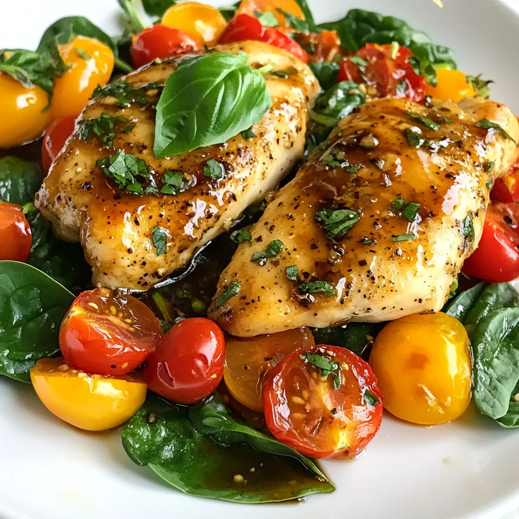 To make One Pan Balsamic Chicken, you need these items: - 4 boneless, skinless chicken breasts - 1/2 cup balsamic vinegar - 1/4 cup honey - 2 tablespoons olive oil - 3 garlic cloves, minced - 1 teaspoon dried Italian herbs - Salt and freshly ground black pepper to taste - 1 cup cherry tomatoes, halved - 2 cups fresh spinach - Fresh basil leaves for garnishing You can swap some ingredients if needed. Use apple cider vinegar instead of balsamic for a different taste. Maple syrup can replace honey for a vegan option. If you don’t have fresh garlic, use 1/2 teaspoon of garlic powder. You can also use any fresh greens instead of spinach, like kale or arugula. When picking chicken, look for bright pink meat with no dark spots. The skin should look smooth and shiny. For tomatoes, choose ones that feel firm and have a sweet aroma. Fresh spinach should be vibrant green and crisp, not wilted. Always check the expiration dates on any packaged items too. {{ingredient_image_2}} First, set your oven to 400°F (200°C). This helps the chicken cook evenly. In a bowl, mix together: - 1/2 cup balsamic vinegar - 1/4 cup honey - 2 tablespoons olive oil - 3 minced garlic cloves - 1 teaspoon dried Italian herbs - Salt and pepper to taste Whisk these ingredients well. This marinade gives the chicken great flavor. Next, take a large baking dish or oven-safe skillet. Place the chicken breasts inside. Pour the marinade over them. Make sure each piece is well coated. Then, add: - 1 cup halved cherry tomatoes Spread these around the chicken. Their juices will mix with the marinade as they cook. Now, put the dish in the oven. Bake for 20 minutes. This lets the chicken soak up the flavors. After 20 minutes, take it out. Add: - 2 cups fresh spinach Place the spinach around the chicken. This will wilt nicely. Drizzle some pan juices over the chicken. Now put the dish back in the oven for another 10-15 minutes. Check that the chicken reaches 165°F (75°C). When done, let it rest for a few minutes. This helps keep the chicken juicy. Before serving, add some fresh basil leaves on top for a lovely finish. To get the best flavor from your balsamic chicken, follow these steps: - Marinate the chicken: Let the chicken sit in the marinade for at least 30 minutes. This adds deep flavor. - Use fresh herbs: Fresh basil enhances the taste. Add it just before serving. - Balance the sweet and sour: The honey and balsamic vinegar need to balance. Adjust to your taste. These tips help you create a dish that bursts with flavor. Juicy chicken makes your meal enjoyable. Here’s how to keep it moist: - Don’t overcook: Bake the chicken until it reaches 165°F. Use a meat thermometer for accuracy. - Rest the chicken: Let it sit for a few minutes after baking. This allows the juices to settle. - Baste during baking: Spoon the pan juices over the chicken halfway through cooking. This keeps it moist. These tricks ensure every bite is tender and juicy. Sometimes things don’t go as planned. Here are solutions: - Chicken is dry: You may have cooked it too long. Use a thermometer next time. - Flavor is weak: Ensure you marinate well. Adding more salt can also help. - Vegetables are soggy: Don’t overbake them. Add them later in the cooking process. These tips help you avoid common mistakes and enjoy a great meal. Pro Tips Marinade Time: For even more flavor, let the chicken marinate in the balsamic mixture for 30 minutes to 2 hours before baking. This will enhance the taste and tenderness. Fresh Ingredients: Using fresh garlic and herbs instead of dried can elevate the dish's flavor profile significantly. Fresh basil especially adds a fragrant note. Cooking Thermometer: Use a meat thermometer to check the chicken's internal temperature. It should reach 165°F (75°C) to ensure it's cooked through and safe to eat. Leftover Possibilities: This dish makes for great leftovers! Use the leftover chicken and veggies in salads or sandwiches for a quick meal. {{image_4}} You can change this dish by adding different veggies. Try bell peppers for crunch. Zucchini slices add a lovely texture. Carrots bring a touch of sweetness. Fresh herbs like rosemary or parsley can boost flavor too. Just chop them and toss them in with the chicken. Each choice adds a new twist to the dish. If you want a smoky taste, try grilling the chicken. Marinate the chicken as usual. Preheat the grill to medium heat. Grill each breast for about 6-7 minutes on each side. You can also sauté the chicken in a skillet. Use olive oil over medium heat. Cook for about 5-6 minutes on each side until golden brown. Both methods give you juicy chicken with a crispy outside. To spice things up, add red pepper flakes or hot sauce to the marinade. This gives the dish a nice kick. For a fresh twist, try adding orange or lemon juice. Replace part of the balsamic vinegar with citrus juice. You can also add zest from these fruits for extra flavor. These small changes can make a big difference in taste. To keep your One Pan Balsamic Chicken fresh, store it in an airtight container. Make sure it’s cool before sealing. This helps lock in flavor and moisture. Place the container in the fridge. Your leftovers will last for about 3 to 4 days. If you have extra sauce, store it separately for better taste. When ready to enjoy your leftovers, reheating is key. Heat the chicken in the oven at 350°F (175°C) for about 15 minutes. This keeps the chicken juicy. You can also microwave it for 1-2 minutes. Add a splash of water or broth to keep it moist. Cover it with a damp paper towel in the microwave to prevent drying out. Freezing is a smart way to save this dish for later. Place cooled chicken and sauce in a freezer-safe container. It will freeze well for up to 3 months. When you are ready to eat, thaw it overnight in the fridge. Reheat it gently in the oven or microwave. This way, you can enjoy this tasty meal anytime! Bake chicken breasts at 400°F for about 20 minutes. After this, add spinach and bake for 10-15 more minutes. This helps the chicken become juicy and tender. Always check the inside temperature. It should reach 165°F to ensure it's safe to eat. Yes, you can use bone-in chicken breasts. They will take longer to cook. I suggest baking them for about 30-35 minutes before adding spinach. This extra time helps the meat stay moist and flavorful. Balsamic chicken pairs well with many sides. Here are a few ideas: - Rice or quinoa for a filling base - Roasted vegetables for extra color and flavor - A fresh green salad for a light touch - Garlic bread for a cozy addition These sides will enhance your meal and make it more balanced. Enjoy! This post covers everything you need for balsamic chicken. We looked at key ingredients, cooking steps, and how to store leftovers. Sharing tips for flavor and texture is vital. I hope you feel confident trying variations like grilling or adding herbs. Remember, using fresh ingredients makes a big difference. Enjoy your meal, and don’t forget to pair it with great sides. With these tips, you can cook perfect balsamic chicken every time. Happy cooking!