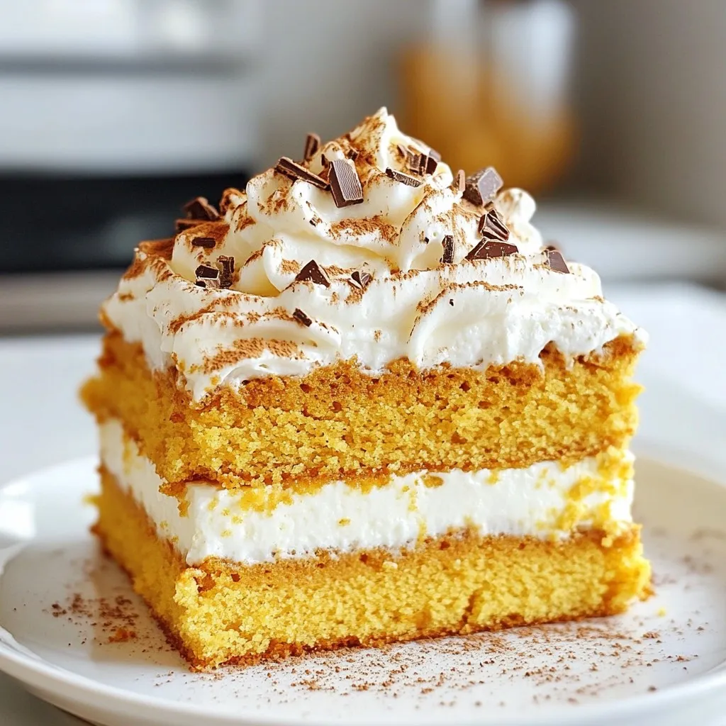 To make your Pumpkin Spice Latte Cake, gather these tasty ingredients: - 2 cups all-purpose flour - 1 ½ teaspoons baking powder - 1 teaspoon baking soda - 1 teaspoon ground cinnamon - ½ teaspoon ground nutmeg - ½ teaspoon ground ginger - ¼ teaspoon ground cloves - ½ teaspoon salt - 1 cup pumpkin puree - 1 cup granulated sugar - ½ cup packed brown sugar - ½ cup vegetable oil - 3 large eggs - ¼ cup strong brewed coffee - 1 teaspoon vanilla extract - Optional Toppings: Whipped cream, pumpkin spice, chocolate shavings Each ingredient plays a key role. The flour gives structure, while the sugars add sweetness. Pumpkin puree adds moisture and flavor. The spices bring that warm fall taste, making every bite a delight. Coffee enhances the cake's taste, creating a wonderful blend of flavors. Make sure to measure ingredients accurately for the best results. Using fresh spices will give your cake a more vibrant flavor. Enjoy this process, as cooking should be fun. Now, let’s get ready to bake! {{ingredient_image_2}} - Preheat the oven to 350°F (175°C). - Grease and flour two 9-inch round cake pans. Start by getting your oven ready. This step is key to a perfect cake. Greasing and flouring the pans helps the cake come out easily. - Whisk dry ingredients together. - Combine wet ingredients separately. In a large bowl, whisk together the dry ingredients. This includes the flour, baking powder, baking soda, cinnamon, nutmeg, ginger, cloves, and salt. Mix well so the flavors blend. In another bowl, mix the wet ingredients. This means pumpkin puree, granulated sugar, brown sugar, vegetable oil, and eggs. Whisk it until smooth and creamy. - Incorporate wet and dry mixtures. - Divide batter and bake. Now, combine both mixtures. Gradually add the dry mix into the wet mix. Stir gently until just combined. A few lumps are okay. Then, divide the batter evenly between the cake pans. Smooth the tops with a spatula. Place the pans in the oven. Bake for 25 to 30 minutes. Check with a toothpick. It should come out clean when the cakes are ready. - Cool cakes and prepare frosting. - Frost and decorate the cake. Once baked, let the cakes cool in the pans for about 15 minutes. Then, move them to a wire rack to cool completely. While they cool, prepare your favorite frosting. Cream cheese frosting works great! Frost the top of one cake layer. Carefully place the second layer on top. Frost the top and sides as you like. For extra flair, add whipped cream, a sprinkle of pumpkin spice, or chocolate shavings. This makes your cake even more festive! - Always preheat your oven fully. This helps the cake rise nicely. - Mix the batter gently. Overmixing can lead to a dense cake. Baking at the right temperature is key. An oven that isn’t hot enough can change the cake's texture. I always double-check my oven settings before baking. If you want a soft and fluffy cake, avoid overmixing. Just combine the wet and dry ingredients until they are mixed. A few lumps are okay! - Cream cheese frosting pairs well with this cake. - To get a smooth finish, use a warm spatula. I love cream cheese frosting on this pumpkin spice latte cake. It adds a nice tang to the sweet cake. For a smooth finish, dip your spatula in warm water before spreading. This simple trick makes the frosting glide on easily and look great. - Serve the cake on a pretty platter. - Add seasonal decorations like cinnamon sticks or small pumpkins. To make your cake stand out, use a fun platter. I like to add a cinnamon stick beside the cake. You can also use small pumpkins or leaves for a fall vibe. These small touches make your cake look special and inviting. Pro Tips Use Fresh Spices: For the best flavor, use freshly ground spices instead of pre-ground ones. This will elevate the taste of your cake significantly. Check Doneness: Always check for doneness a few minutes before the timer goes off. Ovens can vary, so a toothpick inserted should come out clean or with a few crumbs. Room Temperature Ingredients: Ensure your eggs and pumpkin puree are at room temperature. This helps to create a smoother batter and a more evenly baked cake. Layering Tips: When frosting, let the first layer set in the fridge for a bit to prevent crumbs from mixing into the frosting. This will create a cleaner finish. {{image_4}} You can easily swap out some ingredients in this cake. If you don't have pumpkin puree, use applesauce or mashed banana instead. These alternatives add moisture and sweetness. For those needing gluten-free options, try using almond flour or a gluten-free all-purpose flour blend. Both work well and keep the cake light and fluffy. Want a twist on the classic? Consider adding chopped nuts like walnuts or pecans to the batter. They add a nice crunch and flavor. You can also mix in chocolate chips for extra sweetness. Experiment with different spice blends too. Instead of standard spices, try cardamom or allspice for a unique taste. You can even adjust the amount of cinnamon for a stronger kick. This cake isn't just for fall. For winter, add peppermint extract for a festive touch. For spring, try mixing in some lemon zest. It brings a fresh flavor that brightens the cake. You can also switch up the toppings. Instead of whipped cream, use a cream cheese frosting for a richer taste. Or, top it with caramel sauce for a sweet finish that will impress your guests. To keep your pumpkin spice latte cake fresh, use an airtight container. This helps prevent drying out. Store the cake in the fridge for up to five days. If you slice the cake, make sure to cover the cut edges well. This will keep the flavors in and the cake moist. To freeze your cake, wrap it tightly in plastic wrap. Then, place it in a freezer-safe bag or container. This helps prevent freezer burn. You can freeze the cake for up to three months. When ready to enjoy, take it out and thaw it in the fridge overnight. If you want to speed up thawing, leave it at room temperature for a couple of hours. To keep the taste and texture, eat it within a few days after thawing. To make this cake dairy-free, swap the eggs for a vegan egg substitute. You can use flax eggs or applesauce. For the vegetable oil, make sure it is dairy-free. You can also choose a dairy-free frosting. Coconut cream works great for a rich topping. If you don’t like coffee, you can use brewed tea instead. Strong black tea or chai can add nice flavor. You can also use a mix of warm water and a bit of vanilla for a sweeter taste. This keeps the cake moist and flavorful. Yes, you can make this cake as cupcakes. Fill the cupcake liners about two-thirds full with batter. Bake for 18 to 20 minutes. Check for doneness with a toothpick. Frost once they cool down. This makes for easy serving and fun portions. This blog post detailed a delicious pumpkin cake recipe with clear steps and helpful tips. You learned about key ingredients, how to prepare and bake the cake, and frosting options to enhance its flavor. Don't forget about the variations and storage tips to make the most of your cake. Embrace your creativity and customize this dessert for any occasion. Enjoy the baking process and savor the results with friends and family! This cake is sure to impress.