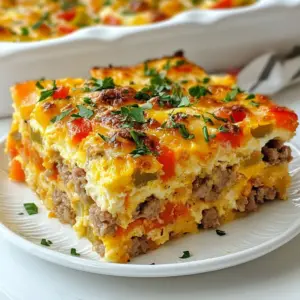 - 6 large eggs - 2 cups whole milk - 1 cup diced cooked potatoes - 1 cup cooked breakfast sausage - 1 cup diced mixed bell peppers - 1 cup diced onion - 1 teaspoon sea salt - 1/2 teaspoon black pepper - 1 cup shredded sharp cheddar cheese - 1/2 cup shredded mozzarella cheese - 1/4 cup chopped fresh parsley Gathering the right ingredients is key for a great Loaded Breakfast Casserole. Start with the main ingredients. You need six large eggs. These create a fluffy base. Two cups of whole milk add creaminess. One cup of diced cooked potatoes gives it substance. I love using breakfast sausage for flavor. Crumble it into bite-sized pieces for even cooking. Next, add vegetables and seasonings. Colorful bell peppers make the dish bright. I use a mix of red, green, and yellow for fun. One cup of diced onions adds sweetness. Don't forget the seasonings! A teaspoon of sea salt and half a teaspoon of black pepper bring everything together. Finally, cheese makes this casserole delicious. I use one cup of shredded sharp cheddar cheese for a bold taste. Half a cup of mozzarella cheese adds great melting quality. To finish, sprinkle a quarter cup of chopped fresh parsley on top. This adds a pop of color and freshness. Enjoy your cooking! {{ingredient_image_2}} First, set your oven to 375°F (190°C). While it heats, grab a 9x13 inch baking dish. Lightly grease it with cooking spray or butter. This step stops the casserole from sticking and makes serving easy. In a large mixing bowl, crack six large eggs. Pour in two cups of whole milk. Use a whisk to beat them together until smooth and frothy. Add one teaspoon of sea salt and half a teaspoon of black pepper. Whisk until everything is well mixed. Now, it's time to add in the fun stuff! Stir in one cup of diced cooked potatoes, one cup of crumbled breakfast sausage, one cup of diced bell peppers, and one cup of diced onion. Use a spatula to gently mix. Make sure each ingredient spreads well through the egg mixture. Carefully pour your mixture into the greased baking dish. Spread it evenly with your spatula. Then, sprinkle one cup of shredded sharp cheddar cheese and half a cup of shredded mozzarella cheese on top. This will make a delicious cheesy crust. Place the dish in the oven and bake for 35-40 minutes. The casserole is ready when the eggs are firm and the cheese is bubbly and golden. When it's done, take the casserole out of the oven. Let it cool for about five minutes. This cooling time helps it set and makes slicing easier. For a great look, garnish each serving with chopped fresh parsley. Enjoy your loaded breakfast casserole! To get the best texture in your loaded breakfast casserole, ingredient distribution is key. When mixing the eggs, milk, and other ingredients, ensure every bite has a good mix. Stir gently but thoroughly. This way, the potatoes, sausage, and veggies spread evenly. This helps the casserole cook well and gives you a balanced taste in every slice. For a perfect cheesy crust, layer the cheese properly. Use sharp cheddar and mozzarella for the best melt. Sprinkle the cheese evenly on top before baking. This way, it melts and browns nicely. Keep an eye on the oven. When the cheese is bubbly and golden, it’s ready to come out. This will give your casserole a beautiful, inviting look. You can save time by using frozen ingredients. Frozen diced potatoes and veggies work great. They cut prep time down a lot. You can also prep the casserole the night before. Just mix everything and let it sit in the fridge. In the morning, pop it in the oven. This makes breakfast easy and quick, letting you enjoy a warm meal without the morning rush. Pro Tips Use Fresh Ingredients: For the best flavor, use fresh vegetables and high-quality sausage. This enhances the overall taste of the casserole. Customize Your Veggies: Feel free to add or substitute your favorite vegetables such as spinach or mushrooms to tailor the casserole to your taste. Make Ahead: Prepare the casserole the night before and refrigerate it. Bake it in the morning for an easy, hassle-free breakfast. Serving Suggestions: Pair with fresh fruit or a light salad to balance the richness of the casserole and add a refreshing element to your meal. {{image_4}} You can make this casserole vegetarian by swapping out the sausage. Use plant-based proteins like crumbled tempeh or tofu. These options add protein and a nice texture. You can also use black beans or chickpeas for a different twist. Just ensure you season them well to enhance the flavor. Adding spinach or kale can also bring fresh greens into the dish. Cheese makes this casserole creamy and rich. You can switch the sharp cheddar and mozzarella for other types. Try gouda or pepper jack for a smoky and spicy kick. Feta cheese can add a tangy flavor that works well with the veggies. Mixing different cheeses gives a fun twist to every bite. To boost the flavor, add herbs and spices. Fresh herbs like basil, thyme, or chives work great. You can sprinkle in some paprika for warmth or add garlic powder for depth. A pinch of red pepper flakes can give it some heat. Experimenting with these additions can create a new favorite in your breakfast lineup. To store leftovers properly, let the casserole cool first. Once cooled, cut it into squares. Place the squares in an airtight container. Make sure to seal it tightly. Store it in the fridge. The casserole stays fresh for up to three days. You can also cover it with plastic wrap. Freezing is a great way to save extra portions. First, let the casserole cool completely. Cut it into squares, like for the fridge. Wrap each square in plastic wrap. Then, place them in a freezer-safe bag or container. Remove as much air as possible. This helps prevent freezer burn. You can freeze it for up to three months. To reheat, thaw it in the fridge overnight. Then, bake it in the oven until hot. In the fridge, the loaded breakfast casserole lasts about three days. If frozen, it can last up to three months. Always check for any off smells or changes in texture before eating. If it looks or smells strange, it's best to throw it away. Yes, you can prepare this casserole ahead of time. To do this, mix all the ingredients and pour them into the baking dish. Cover it tightly with plastic wrap or foil. You can store it in the fridge for up to 24 hours before baking. This saves you time in the morning. Just remember to remove it from the fridge and let it sit at room temperature for about 30 minutes before baking. This helps it cook evenly. If you need an egg substitute, you have options. You can use 1/4 cup of unsweetened applesauce for each egg. Another option is a flaxseed meal. Mix 1 tablespoon of flaxseed meal with 2.5 tablespoons of water for each egg. Let it sit for about 5 minutes to thicken. These substitutes work well in casseroles and keep the texture nice. Reheating leftovers is easy. You can use the oven or microwave. For the oven, set it to 350°F (175°C). Place the casserole in a baking dish and cover it with foil. Heat for about 15-20 minutes or until warm. In the microwave, cut a portion and put it on a plate. Heat for 1-2 minutes, checking if it's warm enough. Avoid overheating to keep it moist. Yes, you can make this casserole gluten-free. Use gluten-free breakfast sausage and check that the cheese is gluten-free as well. Most cheeses are naturally gluten-free, but it's good to double-check the labels. If you use potatoes, make sure they are fresh or frozen without added ingredients. Always read ingredient labels to ensure safety for gluten-free diets. This blog post covered how to make a delicious breakfast casserole. We went through the key ingredients, including eggs, sausage, and vegetables. I shared step-by-step instructions to help you bake it perfectly. You learned tips for a great texture and ways to save time. We even discussed variations and storage tips for leftovers. I hope you feel ready to create your own tasty casserole. Enjoy the cooking and share your results!