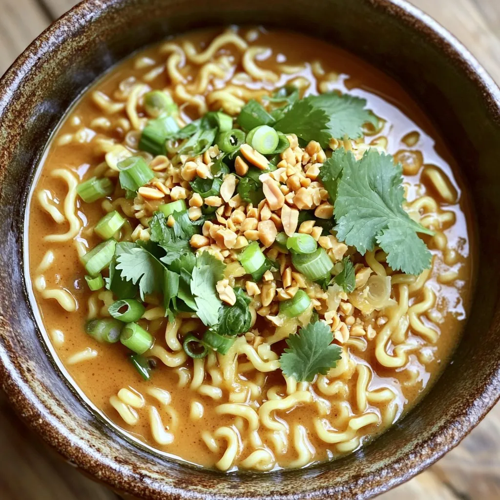 - 2 packs instant ramen noodles (discard the seasoning packets) - 1/4 cup creamy peanut butter - 2 tablespoons soy sauce - 1 tablespoon sriracha (adjust to taste for your preferred spice level) - 1 tablespoon sesame oil - 1 tablespoon honey or maple syrup - 2 green onions, finely chopped - 1 clove garlic, minced - 1/4 cup water (plus more as needed for consistency) These main ingredients bring the bold and spicy flavor to your ramen. The creamy peanut butter adds richness. The soy sauce gives it a savory depth. Sriracha gives it that kick you crave. Honey or maple syrup adds a hint of sweetness. - A handful of fresh cilantro, chopped - Crushed peanuts Garnishes boost the flavor and look of your dish. Fresh cilantro adds color and freshness. Crushed peanuts bring crunch and more peanut taste. - 1/4 cup = 4 tablespoons - 1 tablespoon = 3 teaspoons - 1 clove garlic = about 1 teaspoon minced These conversions help if you are using different measuring tools. They ensure you get the right amounts for a tasty dish. Start by boiling water in a medium saucepan. Make sure you have enough water to cover the noodles. Once the water is boiling, add the ramen noodles. Cook them for about 3 to 4 minutes. You want them tender but not mushy. After they are done, drain the noodles in a colander. Set them aside for later. Grab a mixing bowl to make your sauce. Add 1/4 cup of creamy peanut butter to the bowl. Next, pour in 2 tablespoons of soy sauce. Then, add 1 tablespoon of sriracha. Adjust this spice to your liking. Now, add 1 tablespoon of sesame oil. This gives the sauce a nice nutty flavor. Add 1 tablespoon of honey or maple syrup for sweetness. Now, mix in 1 minced garlic clove and 1/4 cup of water. Whisk all the ingredients together until smooth. If the sauce is too thick, add more water a little at a time. Now, return the drained noodles to the saucepan. Turn the heat to low. Pour the spicy peanut sauce over the noodles. Use tongs or a spatula to toss the noodles gently. Stir them for about 1 to 2 minutes. This lets the noodles soak up all that lovely flavor. After mixing, fold in the chopped green onions. Serve the ramen in bowls and top with fresh chopped cilantro and crushed peanuts. Enjoy your meal! To control the spice in your Minute Spicy Peanut Ramen, start small. Use just one teaspoon of sriracha. Taste the sauce and add more if needed. You can always add more spice, but it is hard to take it out. The key to a smooth sauce is the right amount of water. Mix the peanut butter, soy sauce, and other ingredients in a bowl. Add 1/4 cup of water to start. If the sauce is too thick, slowly add more water, one tablespoon at a time. Whisk until it is silky. You can save time by making the sauce ahead of time. Store it in the fridge for up to three days. When you're ready to eat, just cook the noodles and warm the sauce. This makes a quick meal for busy days. {{image_4}} You can add protein to your Minute Spicy Peanut Ramen for extra flavor and nutrition. Chicken is a great choice. Simply cook chicken breast, shred it, and toss it with the noodles. Tofu is another excellent option. Use firm tofu, cube it, and pan-fry until golden. Then add it to your ramen. Both options make your dish more filling and enhance the taste. Adding veggies boosts the nutrition and crunch of your ramen. Broccoli is a perfect choice. Steam it lightly, then mix it in with your noodles. Carrots also work well. Slice them thin and either steam or sauté them before adding. Other great options include bell peppers, snap peas, or spinach. These add color and a fresh flavor to your dish. If you need a gluten-free option, swap the instant ramen noodles for rice noodles. They cook quickly and absorb flavors well. Ensure the soy sauce is gluten-free, as regular soy sauce contains wheat. You can use tamari as a gluten-free substitute. This way, you can enjoy a tasty ramen without worrying about gluten. To keep your Minute Spicy Peanut Ramen fresh, store it in an airtight container. This will help keep the noodles and sauce from drying out. Place the container in the fridge. Make sure to cool the ramen to room temperature before sealing it. If you have extra toppings, like cilantro or crushed peanuts, store these separately to keep them fresh. Reheat your ramen on the stove for the best result. Place the leftover ramen in a pot. Add a splash of water to help loosen the sauce. Heat it over low heat, stirring gently until warmed through. You can also use a microwave. Just put the ramen in a microwave-safe bowl, cover it loosely, and heat for 1-2 minutes. Stir halfway to ensure even heating. When stored properly, your Minute Spicy Peanut Ramen lasts about 3-4 days in the fridge. After this time, the noodles might become mushy. The flavors may also fade. If you notice any off smells or changes in texture, it’s best to toss it out. Always trust your senses when it comes to food safety. Yes, you can use many types of noodles. Rice noodles work well for a gluten-free option. Udon and soba noodles are great too. Each type will give a unique texture. Just keep the cooking time in mind. Make sure to cook them until tender. Drain them well before adding sauce. To make the sauce vegan, you can skip the honey. Instead, use maple syrup for sweetness. The other ingredients are already vegan-friendly. Peanut butter, soy sauce, and sriracha are all plant-based. Enjoy the same rich flavor without animal products! If you need a substitute for peanut butter, try almond butter or sunflower seed butter. Both options still give a creamy texture. You can also use tahini for a different taste. Each choice will change the flavor slightly, but they all work well in the sauce. This blog post shared a tasty recipe for Minute Spicy Peanut Ramen. You learned about key ingredients and fun garnishes. I gave you step-by-step directions for cooking and making the sauce. Plus, I shared tips for adjusting spice levels and making it ahead of time. You can also explore new variations and storage info. Enjoy your ramen adventure! With just a few changes, you can make it your own. Dive into simple cooking and great flavors. Happy eating!