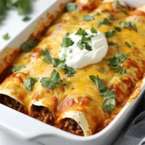 - 1 lb ground beef - 1 small onion, finely chopped - 2 cloves garlic, minced - 1 teaspoon ground cumin - 1 teaspoon chili powder - 1 can (15 oz) black beans, rinsed and drained - 1 cup corn (fresh, frozen, or canned) - 2 cups enchilada sauce (red or green) - 8 small flour or corn tortillas - 2 cups shredded cheese (cheddar or a Mexican blend) - Fresh cilantro, for garnish - Sour cream, for serving You can add more flavor with some optional items. Here are some ideas: - Jalapeños for heat - Bell peppers for crunch - Avocado for creaminess - Lime juice for zest - Green onions for a fresh touch Choosing good ingredients can make your enchiladas great. Here’s how: - Ground Beef: Look for lean beef with a good color. Avoid any with a lot of fat. - Onion and Garlic: Pick fresh ones without blemishes. Strong scents mean they are fresh. - Beans: Use low-sodium canned beans for a healthier option. Rinse them well. - Corn: Frozen corn often tastes sweeter. Fresh corn is great if in season. - Tortillas: Choose soft tortillas that don’t crack when rolled. Look for whole grain options if you prefer. - Cheese: Buy blocks of cheese and shred it yourself for better flavor and melt. - Sauce: Choose a brand you love or make your own for a personal touch. Using quality ingredients makes your beef enchiladas taste better and more authentic. Enjoy the process of selecting fresh, vibrant flavors! {{ingredient_image_2}} First, I heat a skillet over medium heat. I add 1 pound of ground beef. I use a wooden spoon to break it apart. I cook it until it turns brown, about 5-7 minutes. After that, I drain any extra fat. This makes the filling leaner. Next, I add 1 small chopped onion and 2 minced garlic cloves to the skillet. I sauté them for about 3-4 minutes. I wait until the onion is soft and clear. This adds great flavor to the beef. Then, I stir in 1 teaspoon each of ground cumin and chili powder. I also add 1 can of black beans, rinsed and drained, and 1 cup of corn. I mix everything and cook for another 2-3 minutes. I want the flavors to blend well. Once done, I take the skillet off the heat. Now, I preheat my oven to 350°F (175°C). This helps the enchiladas bake evenly. I pour 1 cup of enchilada sauce into a baking dish. I spread it evenly on the bottom. This keeps the enchiladas from sticking. I take a tortilla and place about ¼ cup of the beef filling in the center. I top it with a tablespoon of cheese. Then, I roll the tortilla tightly, starting from one end. I place it seam-side down in the dish. I repeat this with the rest of the tortillas and filling. I want them snug in the dish. After that, I pour the remaining enchilada sauce over the tortillas. I cover each one well. Finally, I sprinkle the leftover cheese on top. I cover the baking dish tightly with aluminum foil. This traps the moisture. I bake them in the oven for 20 minutes. After 20 minutes, I remove the foil. I bake them for another 10-15 minutes. I check that the cheese is melted and bubbly. It should be lightly golden on top. Once they are done, I take them out and let them cool for about 5 minutes. I like to garnish them with fresh cilantro. I serve them with sour cream on the side for a tasty treat. To make your beef enchiladas truly shine, focus on the beef. Start by browning it well. Use medium heat and break it apart in the skillet. This method adds a rich flavor. Next, add the onion and garlic. Sauté them until soft. This step builds depth in taste. Don’t rush these parts. The goal is to layer flavors. Soggy enchiladas are a common problem. To avoid this, always use a good sauce. Pour some sauce in the baking dish first. This keeps the bottom from getting wet. Also, roll the tortillas tightly. A loose roll can lead to filling escaping during baking. Finally, cover with foil while baking, then remove it for the last minutes. This helps the cheese crisp up. When serving, keep it simple and fresh. A sprinkle of cilantro adds color and taste. Sour cream is a must-have on the side. It gives a cool contrast to the warm enchiladas. You can also add avocado or a slice of lime for extra zing. Serve directly from the baking dish for a casual vibe. This dish is perfect for family meals or gatherings. Pro Tips Use Fresh Ingredients: Fresh vegetables and high-quality cheese can elevate the flavors of your enchiladas significantly. Customize the Spice Level: Adjust the amount of chili powder and cumin based on your heat preference. Adding diced jalapeños can also give it a nice kick! Make Ahead: Assemble the enchiladas a day in advance and store them in the refrigerator overnight. Just bake them when you're ready to serve. Experiment with Fillings: Feel free to swap out the beef for shredded chicken or add more veggies like bell peppers or spinach for a healthier twist. {{image_4}} You can make a tasty vegetarian version of enchiladas. Instead of beef, use a mix of black beans, corn, and bell peppers. Add some sautéed mushrooms for a savory taste. You can even include tofu for added protein. Use the same enchilada sauce and cheese to keep the dish classic and comforting. If you love heat, spice things up! Add chopped jalapeños or serrano peppers to the beef filling. You can also use a spicy enchilada sauce or mix in some cayenne pepper. This gives your enchiladas a nice kick. Adjust the spice level to fit your taste. Cheese makes enchiladas extra delicious. While cheddar and Mexican blend are great choices, you can try others too. Queso blanco adds a creamy texture, while pepper jack gives a spicy twist. Feel free to mix different cheeses for more flavor. Just make sure to use a cheese that melts well for that perfect gooey finish. To store leftover enchiladas, let them cool first. Place them in an airtight container. Make sure to cover them well. You can keep them in the fridge for up to three days. This helps keep the flavors fresh. If you want to freeze enchiladas, it’s best to do this before baking. Wrap each enchilada in plastic wrap. Then, place them in a freezer-safe bag. They can last up to three months. When you are ready to eat them, just thaw them in the fridge overnight. To reheat enchiladas, preheat your oven to 350°F (175°C). Place the enchiladas in a baking dish. Cover with foil to keep them moist. Bake for about 20 minutes. If you like, you can add extra cheese on top. Enjoy your delicious dish! You can use many options. Ground turkey or chicken works well. For a plant-based option, try lentils or black beans. Each choice brings a unique flavor. Just cook it the same way as beef. Yes, you can! Feel free to swap red enchilada sauce for green. You can also use salsa or mole. Each sauce offers new tastes and colors to your dish. Beef enchiladas last about three to four days in the fridge. Make sure to store them in an airtight container. This keeps them fresh and tasty for your next meal. Yes, you can make enchiladas ahead! Prepare them, then cover and refrigerate before baking. When you're ready, just bake as normal. This saves time on busy days. In this post, we explored the ingredients and steps for making beef enchiladas. You learned how to prepare a tasty beef filling, assemble the enchiladas, and bake them to perfection. I shared tips to enhance flavor and to avoid sogginess. You also saw variations to try, including vegetarian and spicy options. Finally, we discussed storage and reheating methods. This dish is versatile and fun to make. Enjoy experimenting with your own enchilada recipes!