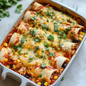 For these healthy chicken enchiladas, you will need: - 1 pound boneless, skinless chicken breast - 1 cup black beans, rinsed and drained - 1 cup corn kernels (choose fresh, frozen, or canned as preferred) - 1/2 cup diced red bell pepper - 1/2 cup diced yellow onion - 1 teaspoon ground cumin - 1 teaspoon chili powder - 1/2 teaspoon garlic powder - Salt and black pepper, to taste - 1 cup salsa (opt for low-sodium) - 6 whole wheat tortillas - 1 cup shredded low-fat cheese (Monterey Jack or Cheddar recommended) These ingredients come together to make a filling meal. The boneless chicken breast is lean and packed with protein. Black beans and corn add fiber and nutrients. Whole wheat tortillas are a great choice for healthy carbs, while low-fat cheese keeps the dish creamy without too much fat. To make your enchiladas even better, consider adding: - Fresh cilantro - Greek yogurt or avocado These toppings enhance flavor and add freshness. Cilantro gives a nice herb taste. Greek yogurt or avocado adds creaminess and healthy fats. When shopping for your ingredients, look for: - Low-sodium salsa options Low-sodium salsa helps keep the dish heart-healthy. Most salsas pack in a lot of salt, so choosing low-sodium is smart. - Benefits of whole grains and lean proteins Whole grains like whole wheat tortillas offer more fiber. Lean proteins, like chicken, keep you full and help build muscle. This combination makes for a nutritious meal you can enjoy guilt-free. {{ingredient_image_2}} To start, boil the chicken breast. Fill a pot with water and bring it to a boil. Once boiling, add the chicken breast. Cook it for about 15 to 20 minutes. The chicken should not be pink inside. After cooking, take the chicken out and let it cool. Shred the chicken using two forks and set it aside. This step gives you tender, juicy chicken for your enchiladas. Next, heat a large skillet over medium heat. Add diced onion and red bell pepper to the skillet. Sauté these vegetables for about 5 to 7 minutes. They should become soft and fragrant. After that, mix in the shredded chicken, black beans, corn, cumin, chili powder, garlic powder, salt, and black pepper. Stir everything well. Cook this mixture for an additional 3 to 5 minutes. This will heat everything and blend the flavors nicely. Now, it is time to assemble the enchiladas. Grab a 9x13 inch baking dish and spread a thin layer of salsa on the bottom. This helps keep the enchiladas moist. On a flat surface, take a tortilla and place about 1/3 cup of the chicken filling in the center. Roll the tortilla tightly from one end to the other. Make sure the filling stays inside. Place it seam-side down in the baking dish. Repeat this for the remaining tortillas. Once done, pour the leftover salsa over the top of the enchiladas. Finally, sprinkle shredded cheese on top. Cover the baking dish tightly with aluminum foil. This helps prevent the enchiladas from drying out while baking. Place the dish in your preheated oven at 375°F (190°C) and bake for 20 minutes. After that, take off the foil and bake for another 10 minutes. The cheese should melt and turn golden brown. Once baked, remove the dish from the oven. Let it cool for a few minutes before serving. Enjoy your healthy chicken enchiladas! To keep your enchiladas moist, cover them with foil while baking. This traps steam and prevents dryness. Bake them for 20 minutes with the foil on. Then, remove the foil and bake for another 10 minutes. This lets the cheese melt nicely without losing moisture. You can prepare enchiladas ahead of time. Assemble them and store them in the fridge for up to two days. For longer storage, freeze them before baking. Wrap them tightly in plastic wrap and foil. When ready to eat, bake straight from the freezer, adding extra time as needed. The ingredients in these enchiladas offer great health benefits: - Chicken: High in protein and low in fat. It helps build strong muscles. - Black beans: Full of fiber and protein, they aid digestion and keep you full. - Vegetables: Rich in vitamins and minerals, they boost your immune system. - Whole wheat tortillas: Provide more fiber than regular tortillas, helping with heart health. Understanding these benefits helps you appreciate the meal even more! Pro Tips Perfectly Shredded Chicken: To achieve tender shredded chicken, poach the chicken breasts gently in simmering water rather than boiling, which can lead to tough meat. Customize Your Filling: Feel free to add more vegetables like zucchini or spinach to the filling for added nutrition and flavor. Cheese Choices: Experiment with different types of cheese such as Pepper Jack for a spicy kick or Queso Fresco for a milder flavor. Make Ahead: You can prepare the enchiladas a day in advance. Just cover them tightly and refrigerate before baking. Add an extra 5-10 minutes to the baking time if cooking from cold. {{image_4}} You can easily make these enchiladas vegetarian. Just swap the chicken for more veggies or tofu. Use ingredients like zucchini, mushrooms, or spinach. They add great flavor and texture. Tofu is also a great choice. It soaks up the spices well and keeps the dish hearty. This way, you keep the same delicious taste while making it plant-based. If you want to try other proteins, turkey or beef works well. Ground turkey is lean and cooks fast. It has a mild taste, which pairs beautifully with spices. Beef can be used for a richer flavor. You can also go for plant-based proteins like lentils or chickpeas. These options make the dish versatile and appealing to many tastes. Make your enchiladas unique by adding different spices or sauces. Try smoked paprika for a smoky touch or extra chili powder for heat. You can also mix in fresh herbs like cilantro or oregano for added freshness. Want a creamy kick? Add some sour cream or a drizzle of avocado sauce on top. These small changes can transform your dish and keep it exciting every time you cook it. To keep your enchiladas fresh, store them in the fridge. Use an airtight container. This helps keep the flavors intact. You can also cover the dish tightly with plastic wrap or aluminum foil. Make sure to eat them within three to four days for the best taste. When reheating, keep the enchiladas moist. Preheat your oven to 350°F (175°C). Place the enchiladas in an oven-safe dish. Add a splash of salsa or broth to keep them from drying out. Cover the dish with foil and heat for about 15-20 minutes. You can also use the microwave. Heat them for one to two minutes. Check if they are warm all the way through. If you want to save some for later, freezing is a great option. Wrap each enchilada tightly in plastic wrap. Place them in a freezer-safe bag or container. Make sure to remove as much air as possible. You can freeze them for up to three months. To thaw, move them to the fridge overnight. Reheat them in the oven or microwave as mentioned above. Enjoy your meal whenever you want! Yes, you can make these enchiladas gluten-free easily. Use corn tortillas instead of whole wheat tortillas. Many brands offer gluten-free options. Check the labels to ensure they meet your needs. You can also use gluten-free flour for thickening sauces if needed. This way, everyone can enjoy a delicious meal without worry. To kick up the spice, consider adding jalapeños or diced green chilies to the filling. You can mix in a dash of cayenne pepper or red pepper flakes for extra heat. If you like it really spicy, use spicy salsa instead of mild. Adjust the heat to your taste, and enjoy the bold flavors. These enchiladas go well with many sides. A fresh salad with tomatoes, avocado, and lime adds brightness. You can also serve brown rice or quinoa for a hearty option. Roasted vegetables like zucchini or bell peppers complement the dish nicely. Consider a side of black beans for extra protein and fiber, too. Healthy chicken enchiladas offer a tasty way to enjoy good nutrition. You need boneless chicken, veggies, and whole wheat tortillas. Cooking steps like boiling and sautéing keep it simple. Tips help make your dish moist and flavorful. You can customize with different proteins or toppings too. In the end, making healthy choices can still taste great. Enjoy these enchiladas and feel good about what you eat.
