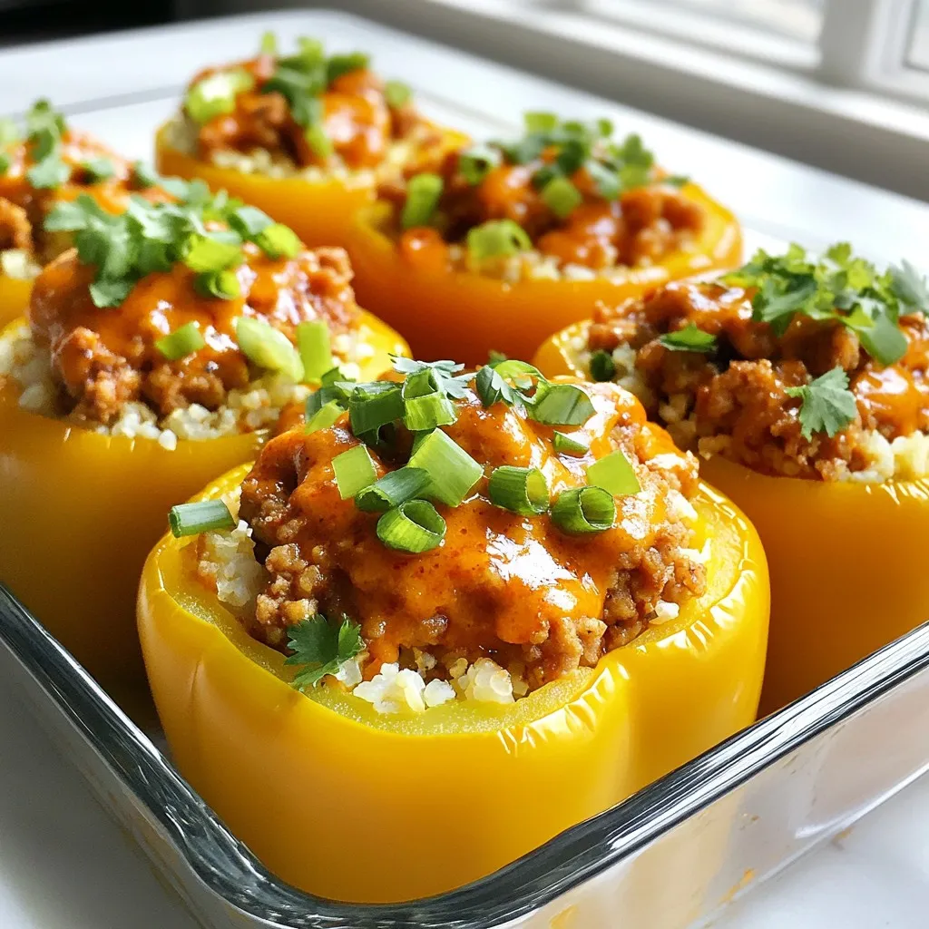 - 4 large bell peppers (any vibrant color you prefer) - 1 lb ground chicken, lean and flavorful - 1/2 cup cauliflower rice (can be fresh or frozen) - 1/4 cup hot sauce (ensure it's Whole30 compliant for an added zing) - 1 tablespoon olive oil for sautéing - 1 teaspoon smoked paprika for a rich depth - 1 teaspoon onion powder for extra flavor - Salt and pepper to taste for seasoning - 1/4 cup green onions, sliced (for a fresh garnish) - 1/4 cup fresh cilantro, chopped (for a herbaceous touch) When you gather these ingredients, focus on quality. Fresh bell peppers add color and crunch. Lean ground chicken provides flavor while keeping it healthy. Cauliflower rice is a great, low-carb option. For the spices, choose a hot sauce that fits Whole30 rules. It should bring heat without added sugar. Olive oil helps to sauté the onion and garlic, making them sweet and tasty. Smoked paprika adds depth, and onion powder enhances the overall taste. Salt and pepper are key for balancing flavors. For garnishes, green onions add freshness, and cilantro gives a burst of flavor. These simple touches make your dish look and taste great. Enjoy the process of gathering these ingredients. Each one plays a vital role in creating a delicious meal. {{ingredient_image_2}} - Preheat the oven: Begin by preheating your oven to 375°F (190°C). This ensures a hot oven for baking. - Prepare the bell peppers: Slice the tops off the bell peppers. Remove the seeds and membranes inside. Stand the cleaned peppers upright in a baking dish. - Sauté aromatics: In a large skillet, heat 1 tablespoon of olive oil over medium heat. Add 1 small onion, finely chopped, and 2 cloves of minced garlic. Sauté until the onion is soft and fragrant. This takes about 3 minutes. - Brown the chicken: Increase the heat to medium-high. Add 1 pound of ground chicken to the skillet. Cook, breaking it apart with a wooden spoon, until browned. This takes about 5-7 minutes. - Add flavor ingredients: Once browned, stir in 1/2 cup cauliflower rice, 1/4 cup hot sauce, 1 teaspoon smoked paprika, 1 teaspoon onion powder, and salt and pepper to taste. Cook for another 3-4 minutes until heated through. - Stuff the peppers: Spoon the spicy buffalo chicken mixture into each bell pepper. Pack them tightly for a full flavor. - Bake and garnish: Place the stuffed peppers upright in the baking dish. Cover with aluminum foil and bake for 25-30 minutes. Remove the foil and bake for an extra 10-15 minutes. The peppers should be tender and slightly charred. Once out of the oven, let them cool slightly. Garnish with sliced green onions and fresh cilantro before serving. - Choose the right hot sauce: Pick a Whole30-friendly hot sauce. Look for one with simple ingredients, like vinegar and peppers. This choice keeps your dish spicy and compliant. - Best practices for sautéing ground chicken: Use a non-stick pan to avoid sticking. Heat the oil first, then add the onion and garlic. This builds flavor and keeps the chicken moist. Cook until the chicken is no longer pink. - Presentation ideas: Serve the stuffed peppers on a colorful platter. Add fresh herbs around them for a bright touch. Use vibrant plates to make the dish pop. - Pairings with side dishes: These peppers pair well with a fresh salad. Try a simple cucumber salad or a crunchy slaw. They add a nice crunch and balance the heat. - Overcooking the chicken: Cook the chicken just until browned. Overcooking makes it dry. Keep an eye on it to ensure it stays juicy. - Not seasoning adequately: Don’t skip the salt and pepper. They enhance the flavors. Taste your filling before stuffing the peppers to make sure it’s just right. Pro Tips Choose Colorful Peppers: Opt for a variety of bell pepper colors to not only enhance presentation but also add different flavors and nutrients to your dish. Customize the Heat: Adjust the amount of hot sauce according to your spice preference. You can start with less and add more to suit your taste. Cauliflower Rice Freshness: If using frozen cauliflower rice, be sure to thaw and drain it well to avoid excess moisture in the filling. Rest Before Serving: Allow the stuffed peppers to rest for a few minutes after baking. This helps the flavors settle and makes them easier to serve. {{image_4}} You can switch up the protein in stuffed peppers. Ground turkey works well and has a mild taste. You might also try shredded beef or pork for a different flair. If you want a vegetarian or vegan option, use black beans or lentils. These add protein without meat. You can mix in some quinoa for texture and nutrition too. Not all peppers are the same. Mini bell peppers make cute, bite-sized options. They are fun to serve at parties. You can also use poblano peppers for a spicier kick. These peppers add heat and flavor. Try jalapeño peppers if you really love spice. Just be careful; they can be very hot! Herbs can change the taste of your dish. Adding fresh basil or oregano brings a new taste. You might also try cilantro for a fresh twist. If you crave more heat, add crushed red pepper flakes. Adjust the hot sauce based on your spice level. Taste as you go to find what you love most. To keep your stuffed peppers fresh, place them in an airtight container. Store them in the fridge. They will stay good for up to four days. If you want to keep them longer, freezing is a great option. Wrap each pepper in plastic wrap, then place them in a freezer-safe bag. This method helps prevent freezer burn. When it's time to eat your leftovers, you want them warm and tasty. The best way to reheat stuffed peppers is in the oven. Preheat the oven to 350°F (175°C). Place the peppers in a baking dish and cover them with foil. Heat for about 20 minutes. This keeps them moist and flavorful. You can also use a microwave. Just heat them for 2-3 minutes, but the oven method works best for texture. In the fridge, your stuffed peppers will keep for about four days. After that time, they may start to spoil. Signs of spoilage include a sour smell or mold on the peppers. If you see these signs, it is best to throw them away. Always trust your nose and eyes when checking for freshness. Yes, this recipe is Whole30 compliant. Whole30 allows no added sugars, grains, or dairy. It focuses on whole foods like veggies, meats, and healthy fats. This recipe uses ground chicken, fresh vegetables, and compliant hot sauce. Always check labels to ensure your hot sauce meets Whole30 rules. Yes, you can use cooked chicken. Just shred or chop it into small pieces. You need about 1 pound of cooked chicken. Add it after you sauté the onions and garlic. Cook it for 3-4 minutes with the other ingredients to blend flavors. Pair these stuffed peppers with a fresh salad. A simple green salad or coleslaw works well. You could also serve them with roasted veggies or a side of compliant dipping sauce. These options add color and crunch to your meal. This blog post shows you how to make delicious Buffalo Chicken Stuffed Peppers. You learned about the key ingredients, like ground chicken and bell peppers. I provided step-by-step instructions to help you prepare, cook, and bake your dish. Remember the tips to avoid common mistakes and explore variations to suit your taste. Making this recipe can bring joy to your meals. So, gather your ingredients and get cooking! Enjoy the experience of creating something tasty.